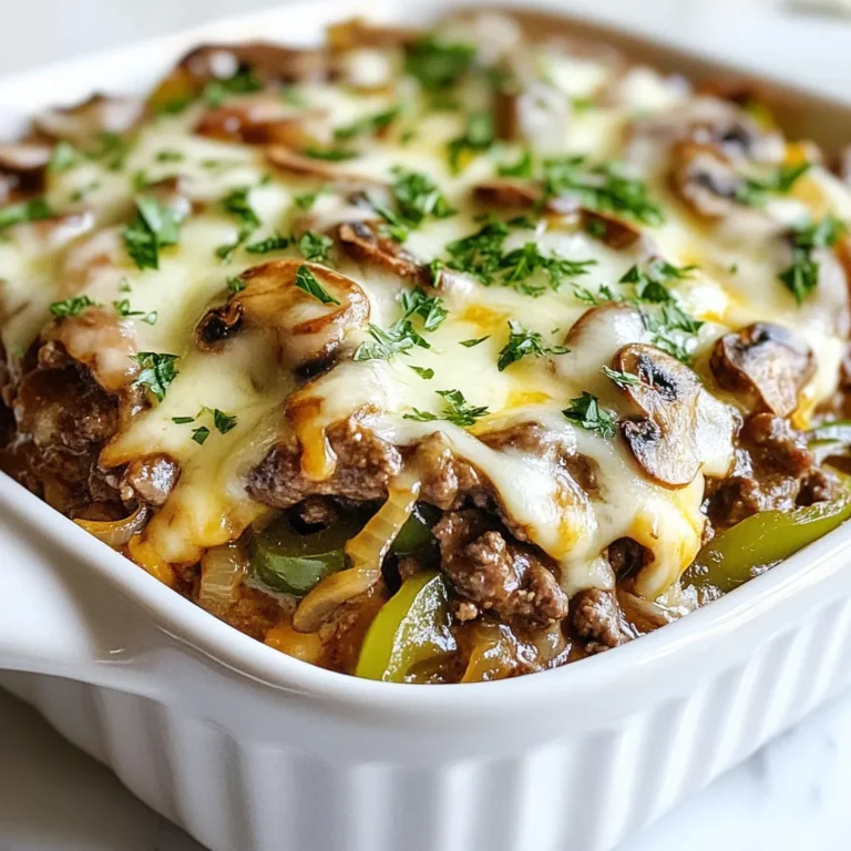 To make this Keto Philly Cheesesteak Casserole, gather these items: - 1 lb ground beef - 1 lb thinly sliced ribeye (or flank steak) - 1 medium onion, sliced - 1 medium green bell pepper, sliced - 1 cup mushrooms, sliced - 2 cloves garlic, minced - 1 teaspoon Worcestershire sauce - 1 teaspoon Italian seasoning - Salt and pepper to taste - 1 cup cream cheese - 1 cup shredded provolone cheese - 1 cup shredded mozzarella cheese - 2 tablespoons olive oil You can swap some ingredients if needed: - Use chicken or turkey instead of beef. - Try other veggies like zucchini or spinach. - Cream cheese can be replaced with sour cream for a tangy twist. - Choose cheddar or gouda in place of provolone. - For a dairy-free option, use vegan cream cheese. This casserole serves six and is low in carbs. Each serving has: - Calories: 450 - Protein: 30g - Fat: 35g - Carbs: 5g - Fiber: 1g This dish packs flavor while keeping your meal plan on track. Adjust the ingredients based on your taste and dietary needs. Enjoy the cooking! {{ingredient_image_1}} 1. Start by preheating your oven to 375°F (190°C). 2. In a large skillet, heat 1 tablespoon of olive oil over medium heat. 3. Add the sliced onion and green bell pepper. Sauté for 5 minutes until soft. 4. Next, add the minced garlic and cook for an additional minute. 5. Remove the veggies from the skillet and set them aside. 6. In the same skillet, add another tablespoon of olive oil and the ground beef. 7. Cook until the beef is browned, about 6 to 8 minutes. Break it apart as it cooks. 8. Drain any excess grease after browning the beef. 1. Stir in the thinly sliced ribeye, Worcestershire sauce, Italian seasoning, salt, and pepper. 2. Cook for 2 to 3 minutes until the beef is just cooked through. 3. Add the sautéed veggies and mushrooms to the beef mixture. Mix well. 4. Lower the heat and mix in the cream cheese until melted. This makes it creamy. 5. Transfer the mixture to a greased 9x13 inch baking dish. 6. Evenly top with shredded provolone and mozzarella cheese. 7. Bake in the oven for about 20 minutes. You want the cheese to be bubbly and golden. 8. Once done, remove from the oven and let it cool for a few minutes. - Serve hot and garnish with fresh parsley. - Pair it with cauliflower rice for a complete meal. - This dish is great for family dinners or meal prep. To get the best texture in your Keto Philly Cheesesteak Casserole, focus on the meat. Use both ground beef and thinly sliced ribeye. This mix gives you the right chewiness. Cook the beef until it is just browned. Overcooking it makes it tough. Also, when you add the cream cheese, stir well until it melts. This makes the dish creamy and smooth. One common mistake is not draining the grease from the cooked beef. This can make your casserole oily. Another error is cooking the veggies too long. You want them soft, not mushy. Lastly, don’t skimp on the cheese! The toppings should be generous. This helps create a nice, bubbly crust. For more flavor, add a splash of Worcestershire sauce. It works wonders with the beef. You can also mix in extra herbs. Try adding fresh parsley or thyme. For a kick, add red pepper flakes. Serve with a side of cauliflower rice. This adds texture and keeps it keto-friendly. Pro Tips Use Quality Meat: Choosing high-quality ribeye or flank steak will enhance the flavor and tenderness of your casserole. Chop Veggies Evenly: Ensure that your onions, bell peppers, and mushrooms are sliced uniformly to promote even cooking and texture. Experiment with Cheese: Feel free to mix different cheeses like cheddar or gouda for a unique flavor profile. Let It Rest: Allow the casserole to cool for a few minutes after baking; this helps the layers set and makes serving easier. {{image_2}} You can make a tasty vegetarian version of this casserole. Replace the meats with hearty veggies. Use a mix of eggplant, zucchini, and mushrooms. These veggies add great texture and flavor. You still want to keep the onions and bell peppers. They provide sweetness and crunch. For protein, add some cooked lentils or chickpeas. This will make your dish filling and nutritious. If you like heat, spice things up! Add jalapeños or crushed red pepper flakes. Mix them into the beef as you cook. You can also use pepper jack cheese for an extra kick. This cheese melts well and pairs nicely with beef. Don't forget to taste as you go. Adjust spice levels to match your preference. Cheese is key in this casserole. While provolone and mozzarella work great, other cheeses can shine too. Try using gouda for a smoky flavor. Cheddar adds sharpness, which is also delightful. If you want a creamier texture, consider using ricotta or cream cheese. Mix and match these cheeses to create your unique blend. Just ensure they melt well for that perfect topping. To store leftovers, first let the casserole cool down. Once it’s cool, cover it tightly with plastic wrap or aluminum foil. You can also use an airtight container. Store it in the fridge for up to three days. This keeps it fresh and tasty for your next meal. When you're ready to enjoy the leftovers, preheat your oven to 350°F (175°C). Place the casserole in an oven-safe dish. Cover it with foil to keep it from drying out. Heat for about 15-20 minutes or until warm. You can also microwave individual portions. Just warm them for 1-2 minutes, checking to see if they are hot. If you want to freeze the casserole, let it cool completely first. Then, wrap it tightly in plastic wrap and foil, or place it in a freezer-safe container. It can stay in the freezer for up to three months. When you're ready to eat it, thaw it overnight in the fridge before reheating. This helps keep the texture and flavor just right. Yes, you can use other meats. Ground turkey or chicken works well. You can also try pork for a different taste. Just make sure to adjust cooking times as needed. Each meat has a unique flavor and texture. This gives you many options to enjoy the casserole. To make this casserole dairy-free, replace cream cheese with a dairy-free option. Use cashew cream or coconut cream instead. For cheese, try dairy-free shredded cheese or nutritional yeast. Both can add creaminess and flavor without dairy. Check the labels to ensure they fit your diet. Great sides include cauliflower rice or a simple green salad. Roasted broccoli or asparagus also works well. You can even serve it with zoodles for a fun twist. These sides add freshness and balance to the rich casserole. Enjoy your meal with a light and tasty side! You learned about the key ingredients for the Keto Philly Cheesesteak Casserole and their substitutes. I shared step-by-step instructions for preparation, cooking, and serving. Tips help you get the best texture and avoid mistakes. I offered variations, like a spicy version and vegetarian options. Finally, I covered storage, reheating, and answered FAQs. This dish is versatile and packed with flavor. You can customize it to fit your taste. Enjoy making this comforting casserole your own!