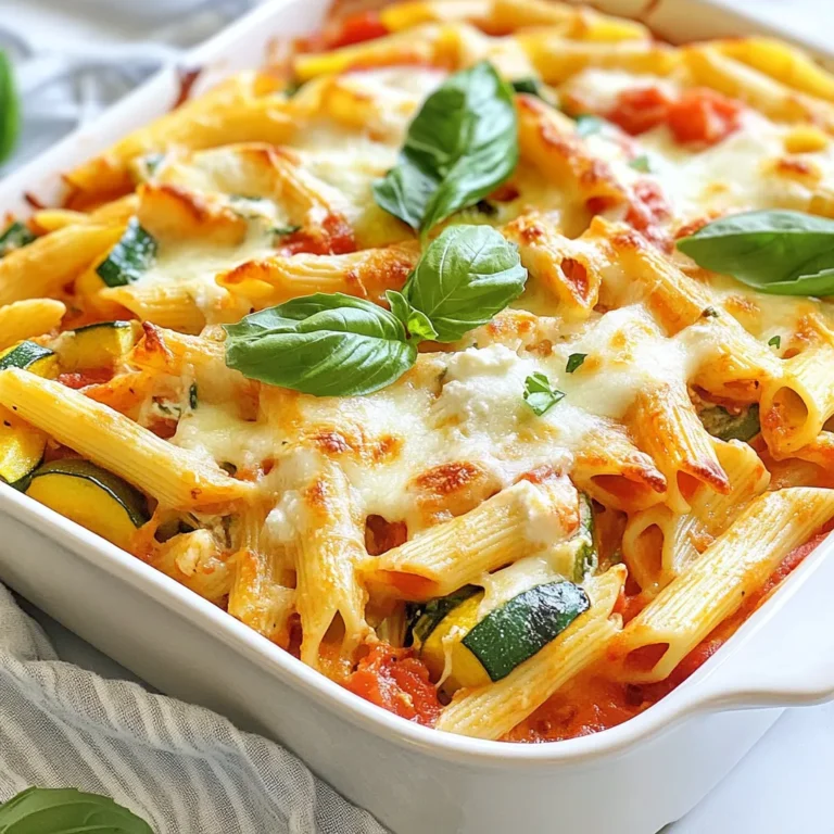 - 300g penne pasta - 2 cups mixed vegetables (e.g., bell peppers, zucchini, spinach) - 1 cup marinara sauce - 1 cup ricotta cheese - 1 cup shredded mozzarella cheese - 1/2 cup grated Parmesan cheese - 2 cloves garlic, minced - 1 teaspoon dried oregano - 1 teaspoon dried basil - Salt and pepper to taste - 2 tablespoons olive oil - Fresh basil leaves for garnish Pasta is the star of this dish. I love penne for its shape, which holds sauce well. The mixed vegetables add color and flavor. You can use bell peppers, zucchini, or spinach. They all work great! Marinara sauce gives the bake a rich taste. Ricotta cheese makes it creamy and smooth. I also like to add mozzarella for that gooey, melty goodness. Finally, a sprinkle of Parmesan adds a nice salty finish. For seasoning, minced garlic brings a lovely aroma. Oregano and basil add depth. Salt and pepper will enhance all the flavors. Olive oil is essential for cooking the veggies and adding richness. Top it off with fresh basil leaves for a pop of color and flavor. This dish is simple yet full of taste. You can mix and match the ingredients to suit your family's taste. {{ingredient_image_1}} - Preheat your oven to 180°C (350°F). - Cook the penne pasta until al dente according to the package. This step is key. Cooking the pasta just right helps it hold its shape in the bake. Al dente means the pasta is firm when you bite it. If you overcook it, it will turn mushy in the oven. So set a timer and keep an eye on it. Drain the pasta and set it aside. - Heat olive oil in a skillet. - Add minced garlic and mixed vegetables. Grab a large skillet and heat the olive oil over medium heat. Olive oil adds a nice flavor and helps your veggies cook evenly. Once the oil is hot, add minced garlic. Stir for about one minute until it smells amazing. Next, toss in your mixed vegetables. I love using bell peppers, zucchini, and spinach. Cook them for 5-7 minutes. You want them slightly tender but still crisp. Season with oregano, basil, salt, and pepper. This adds depth to the dish. - Mix cooked pasta with vegetables, marinara, and cheeses. - Transfer the mixture to a baking dish. In a large bowl, combine the cooked pasta with the sautéed veggies. Then add marinara sauce, ricotta cheese, and half of the shredded mozzarella. Stir until everything is well mixed. This is where all the flavors come together. Once combined, pour the mixture into a greased baking dish. Spread it out evenly. Top it with the remaining mozzarella and grated Parmesan. This will create a delicious golden crust when baked. - Ensuring pasta is al dente before baking: Cook the penne pasta just right. You want it firm, not mushy. Follow the package time but check a minute early. This helps the pasta hold up during baking. Overcooked pasta turns soft and soggy, so stay alert! - How to sauté vegetables for optimal flavor: Use a large skillet and heat olive oil over medium heat. Add minced garlic first for a fragrant base. Cook for one minute, then add your mixed vegetables. Stir and cook for about 5-7 minutes. You want them tender but still bright. Season with oregano, basil, salt, and pepper for full flavor. - Substitute ricotta with cottage cheese: Cottage cheese works well if you want a lighter option. It gives a nice texture and adds protein. Blend it a bit for a smoother feel. - Alternative cheeses for topping: Try different cheeses on top! Cheddar adds a sharp flavor. Feta crumbles bring a salty touch. Goat cheese can create a creamy finish. Mix and match your favorites! - Additional herbs you can use: Fresh herbs can make a big difference. Try parsley for freshness. Thyme adds earthiness. You can even use a bit of rosemary for a bold taste. Fresh herbs bring brightness to your dish. - Adding spices for extra kick: Spice things up! A pinch of red pepper flakes gives heat. A dash of paprika adds depth. Experiment with your favorite spices to create a unique flavor profile. Pro Tips Use Fresh Vegetables: Fresh vegetables enhance the flavor and texture of your pasta bake. Try to use seasonal produce for the best results. Mix Up the Cheese: For a more complex flavor, consider mixing different types of cheese such as Gouda or cheddar along with mozzarella and Parmesan. Make It Ahead: You can prepare the pasta bake a day in advance. Just assemble it and store it in the fridge, then bake it when ready to serve. Experiment with Sauces: While marinara sauce works great, feel free to experiment with other sauces like Alfredo or pesto to give your bake a unique twist. {{image_2}} You can make your vegetable pasta bake even heartier by adding protein. If you enjoy chicken, consider adding cooked, shredded chicken. It blends nicely with the pasta and veggies. For a meat-free option, tofu works great too. Just cube it and sauté it with your vegetables. Legumes are another excellent choice. Chickpeas or black beans add texture and protein. Mix them into your pasta bake for a filling meal. This not only boosts nutrition but also adds a unique taste. If you're looking for gluten-free options, you're in luck! Many stores sell gluten-free pasta. Look for options made from rice, corn, or lentils. They cook like regular pasta and fit right into this dish. You can also make your own gluten-free pasta. A simple blend of rice flour and tapioca can work wonders. Just mix the flours with water and knead until smooth. Roll it out and cut it to your liking. For those who want a vegan dish, there are tasty dairy-free cheese options. Look for brands that offer plant-based mozzarella. It melts well and gives that creamy texture we all love. If you're missing ricotta cheese, try a mix of blended tofu and nutritional yeast. This combination creates a creamy layer that mimics ricotta. Add some lemon juice for a zesty kick. To keep your vegetable pasta bake fresh, refrigerate it right away. Place it in an airtight container. It is best to cool the dish to room temperature before sealing. This helps prevent moisture buildup. If you have a large portion, cut it into smaller pieces. This makes it easier to store and reheat. You can reheat your pasta bake in two ways: the oven or the microwave. For the oven, preheat it to 180°C (350°F). Cover the dish with foil to keep it moist. Heat for about 20 minutes or until it is warm all the way through. If you use the microwave, heat it in short bursts. Start with one minute at a time. Stir in between to ensure even heating. To keep the pasta bake from drying out, add a splash of marinara sauce or water. Yes, you can freeze vegetable pasta bake! First, let it cool completely. Then, wrap it tightly with plastic wrap. Place it in a freezer-safe container or bag. Label it with the date for easy tracking. To thaw, move it to the fridge overnight. For reheating, use the oven as mentioned above. You can also reheat it straight from the freezer. Just add extra time to the heating process. Enjoy your baked dish even days later! Yes, you can use many types of pasta. Penne works well, but rotini or fusilli are great, too. They hold sauce nicely. You can even try gluten-free pasta if needed. Just adjust the cooking time based on the pasta type. This bake lasts about 3 to 5 days in the fridge. Store it in an airtight container. Make sure it cools down before sealing. If you want it to last longer, consider freezing it. Feel free to mix and match your favorite veggies. Broccoli, carrots, or mushrooms can add great flavors. If you like more greens, try kale or chard. Just remember to chop them into small, even pieces for even cooking. Yes, you can prepare it a day ahead. Assemble the dish, but do not bake it. Cover it tightly and store it in the fridge. When ready, just pop it in the oven. You may need to add a few extra minutes to the baking time. This blog post shared steps to create a delicious vegetable pasta bake. You learned about the key ingredients, from penne pasta to rich cheeses. I provided tips for cooking, storage, and variations for diet needs. Now you can make this dish your own with added proteins or spices. Enjoy the process and share your results. A tasty meal can brighten your day, so let it!