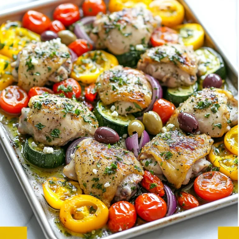 - 4 boneless, skinless chicken thighs - 2 cups cherry tomatoes, halved - 1 red onion, sliced - 1 zucchini, sliced into half-moons - 1 bell pepper (red or yellow), sliced - ¼ cup pitted Kalamata olives - 3 cloves garlic, minced For this dish, chicken thighs are my go-to. They stay juicy and tender during cooking. I add cherry tomatoes for sweetness. Sliced red onion adds a nice bite. Zucchini and bell pepper bring color and freshness. Kalamata olives add a briny flavor, while garlic gives depth. - 3 tablespoons olive oil - 1 tablespoon dried oregano - 1 tablespoon lemon juice - 1 teaspoon salt - ½ teaspoon black pepper - Optional toppings: Feta cheese, fresh parsley I use olive oil as a base for my marinade. It helps keep the chicken moist. Lemon juice gives a bright taste, which balances the richness of the chicken. Dried oregano is a classic Greek herb that adds wonderful flavor. I season with salt and black pepper to enhance everything. If you like, sprinkle feta cheese on top before serving. Fresh parsley adds a pop of color and flavor. {{ingredient_image_1}} - Preheat your oven to 400°F (200°C). - Line a large sheet pan with parchment paper. First, set your oven to 400°F (200°C). This high heat will help cook the chicken and veggies evenly. Next, grab a large sheet pan and line it with parchment paper. This makes cleanup easy and prevents sticking. - Mix chicken and vegetables in a bowl. - Drizzle with olive oil and lemon juice, then add seasonings. In a big bowl, add the chicken thighs, cherry tomatoes, sliced onion, zucchini, bell pepper, olives, and minced garlic. Toss these together so they mix well. Then, drizzle olive oil and lemon juice all over the mix. Sprinkle in the oregano, salt, and black pepper. Mix again to coat everything nicely with the flavors. - Arrange chicken and vegetables on the sheet pan. - Bake for 25-30 minutes, adding feta cheese in the final moments. Now, take the chicken and vegetables from the bowl and spread them out on the prepared sheet pan. Place the chicken thighs in the center, and let the veggies surround them. Bake this in your preheated oven for 25 to 30 minutes. The chicken is done when it reaches 165°F (75°C). If you like feta cheese, sprinkle it on top in the last 5 minutes of baking for a creamy touch. Enjoy the bright flavors of the Mediterranean! To cook chicken thighs just right, check the internal temperature. The safe mark is 165°F (75°C). Use a meat thermometer to measure this. Insert it into the thickest part of the thigh without touching the bone. This ensures your chicken is cooked but still juicy. To keep chicken thighs moist, avoid overcooking. Thighs have more fat than breasts, which helps with dryness. When they rest after cooking, they will stay tender. For a flavor boost, try adding more herbs. Fresh dill or rosemary works well. A pinch of red pepper flakes gives a nice kick. Don’t forget to chop your vegetables evenly. This helps them cook at the same rate. Uneven cuts can lead to some being overcooked while others stay crunchy. For a rustic feel, serve directly from the pan. Guests can help themselves, which is fun. You can also plate each serving. Pair this dish with crusty bread. It’s perfect for soaking up the tasty juices. A fresh salad on the side adds a nice crunch and balance to the meal. Pro Tips Marinate for Flavor: For an extra boost of flavor, consider marinating the chicken thighs in olive oil, lemon juice, and oregano for a few hours or overnight before cooking. Vegetable Variations: Feel free to customize the vegetables based on what's in season or what you have on hand. Eggplant, asparagus, or artichokes can be great additions. Perfectly Roasted Veggies: To ensure even roasting, cut the vegetables into similar sizes and spread them out on the pan so they aren’t overcrowded. Serve with Sides: This dish pairs wonderfully with a side of couscous or a fresh Greek salad to complete your Mediterranean meal. {{image_2}} You can easily swap out vegetables. Try using asparagus or eggplant instead of zucchini. These veggies add a new twist. You may also want to change the protein. Chicken breasts work well here. If you prefer a plant-based option, tofu can step in nicely. To amp up the flavor, play with different marinades. Lemon herb or yogurt-based marinades can add a fresh taste. You can also mix in more Mediterranean ingredients. Artichokes or capers can bring a salty punch. They work well with the olives and garlic. If you need a gluten-free option, this recipe is easy to adapt. Just check that your olive oil and seasonings are gluten-free. For a dairy-free version, skip the feta cheese. You can still enjoy bright flavors without it. Want a vegetarian twist? Use chickpeas instead of chicken. They add protein and absorb all the tasty flavors. These swaps keep the dish fun and exciting. To keep your Greek Sheet Pan Chicken fresh, store it right away. Let it cool for about 30 minutes. Then, place it in a container. Use an airtight container to keep the moisture in. You can use glass or plastic containers. Store it in the fridge for up to three days. When you want to enjoy leftovers, you have two good options. You can use the oven or microwave. For the oven, preheat it to 350°F (175°C). Place the chicken and veggies on a baking tray. Heat for about 15-20 minutes. This helps keep the chicken juicy and the veggies crisp. If you use the microwave, heat in short bursts. Start with one minute, check, and then add more time if needed. This way, you avoid overcooking. If you want to freeze your Greek Sheet Pan Chicken, you can do so before or after cooking. If freezing raw, place the seasoned chicken and veggies in a freezer bag. Remove as much air as possible before sealing. If freezing leftovers, let them cool completely first. Then transfer to a freezer-safe container. For thawing, move the container to the fridge overnight. To reheat, use the oven for the best texture. You can also use the microwave but expect a softer texture. Greek Sheet Pan Chicken is a simple, one-pan dish. It features juicy chicken thighs, fresh vegetables, and bold flavors. You combine chicken with cherry tomatoes, zucchini, red onion, and bell pepper. Kalamata olives and garlic add a Mediterranean twist. Olive oil, lemon juice, and oregano create a tasty marinade. This dish is colorful and healthy, perfect for busy nights. Yes, you can use chicken breasts if you prefer. Chicken breasts are leaner than thighs. They cook faster, so check them early. You may want to add a little more olive oil to keep them moist. Thighs have more flavor due to their fat content. Use whichever cut you enjoy most. To check if the chicken is done, use a meat thermometer. The internal temperature should reach 165°F (75°C). You can also look for clear juices. If the juices run clear, the chicken is cooked. Finally, the chicken should feel firm to the touch. If it’s still soft or squishy, it needs more time. Absolutely! You can prep this dish ahead of time. Cut the vegetables and marinate the chicken in advance. Store everything in the fridge for up to 24 hours. When you’re ready, just spread it on the pan and bake. This saves time on busy days and keeps flavors fresh. This blog post shared a simple, flavorful recipe for Greek Sheet Pan Chicken. You learned about key ingredients like chicken thighs, fresh veggies, and Kalamata olives. I provided step-by-step instructions, tips for perfecting your dish, and variations to suit your taste. Remember, this recipe adapts well. You can switch vegetables or proteins as you like. Enjoy this vibrant meal, and don't hesitate to experiment with flavors. Happy cooking!