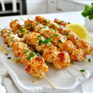 - 1 pound boneless, skinless chicken breasts, cut into 1-inch cubes - 4 cloves garlic, minced - 1/2 cup grated Parmesan cheese - 1/4 cup olive oil - 1 teaspoon paprika - 1 teaspoon dried oregano - 1 teaspoon salt - 1/2 teaspoon black pepper - Juice of 1 lemon - Skewers (wooden or metal) - Mixing bowl - Grill or grill pan To create Garlic Parmesan Chicken Skewers, start with fresh chicken breast. Cut it into 1-inch cubes. This size ensures even cooking. Next, gather your garlic. Minced garlic brings a burst of flavor. Use four cloves for a strong taste. Next, grab your Parmesan cheese. Grate it finely to help it mix well with the marinade. The cheese adds richness to the dish. For the marinade, olive oil is key. It helps blend the flavors and keeps the chicken juicy. Add a teaspoon of paprika for a touch of warmth. Dried oregano brings an earthy note. Don’t forget salt and black pepper! They enhance all the flavors. Squeeze in juice from one lemon. It adds brightness and balances the richness. Now for the tools. You need skewers, either wooden or metal. If you use wooden ones, soak them in water for 30 minutes. This step prevents burning on the grill. A mixing bowl is essential for combining all the marinade ingredients. Lastly, you’ll need a grill or grill pan to cook your skewers. With these ingredients and tools, you're ready to make delicious Garlic Parmesan Chicken Skewers! To start, gather your ingredients for the marinade. In a large mixing bowl, combine the minced garlic, grated Parmesan cheese, and olive oil. Stir these together until they blend well. Next, add paprika, dried oregano, salt, black pepper, and the juice of one lemon. Mix again until smooth. This marinade adds rich flavor to the chicken. Once your marinade is ready, it's time to work with the chicken. Cut the boneless, skinless chicken breasts into 1-inch cubes. Add these cubes to the bowl with the marinade. Use a spoon or your hands to coat each piece well. Make sure every chicken piece is covered in that tasty mix. Cover the bowl with plastic wrap and place it in the fridge. Let it marinate for at least 30 minutes. If you have time, let it sit for up to 2 hours. The longer you marinate, the better the flavor! Now, preheat your grill or grill pan to medium-high heat. If you are using wooden skewers, soak them in water for 30 minutes. This helps prevent burning. Next, take the marinated chicken from the fridge. Thread the chicken pieces onto the skewers, leaving a little space between them. This helps the heat cook the chicken evenly. Place the skewers on the hot grill. Cook them for about 10 to 12 minutes. Turn them occasionally until they turn golden brown. Make sure the internal temperature reaches 165°F to ensure they are cooked through. Enjoy the mouthwatering aroma as they cook! To keep your chicken juicy, marinate it well. Use the marinade for at least 30 minutes. For even more flavor, let it sit for up to 2 hours. Make sure each piece of chicken gets a good coat of the mixture. For cooking, use medium-high heat. This helps sear the chicken and lock in moisture. Turn the skewers often while grilling. Aim for a light golden brown on the outside. The chicken should reach 165°F inside for safety. When serving, think about how to make it look great. Use a wooden platter or a big serving plate. Place the skewers neatly and add a lemon wedge on the side. This adds color and flavor. For a pop of freshness, sprinkle chopped parsley on top. It looks nice and adds a bright taste. You can also arrange some mixed greens or a pasta salad on the side for balance. This recipe makes enough for four people. A good side dish is mixed greens; they add crunch and freshness. Pasta salad is also a nice choice; it pairs well with the garlic and cheese flavors. For drinks, try a light white wine or lemonade. These drinks complement the chicken without overpowering it. Enjoying these flavors together makes the meal even better! {{image_2}} You can swap chicken for other proteins. Shrimp works great and cooks fast. Tofu is a perfect choice for a plant-based option. Both options soak up the marinade well. If you want, try pork or beef too. Spice up the flavor with fresh herbs. Basil or thyme can add a nice twist. Try smoked paprika for a deeper flavor. You can also add red pepper flakes for some heat. For a tangy twist, mix in some honey or Dijon mustard with the marinade. If you can't grill, you can bake the skewers. Preheat your oven to 400°F. Place the skewers on a sheet pan lined with foil. Bake for about 15-20 minutes, flipping halfway through. Broiling is another option. Set your oven to broil and place the skewers on a broiler pan. Cook for about 10 minutes, watching closely to avoid burning. To keep your garlic Parmesan chicken skewers fresh, store them in the fridge. Place them in an airtight container to prevent drying out. Use a container that fits the skewers without bending them. This way, they stay intact and tasty. When it's time to enjoy leftovers, reheat your skewers carefully. The best method is to use the oven. Preheat it to 350°F. Place the skewers on a baking sheet. Heat for about 10-12 minutes. This keeps the chicken juicy. You can also use a microwave. If you do, cover the skewers with a damp paper towel. This helps to keep the moisture in. If you want to freeze the skewers, make sure they cool down first. Wrap each skewer tightly in plastic wrap. Then, place them in a freezer-safe bag. This way, they won't get freezer burn. To thaw, move them to the fridge overnight. You can also use the microwave on the defrost setting. Then, grill or bake them until hot. Enjoy even after storing! Marinate your chicken for at least 30 minutes. This time allows the chicken to soak up the garlic and Parmesan flavors. If you want more flavor, marinate it for up to 2 hours. The longer it sits, the more tasty it becomes. Just remember, don’t go overboard; too long can make the chicken mushy. Cook your chicken skewers until they reach an internal temperature of 165°F. This temperature is key for safety. It ensures that harmful bacteria are killed. Use a meat thermometer to check the doneness. This way, you can enjoy juicy and safe chicken skewers every time. Yes, you can use other cheeses! Try using mozzarella for a milder taste. Feta can add a tangy twist. Cheddar gives a rich flavor. Each cheese changes the taste a bit, so feel free to experiment. Just make sure the cheese you choose melts well if you plan to grill the skewers. In this post, I covered how to make delicious Garlic Parmesan Chicken Skewers. We discussed the key ingredients, including chicken, garlic, and Parmesan. The marinade brings in rich flavors with spices and olive oil. I shared step-by-step instructions on marinating and grilling for juicy results. Remember, you can customize the recipe with different proteins and flavors. Whether you grill or use an oven, enjoy these tasty skewers at your next meal. Now get cooking and treat yourself!