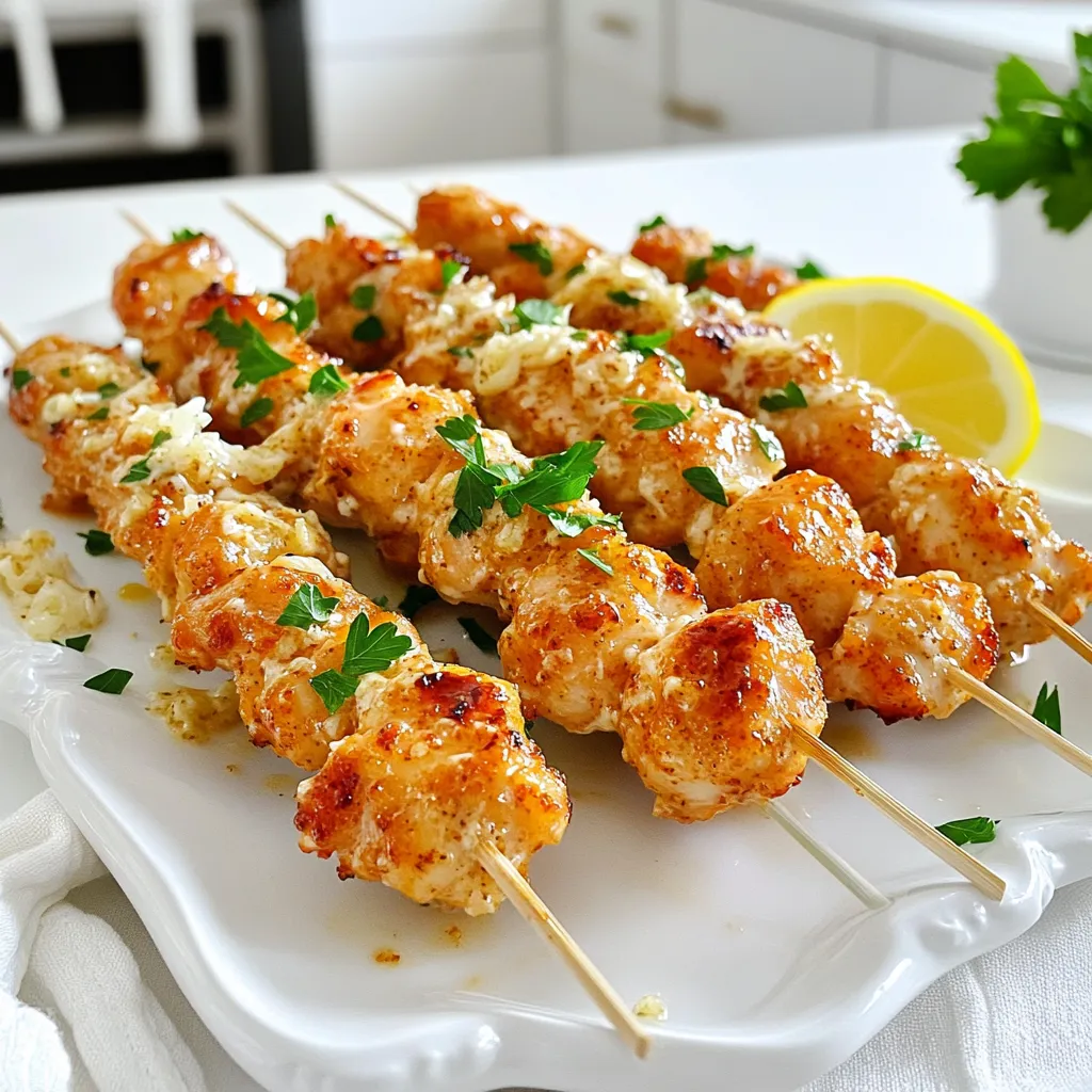 - 1 pound boneless, skinless chicken breasts, cut into 1-inch cubes - 4 cloves garlic, minced - 1/2 cup grated Parmesan cheese - 1/4 cup olive oil - 1 teaspoon paprika - 1 teaspoon dried oregano - 1 teaspoon salt - 1/2 teaspoon black pepper - Juice of 1 lemon - Skewers (wooden or metal) - Mixing bowl - Grill or grill pan To create Garlic Parmesan Chicken Skewers, start with fresh chicken breast. Cut it into 1-inch cubes. This size ensures even cooking. Next, gather your garlic. Minced garlic brings a burst of flavor. Use four cloves for a strong taste. Next, grab your Parmesan cheese. Grate it finely to help it mix well with the marinade. The cheese adds richness to the dish. For the marinade, olive oil is key. It helps blend the flavors and keeps the chicken juicy. Add a teaspoon of paprika for a touch of warmth. Dried oregano brings an earthy note. Don’t forget salt and black pepper! They enhance all the flavors. Squeeze in juice from one lemon. It adds brightness and balances the richness. Now for the tools. You need skewers, either wooden or metal. If you use wooden ones, soak them in water for 30 minutes. This step prevents burning on the grill. A mixing bowl is essential for combining all the marinade ingredients. Lastly, you’ll need a grill or grill pan to cook your skewers. With these ingredients and tools, you're ready to make delicious Garlic Parmesan Chicken Skewers! To start, gather your ingredients for the marinade. In a large mixing bowl, combine the minced garlic, grated Parmesan cheese, and olive oil. Stir these together until they blend well. Next, add paprika, dried oregano, salt, black pepper, and the juice of one lemon. Mix again until smooth. This marinade adds rich flavor to the chicken. Once your marinade is ready, it's time to work with the chicken. Cut the boneless, skinless chicken breasts into 1-inch cubes. Add these cubes to the bowl with the marinade. Use a spoon or your hands to coat each piece well. Make sure every chicken piece is covered in that tasty mix. Cover the bowl with plastic wrap and place it in the fridge. Let it marinate for at least 30 minutes. If you have time, let it sit for up to 2 hours. The longer you marinate, the better the flavor! Now, preheat your grill or grill pan to medium-high heat. If you are using wooden skewers, soak them in water for 30 minutes. This helps prevent burning. Next, take the marinated chicken from the fridge. Thread the chicken pieces onto the skewers, leaving a little space between them. This helps the heat cook the chicken evenly. Place the skewers on the hot grill. Cook them for about 10 to 12 minutes. Turn them occasionally until they turn golden brown. Make sure the internal temperature reaches 165°F to ensure they are cooked through. Enjoy the mouthwatering aroma as they cook! To keep your chicken juicy, marinate it well. Use the marinade for at least 30 minutes. For even more flavor, let it sit for up to 2 hours. Make sure each piece of chicken gets a good coat of the mixture. For cooking, use medium-high heat. This helps sear the chicken and lock in moisture. Turn the skewers often while grilling. Aim for a light golden brown on the outside. The chicken should reach 165°F inside for safety. When serving, think about how to make it look great. Use a wooden platter or a big serving plate. Place the skewers neatly and add a lemon wedge on the side. This adds color and flavor. For a pop of freshness, sprinkle chopped parsley on top. It looks nice and adds a bright taste. You can also arrange some mixed greens or a pasta salad on the side for balance. This recipe makes enough for four people. A good side dish is mixed greens; they add crunch and freshness. Pasta salad is also a nice choice; it pairs well with the garlic and cheese flavors. For drinks, try a light white wine or lemonade. These drinks complement the chicken without overpowering it. Enjoying these flavors together makes the meal even better! {{image_2}} You can swap chicken for other proteins. Shrimp works great and cooks fast. Tofu is a perfect choice for a plant-based option. Both options soak up the marinade well. If you want, try pork or beef too. Spice up the flavor with fresh herbs. Basil or thyme can add a nice twist. Try smoked paprika for a deeper flavor. You can also add red pepper flakes for some heat. For a tangy twist, mix in some honey or Dijon mustard with the marinade. If you can't grill, you can bake the skewers. Preheat your oven to 400°F. Place the skewers on a sheet pan lined with foil. Bake for about 15-20 minutes, flipping halfway through. Broiling is another option. Set your oven to broil and place the skewers on a broiler pan. Cook for about 10 minutes, watching closely to avoid burning. To keep your garlic Parmesan chicken skewers fresh, store them in the fridge. Place them in an airtight container to prevent drying out. Use a container that fits the skewers without bending them. This way, they stay intact and tasty. When it's time to enjoy leftovers, reheat your skewers carefully. The best method is to use the oven. Preheat it to 350°F. Place the skewers on a baking sheet. Heat for about 10-12 minutes. This keeps the chicken juicy. You can also use a microwave. If you do, cover the skewers with a damp paper towel. This helps to keep the moisture in. If you want to freeze the skewers, make sure they cool down first. Wrap each skewer tightly in plastic wrap. Then, place them in a freezer-safe bag. This way, they won't get freezer burn. To thaw, move them to the fridge overnight. You can also use the microwave on the defrost setting. Then, grill or bake them until hot. Enjoy even after storing! Marinate your chicken for at least 30 minutes. This time allows the chicken to soak up the garlic and Parmesan flavors. If you want more flavor, marinate it for up to 2 hours. The longer it sits, the more tasty it becomes. Just remember, don’t go overboard; too long can make the chicken mushy. Cook your chicken skewers until they reach an internal temperature of 165°F. This temperature is key for safety. It ensures that harmful bacteria are killed. Use a meat thermometer to check the doneness. This way, you can enjoy juicy and safe chicken skewers every time. Yes, you can use other cheeses! Try using mozzarella for a milder taste. Feta can add a tangy twist. Cheddar gives a rich flavor. Each cheese changes the taste a bit, so feel free to experiment. Just make sure the cheese you choose melts well if you plan to grill the skewers. In this post, I covered how to make delicious Garlic Parmesan Chicken Skewers. We discussed the key ingredients, including chicken, garlic, and Parmesan. The marinade brings in rich flavors with spices and olive oil. I shared step-by-step instructions on marinating and grilling for juicy results. Remember, you can customize the recipe with different proteins and flavors. Whether you grill or use an oven, enjoy these tasty skewers at your next meal. Now get cooking and treat yourself!