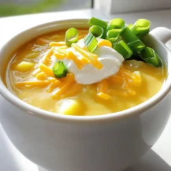 - 6 medium russet potatoes, peeled and diced - 1 medium onion, chopped - 3 cloves garlic, minced - 4 cups vegetable broth - 1 cup heavy cream - 1 cup shredded sharp cheddar cheese - 1/2 cup crumbled crispy turkey bacon (or plant-based bacon for a vegetarian option) - 1/2 cup sour cream - 2 green onions, sliced - 1 teaspoon smoked paprika - Salt and pepper to taste If you want to switch things up, you can use red potatoes instead of russet potatoes. They add a nice sweetness. For a lighter soup, swap heavy cream for half-and-half. You can also use Greek yogurt instead of sour cream for a tangy twist. If you don’t have vegetable broth, chicken broth works too. When picking potatoes, look for firm ones with no dark spots or sprouts. For onions, choose ones that are heavy for their size and have dry, papery skin. Fresh garlic should feel firm and smell strong. When selecting cheese, go for blocks of cheese over pre-shredded, as they melt better. For bacon, choose high-quality or nitrate-free options for a healthier dish. Always check for freshness in your herbs and spices to get the best flavor in your soup. First, wash and peel the russet potatoes. Next, dice them into small chunks. Chop the onion into tiny pieces. Mince the garlic cloves until they are fine. This step adds great flavor to the soup. Place the diced potatoes, chopped onion, and minced garlic into the slow cooker. Pour in the vegetable broth and stir everything together. Season with smoked paprika, salt, and pepper. Cover the cooker and set it to low for 6-8 hours or high for 4 hours. When the potatoes are tender, mash some of them for a thicker soup. If you want a smoother texture, use an immersion blender. Next, stir in the heavy cream and shredded cheddar cheese. Mix until the cheese melts and blends in. Taste your soup and add more seasoning if needed. Just before serving, gently mix in the crumbled turkey bacon and sour cream. Serve it hot, garnished with sliced green onions and extra cheese if you like. To get the right thickness, mash some potatoes with a potato masher. This creates a creamy base. If you prefer a silky soup, use an immersion blender. Always taste your soup before serving. Adjust the seasoning for a perfect flavor. Enjoy your comforting bowl of loaded potato soup! To get the best flavor, use fresh ingredients. Chop your potatoes, onion, and garlic just before you cook. This keeps them from browning. Layer the potatoes at the bottom of the slow cooker. This will help them cook evenly. Always cover your slow cooker. This traps heat and moisture, making sure your soup is creamy. If you need a thicker soup, mash some potatoes after cooking. You can boost the flavor of your soup with a few simple tricks. Add herbs like thyme or rosemary for a fresh taste. For a smoky kick, try adding more smoked paprika or even some chipotle. Consider stirring in a tablespoon of Dijon mustard for a tangy twist. You can also use bacon grease for a richer flavor. For a creamier soup, add more heavy cream or even some cream cheese. Don’t skip the seasoning! Salt and pepper are key to great taste. If you don’t season well, the soup will taste flat. Avoid overcooking your potatoes. They can turn mushy if left too long. Make sure to stir your soup before serving, as ingredients can settle. Finally, don’t forget to taste! Adjust the flavors just before serving to make sure it’s perfect. {{image_2}} To make this soup vegetarian, simply swap out the turkey bacon for plant-based bacon. This change keeps the taste rich and satisfying. You can also add more veggies, like carrots or celery, for added texture. Use vegetable broth instead of chicken broth, which is already in the recipe. I love to mix in extra flavors with add-ins. Try adding cooked broccoli or corn for a twist. Crispy onions also make a great topping. You can even sprinkle some extra cheese on top for a cheesy finish. Don’t forget to add a dollop of sour cream for a creamy touch! Experiment with spices to create unique flavors. For a bit of heat, add red pepper flakes or jalapeños. Want a smoky taste? Use smoked paprika, which is already in the recipe. For a fresh taste, mix in some herbs like thyme or rosemary. Each change can turn this soup into a whole new dish! To keep your loaded potato soup fresh, store it in an airtight container. Allow the soup to cool down before sealing it. This helps prevent condensation, which can make the soup watery. Place it in the fridge if you plan to eat it within a few days. You can keep it for up to 3-4 days. When you’re ready to enjoy the soup again, pour it into a pot. Heat it on low to medium heat, stirring often. This helps it warm evenly. You can also use the microwave. Place the soup in a microwave-safe bowl. Heat it for 1-2 minutes, stirring halfway through. Add a splash of broth or cream if the soup seems too thick. If you want to save some for later, freezing is a great option. Ladle the cooled soup into freezer-safe bags or containers. Leave some space at the top for expansion. Label the bags with the date. When you’re ready to eat it, thaw the soup overnight in the fridge. Reheat it as mentioned earlier. Avoid freezing the sour cream and cheese, as they can change texture. Yes, you can make this soup ahead of time. Just follow the recipe and let it cool. After it cools, store it in the fridge for up to three days. When you want to eat it, just reheat it on the stove or in the microwave. This soup tastes even better the next day as the flavors blend. To thicken your soup, you have a few options. You can mash some of the potatoes in the slow cooker. This gives the soup a creamy texture. If you want it even thicker, use an immersion blender to blend some of the soup. You can also add more heavy cream or a bit of cornstarch mixed with cold water to achieve your desired thickness. Potato soup pairs well with many sides. A crusty slice of bread is a classic choice. You can also serve a fresh salad on the side for a light touch. Grilled cheese sandwiches go great with this soup too. For a fun twist, try adding some pickles or jalapeños for extra flavor. This blog post covered everything you need for Slow Cooker Loaded Potato Soup. We explored the key ingredients, how to choose the best quality, and helpful substitutions. I shared step-by-step cooking instructions to get the perfect texture. You learned tips for slow cooking and ways to enhance flavors. We also examined variations like vegetarian options and add-ins. Lastly, I provided proper storage tips and answered common questions. With these insights, you can make a delicious soup that warms the heart and satisfies the taste buds. Enjoy your cooking journey!
