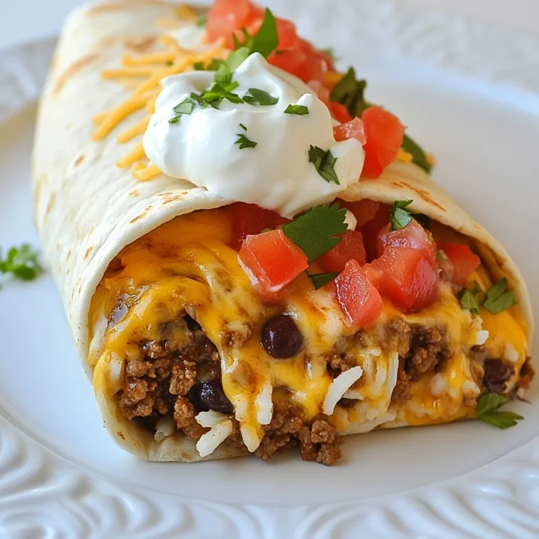 - 1 lb ground beef - 1 cup cooked white rice - 1 cup black beans, drained and rinsed - 1 cup shredded cheddar cheese - 1/2 cup sour cream - 1/4 cup taco sauce - 1 tablespoon taco seasoning - 4 large flour tortillas - 1/2 cup diced tomatoes - 1/4 cup chopped cilantro - Salt and pepper to taste The ingredients for the Beefy Melt Burrito come together with ease. First, you need ground beef. This is the base of the flavor. Add some cooked white rice to give it a nice texture. Black beans are next. They bring protein and fiber. Don’t forget the shredded cheddar cheese. It melts beautifully and adds richness. Next, you’ll want to grab sour cream. It adds creaminess and a cool contrast. Taco sauce brings a kick, while taco seasoning ties the whole dish together. Four large flour tortillas are essential. They wrap all the goodness inside. For garnishes, diced tomatoes add freshness. Chopped cilantro boosts the flavor. Lastly, salt and pepper are key to tasting your filling. With these ingredients, you can create a tasty comfort dish that feels like a warm hug. {{ingredient_image_1}} - First, heat a large skillet over medium heat. - Add 1 pound of ground beef to the skillet. - Cook until the beef is brown, about 5-7 minutes. - As it cooks, break the beef into small crumbles. - If there's extra fat, drain it off. - Next, stir in 1 tablespoon of taco seasoning, salt, and pepper to taste. - Add 1 cup of black beans and 1 cup of cooked white rice. - Mix everything well and cook for another 2-3 minutes. - Remove the skillet from heat. - Stir in 1/4 cup of taco sauce and half of the shredded cheddar cheese. - Take a large flour tortilla and lay it flat on a clean surface. - Spoon a generous portion of the beef mixture into the center of the tortilla. - Top the beef with 1/2 cup of sour cream and 1/2 cup of diced tomatoes. - Sprinkle the remaining cheddar cheese on top. - Fold the sides of the tortilla over the filling. - Roll it from the bottom up, keeping the filling secure. - Repeat this with the other tortillas and the remaining filling. - Preheat your oven to 375°F (190°C). - Place the rolled burritos on a baking sheet. - Sprinkle any leftover cheese on top of the burritos. - Bake for about 10 minutes, or until the cheese is melted and bubbly. - Once done, take them out and let them cool slightly. - Garnish with chopped cilantro for a fresh touch. - Choosing the right lean-to-fat ratio: I recommend using ground beef with a 80/20 ratio. This mix offers a good balance of flavor and moisture. Too lean, and your beef can turn dry. Too fatty, and it becomes greasy. - Flavor enhancements with spices: Enhance your beef with taco seasoning. This adds warmth and depth. You can also add garlic powder, onion powder, or even a pinch of cumin for extra flavor. - Ensuring no filling spills out: Start by placing the filling in the center. Don't overfill, or it will spill. Fold the sides over the filling first, then roll from the bottom up. This method keeps everything inside. - How to achieve a tight roll: After folding the sides, roll tightly. You want to keep it compact. This helps it hold together during baking and eating. - Oven technique adjustments: To get that perfect melt, preheat your oven to 375°F (190°C). Bake for about 10 minutes until the cheese is bubbly. If you want it extra crispy, broil for the last two minutes. - Alternative cheese options for flavor: While cheddar is classic, try pepper jack for some heat. Monterey Jack or a cheese blend can also add creaminess and flavor. Mix and match for your favorite taste! Pro Tips Use Lean Ground Beef: Opt for 80/20 or leaner ground beef to reduce excess fat and calories. This ensures a healthier burrito without sacrificing flavor. Customize Your Fillings: Feel free to add extra veggies like bell peppers or corn for added nutrition and flavor. You can also swap black beans for pinto beans if preferred. Perfectly Folded Burritos: To avoid spills, make sure not to overfill the tortillas. Folding the sides in first before rolling helps secure the filling inside. Make-Ahead Option: Prepare the beef mixture in advance and refrigerate it. You can assemble and bake the burritos later for a quick meal option. {{image_2}} For a tasty vegetarian twist, swap out the beef. You can use plant-based protein like lentils or crumbled tofu. These options still give a hearty feel. Add more veggies, too! Bell peppers, onions, or zucchini work well. Just sauté them before mixing with your protein. This adds color and crunch. Want some heat? Add jalapeños or a splash of hot sauce to the beef mixture. This will kick up the flavor. Consider using pepper jack cheese instead of cheddar. It melts beautifully and brings a nice zing. Sauces can change the whole dish! Try different taco sauces for a new flavor. You can also drizzle salsa or guacamole on top. This adds freshness and creaminess. Don’t be afraid to get creative with your sauces. Each option offers a unique taste that makes the burrito your own. To keep your Beefy Melt Burrito fresh, store leftovers in an airtight container. This helps lock in flavor and moisture. The recommended shelf life is about three to four days in the fridge. After that, the taste may change, and the quality might drop. When you're ready to enjoy your burritos again, the best methods for reheating are the oven or a skillet. Using an oven ensures even heat and a crispy exterior. Set your oven to 350°F (175°C) and heat for about 10-15 minutes. If using a skillet, heat it over medium heat. Cook each burrito for about 5 minutes on each side. This method helps avoid sogginess and keeps the burrito nice and warm. If you want to save some burritos for later, freezing is a great option. Wrap each burrito tightly in plastic wrap, then in aluminum foil. This will prevent freezer burn. You can store them for up to three months. To reheat frozen burritos, remove the foil and plastic wrap. Place them on a baking sheet and bake at 350°F (175°C) for 25-30 minutes. This method keeps them warm and delicious while ensuring they thaw evenly. You can spice up your Beefy Melt Burrito in several fun ways. Try adding: - Diced jalapeños for heat - A splash of hot sauce to the beef mix - Spicy taco seasoning instead of regular - A sprinkle of crushed red pepper flakes These additions will give your burrito a flavorful kick. Remember, spice levels vary for everyone. Start small and add more to fit your taste! Yes, you can prepare this dish ahead of time. Here’s how: - Cook the beef mixture and let it cool. - Store it in an airtight container in the fridge for up to three days. - You can also assemble the burritos and wrap them in foil. Store them in the fridge. - When you’re ready to eat, just bake them until hot. This saves time and makes mealtime easy! Beefy Melt Burritos pair well with many sides. Here are a few ideas: - Mexican rice for a filling meal - Refried beans or black beans for extra protein - A fresh salad with lime vinaigrette for crunch - Guacamole and tortilla chips for a classic touch These sides add color and flavor to your meal! Yes, corn tortillas can work instead of flour tortillas. Here’s what to know: - Corn tortillas have a different texture and flavor. - They may crack more easily when rolling. - Warm them briefly before using to make them more pliable. Feel free to experiment with corn tortillas for a tasty twist! This recipe for Beefy Melt Burritos brings together simple ingredients and clear steps. You learned how to cook ground beef, assemble the burrito, and get that cheese to melt just right. I also shared tips for vegetarian options and how to store these burritos. Whether you want a classic or a spicy twist, there's a version for you. Now, it’s time to make your own burritos and enjoy a tasty meal!