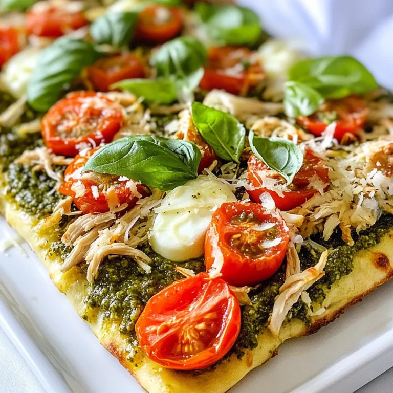 - Flatbreads: You can choose store-bought or make your own. Store-bought saves time. Homemade gives a fresh taste. - Protein: Use cooked chicken breast for the best flavor. Shredded chicken works great. You can also use rotisserie chicken for ease. - Pesto: You can buy pesto or make your own. Store-bought is quick, while homemade has a fresh flavor. - Cheese: Use fresh mozzarella for creamy goodness. You can also try burrata for a richer taste. - Vegetables: Fresh spinach and tomatoes add color and nutrition. They keep the flatbread light and fresh. With these ingredients, you set the stage for a delicious Pesto Chicken Flatbread. Each element adds to the flavor and texture, making it a crowd-pleaser. {{ingredient_image_1}} 1. Start by preheating your oven to 400°F (200°C). This step ensures your flatbreads cook evenly. 2. Line a baking sheet with parchment paper. This makes cleanup easier and helps the flatbreads cook nicely. 3. Brush each flatbread lightly with olive oil. A thin layer gives a crispy base. Use a brush or a spoon to spread the oil evenly. 1. Spread a nice layer of pesto on each flatbread. Leave a small space at the edges for a crust. 2. In a mixing bowl, combine the shredded chicken with salt, pepper, and half of the grated Parmesan cheese. Mix well. 3. Evenly distribute this chicken mixture over the pesto. Make sure every bite has some chicken. 4. Scatter halved cherry tomatoes and diced mozzarella over the chicken. This adds color and flavor. 5. Pile fresh spinach on top. It gives a nice crunch and freshness. 6. Finish by sprinkling the rest of the Parmesan cheese on top for extra flavor. 1. Place the baking sheet in the oven and bake for 12-15 minutes. This time is perfect for melting the cheese. 2. Check for doneness by looking for bubbling cheese and golden-brown edges. If it looks good, it’s ready! 3. Once out of the oven, let the flatbreads cool for a minute. This helps the cheese set a bit before slicing. To boost flavor, add spices or herbs to your chicken. A sprinkle of garlic powder or paprika can add a nice kick. Fresh herbs like thyme or oregano also work well. If you want to experiment, mix in some red pepper flakes for heat. Changing up the cheese can make a huge difference. Try using gouda for a rich taste. You could also blend mozzarella with sharp cheddar for a new twist. Each cheese brings its own charm to the flatbread. For crispy flatbread, make sure to brush the base with olive oil. This step helps create a nice crunch. If you prefer a softer flatbread, you can skip the oil. Just keep in mind, it won’t be as crispy. When baking, ensure even cooking of toppings. Spread them out well. If you pile them high, some parts may not cook fully. Keep an eye on the edges to avoid burning while the middle cooks. Pesto Chicken Flatbread pairs well with simple side dishes. A fresh salad with lemon dressing adds a bright touch. You could also serve it with roasted vegetables for a hearty meal. Dips can elevate your dining experience. Consider a tangy yogurt sauce or a classic balsamic glaze. These options complement the flavors of the flatbread nicely. Pro Tips Use Fresh Ingredients: Always opt for fresh basil and ripe cherry tomatoes to enhance the flavor of your flatbreads. Customize Your Toppings: Feel free to add other toppings like olives, artichokes, or bell peppers for extra flavor and nutrition. Make It Your Own: Try different types of cheese, like goat cheese or feta, for a unique twist on the classic recipe. Serve Immediately: Enjoy your flatbreads fresh out of the oven for the best taste and texture; they are best served warm! {{image_2}} You can easily switch the chicken in this recipe. Grilled shrimp works great and adds a nice twist. You can also try other proteins like turkey or beef, depending on your taste. If you want a vegetarian option, mushrooms and tofu are excellent choices. They soak up flavors well and give a hearty bite. Changing toppings with the seasons makes this dish fun. In summer, add fresh zucchini or bell peppers for a bright touch. These veggies add crunch and color. In winter, think about using spinach and heavier cheeses. The richness of cheese like gouda or fontina warms up the dish nicely. If you need gluten-free options, many brands offer gluten-free flatbreads. They taste great and hold the toppings well. For low-carb diets, consider using a cauliflower crust. It’s lighter and still very tasty. These options let everyone enjoy pesto chicken flatbread. Adjust it to fit your needs! To keep your Pesto Chicken Flatbread fresh, store it in an airtight container. This helps lock in moisture and flavor. Place the flatbread in the fridge within two hours of cooking. If you stack pieces, use parchment paper between them to avoid sticking. When it's time to reheat, use the oven. Preheat it to 350°F (175°C). Place the flatbread on a baking sheet and heat for about 10 minutes. This keeps the flatbread crispy and warms the toppings nicely. You can freeze leftover flatbread for later. Wrap each piece tightly in plastic wrap. Then, place them in a freezer bag. Remove as much air as possible. This prevents freezer burn. To thaw, move the flatbread to the fridge overnight. For reheating, use the oven again. Preheat to 350°F (175°C) and bake for 15 minutes. This will bring back the original taste. In the fridge, your leftover Pesto Chicken Flatbread lasts about 3-4 days. In the freezer, it stays good for up to 2-3 months. Mark your containers with the date to keep track. Always check for signs of spoilage before eating. If it looks or smells off, it’s best to toss it. You can use any flatbread you like. Store-bought flatbreads work well. I often choose whole wheat for more texture. Homemade flatbread adds a personal touch. A thicker flatbread gives a heartier bite. A thinner one lets the toppings shine. Yes, rotisserie chicken is a great choice. It saves you time and effort. The chicken is already cooked and seasoned well. Just shred it and mix with spices. This makes the recipe even easier. Plus, it adds great flavor to your flatbread. You can get creative with toppings. Try adding bell peppers for crunch. Olives add a nice salty punch. Artichokes bring a unique taste too. You can even sprinkle some red pepper flakes for heat. Fresh herbs like cilantro or dill can lift the dish. Don't hesitate to mix flavors to make it your own! You learned how to create a tasty Pesto Chicken Flatbread with easy steps. We explored ingredients like fresh veggies, flavorful proteins, and the right cheeses. I shared tips for great texture and storage options, ensuring your leftovers stay fresh. Try different toppings and variations to make this dish your own. Enjoy every bite and make it a family favorite!