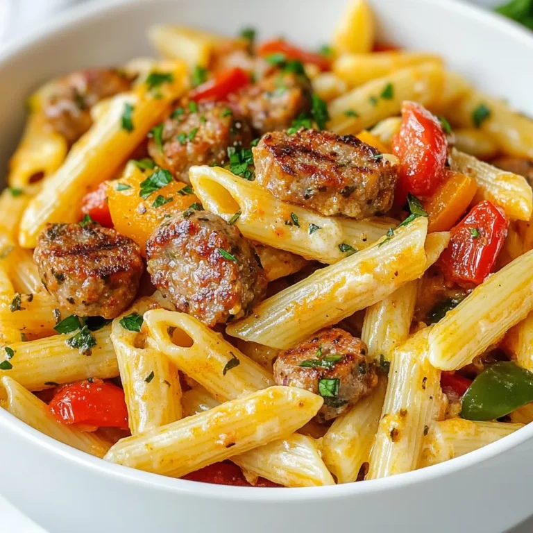 - 12 oz penne pasta - 1 lb smoked sausage, sliced - 1 medium onion, diced - 1 bell pepper (red or green), diced - 3 cloves garlic, minced In this recipe, I use penne pasta for its great texture. It holds sauce well and cooks quickly. The smoked sausage adds a rich flavor. You can choose any type you like. Diced onion and bell pepper bring sweetness and crunch. Garlic gives a nice aroma that makes you hungry. - 4 cups chicken broth - 1 cup heavy cream - 1 can (14.5 oz) diced tomatoes, undrained Chicken broth forms the base of the sauce. It adds depth and flavor to the dish. Heavy cream makes the sauce rich and creamy. Diced tomatoes add acidity and sweetness, balancing the flavors. - 2 tablespoons Cajun seasoning - 2 tablespoons olive oil - Salt and pepper to taste - Fresh parsley, chopped (for garnish) Cajun seasoning gives this dish its bold and spicy flavor. Olive oil helps to sauté the sausage and veggies. Salt and pepper enhance the flavors, bringing everything together. Fresh parsley adds a pop of color and freshness when served. {{ingredient_image_1}} 1. Sautéing the sausage Heat 2 tablespoons of olive oil in a large pot over medium heat. Add 1 pound of sliced smoked sausage. Cook until it’s browned, about 5 minutes. This adds great flavor to the dish. 2. Cooking vegetables Add 1 medium diced onion and 1 diced bell pepper to the pot. Cook for 3-4 minutes until they soften. Then, stir in 3 cloves of minced garlic. Cook for 1 more minute until you smell that lovely garlic aroma. 3. Adding liquids and seasonings Pour in 1 can of undrained diced tomatoes and 4 cups of chicken broth. Add 2 tablespoons of Cajun seasoning. Stir everything well to mix. 1. Boiling and simmering pasta Bring the mixture to a boil. Next, add 12 ounces of penne pasta. Reduce the heat to a simmer and cover the pot. 2. Stirring and monitoring Cook for 12-15 minutes. Stir occasionally to keep the pasta from sticking. Check if the pasta is al dente and most of the liquid is absorbed. 1. Adding cream and corn Stir in 1 cup of heavy cream and 1 cup of frozen corn. Mix until everything is well combined and heated through. 2. Seasoning and garnishing Season with salt and pepper to taste. Let it sit for a few minutes to thicken. Serve hot, garnished with fresh chopped parsley. - Selecting the right sausage: I love using smoked sausage for this dish. It adds great flavor. You can also choose spicy sausage for more heat if you like. - Adjusting spice levels: Use Cajun seasoning to give your pasta a kick. Start with one tablespoon, then taste. Add more if you want it spicier. - Preventing pasta from sticking: Stir the pasta every few minutes while it cooks. This helps keep it from sticking together. - Using a Dutch oven vs. large pot: A Dutch oven heats evenly and helps the dish cook well. If you don’t have one, a large pot works too. Just make sure it's deep enough. - Best practices for cream incorporation: Add the cream at the end. This keeps it rich and creamy. Stir it in slowly for the best texture. - Ideal sides to pair: Serve this pasta with a simple salad or some crusty bread. Both add freshness and balance to the meal. - Recommended wine or beverage: A chilled white wine, like Sauvignon Blanc, goes well with this dish. If you prefer something non-alcoholic, try sparkling water with lemon. Pro Tips Use Fresh Ingredients: Fresh vegetables and high-quality sausage will elevate the flavor of your dish significantly. Adjust Spice Level: If you prefer a milder dish, reduce the amount of Cajun seasoning or use a mild sausage. Let it Rest: Allowing the pasta to sit for a few minutes after cooking will help thicken the sauce and improve the texture. Garnish for Freshness: A sprinkle of fresh parsley not only adds color but also a fresh flavor that complements the dish beautifully. {{image_2}} You can use many types of pasta for this dish. Penne works great, but you can try rotini or even spaghetti. Each type changes the texture a bit, making it fun to experiment. If you want a vegetarian version, swap the smoked sausage for plant-based sausage. You can also use chickpeas for protein. This keeps the dish hearty without meat. Adding more vegetables boosts flavor and nutrition. Spinach wilts nicely into the sauce. You can also throw in sliced mushrooms or zucchini for extra taste. Want more spice? Try adding cayenne pepper or red pepper flakes. This amps up the Cajun flavor and makes the dish even more exciting. For a quick version, use an Instant Pot. Cook the sausage and veggies on sauté mode. Then, add the rest of the ingredients. Seal and cook on high for just 4 minutes. You can also bake this dish in the oven. After sautéing the sausage and veggies, transfer everything to a baking dish. Cover and bake at 350°F for about 20 minutes. It’s a different method but still delicious! To keep your One-Pot Cajun Sausage Pasta fresh, use airtight containers. Glass or plastic containers with tight lids work best. Let the pasta cool at room temperature before sealing. This prevents moisture buildup. Aim to store it within two hours of cooking. Refrigerate leftovers for up to three days. You can reheat your pasta in a few ways. The best method is on the stove. Use a pot over low heat. Add a splash of chicken broth or cream to keep it moist. Stir often to prevent sticking. You can also use a microwave. Heat in short bursts, stirring in between. This helps keep the pasta's texture and flavor intact. If you want to freeze this dish, let it cool completely first. Portion it into freezer-safe bags or containers. Remove as much air as possible before sealing. Label each bag with the date. You can freeze it for up to three months. To thaw, move it to the fridge overnight. Reheat it on the stove or in the microwave. Add a bit of liquid to restore creaminess. Can I make this dish gluten-free? Yes, you can use gluten-free penne pasta. Look for brands made from rice or corn. They work well in this recipe. Just remember to check the cooking time, as it may differ from regular pasta. How long does it take to cook? From start to finish, this dish takes about 30 minutes. You will spend 10 minutes prepping and 20 minutes cooking. It’s a quick meal for busy nights. What can I substitute for Cajun seasoning? If you don't have Cajun seasoning, try a mix of paprika, cayenne pepper, and garlic powder. You can also use Italian seasoning for a milder flavor. Just adjust to your taste. What are the calorie counts for this recipe? This recipe serves about 4-6 people and has roughly 500 calories per serving. The calories may change based on the sausage and cream used. Check the labels for exact numbers. How can I make it healthier? To make this dish healthier, use turkey sausage instead of smoked sausage. You can also add more vegetables like spinach or zucchini. This adds nutrients and fiber without many calories. Can I prepare this meal ahead of time? You can prep some parts ahead. Chop the veggies and slice the sausage the night before. Store them in the fridge. Just cook the pasta fresh for the best taste. How do I prevent the pasta from overcooking? To prevent overcooking, stir the pasta often while it simmers. Set a timer for 12 minutes and check for doneness. The pasta should be firm but not hard when you bite it. This blog post covered making One-Pot Cajun Sausage Pasta. We explored crucial ingredients like penne, smoked sausage, and seasonal veggies. I shared easy steps to prepare and cook this dish, plus tips for perfecting it. Remember, small swaps can enhance flavor, and leftovers are easy to store and reheat. This dish is flexible and fun to make. I hope you feel inspired to create your own version! Enjoy the cooking journey!