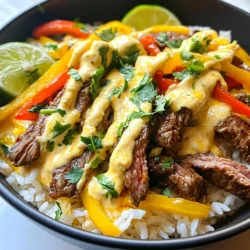 - 1 cup long-grain rice - 2 cups beef broth - 1 tablespoon olive oil - 1 pound flank steak, sliced thinly - 1 teaspoon garlic powder - 1 teaspoon cumin - 1 teaspoon smoked paprika - 1 cup diced bell peppers (red, green, and yellow) - 1 small onion, diced - Salt and pepper to taste - 1 cup queso cheese sauce (store-bought or homemade) - Fresh cilantro, for garnish - Lime wedges, for serving When I cook Queso Rice with Steak Strips, I always start with the main ingredients. The long-grain rice is crucial. It absorbs the beef broth, giving the dish great flavor. The flank steak adds protein and a nice texture. I slice it thin to ensure it cooks quickly and evenly. Next, I move to the seasonings and vegetables. Garlic powder gives a tasty kick. Cumin and smoked paprika add depth. I love using a mix of colorful bell peppers. They bring sweetness and crunch. The diced onion adds sweetness when cooked. Don’t forget to season with salt and pepper! For toppings, the queso cheese sauce is a must. I often use store-bought sauce for ease, but making it homemade is fun too. Fresh cilantro brightens everything up, and lime wedges add a zesty finish. This dish is not just about taste; it’s about how it looks on the plate too! {{ingredient_image_1}} First, rinse the rice under cold water. This removes extra starch. Keep rinsing until the water runs clear. Drain the rice once done. Next, heat the beef broth in a medium pot until it simmers. Add the rinsed rice to the pot. Cover it and let it cook on low heat. After about 15-18 minutes, the rice should be tender and all the liquid absorbed. When finished, remove from heat and let it sit for 5 minutes. Fluff with a fork before serving. While the rice cooks, heat olive oil in a large skillet over medium-high heat. Take your thinly sliced flank steak and add it to the skillet. Sprinkle in garlic powder, cumin, and smoked paprika. Season with salt and pepper to taste. Sear the steak for about 3-4 minutes on each side. You want it browned and cooked to your liking. Once done, take it out of the skillet and let it rest on a plate. In the same skillet, add the diced onion and bell peppers. Sauté these for about 5-6 minutes until they soften. Then, pour in the queso cheese sauce over the sautéed veggies. Stir well to coat everything in the cheesy goodness. Now, slice the rested steak into strips and gently fold them into the cheesy mixture. Serve this delicious mixture over the fluffy rice. Garnish with fresh cilantro and add lime wedges on the side for a zesty touch. To achieve perfectly fluffy rice, rinse it under cold water first. This step removes excess starch. Use beef broth for cooking, as it adds more flavor. Let the rice sit covered after cooking. Fluff it gently with a fork before serving. For cooking steak to your liking, choose flank steak for its tenderness. Sear it over medium-high heat to lock in the juices. Cook each side for 3-4 minutes for medium-rare. Use a meat thermometer for best results. Aim for 130°F for medium-rare and 160°F for medium. For store-bought queso cheese options, look for brands with real cheese. Some popular choices are Velveeta and Tostitos. They melt well and have great flavor. Check the ingredient list for a good balance of spices. To make homemade queso cheese sauce, melt butter in a pot. Add flour to create a roux. Gradually whisk in milk until smooth. Stir in shredded cheese until melted. Add spices like cumin and garlic powder for extra taste. Arranging the dish can enhance its appeal. Serve the rice first, then layer the queso mixture on top. This creates a beautiful contrast. Use a large bowl for a family-style presentation. For garnishing, sprinkle fresh cilantro over the dish. Add lime wedges on the side for a zesty touch. The bright colors will make your dish pop and look inviting. Pro Tips Rest the Steak: Allowing the steak to rest after cooking helps retain its juices, ensuring a more flavorful and tender bite. Customize the Queso: Feel free to add your favorite spices or additional ingredients like diced jalapeños or black beans to the queso for an extra flavor kick. Use Fresh Ingredients: Using fresh vegetables and herbs enhances the overall flavor and presentation of your dish, making it more vibrant. Perfect Rice: Ensure the rice is rinsed thoroughly to remove excess starch, resulting in fluffier and less sticky rice when cooked. {{image_2}} If you want a change from steak, try chicken or shrimp. Chicken breast cooks fast and soaks up flavors well. Just season it like you would the steak. Shrimp cooks quickly too. Sauté it for just a few minutes until it turns pink. For a vegetarian twist, use tofu or mushrooms. Tofu soaks up the queso sauce nicely. Press it first to remove excess water. Slice it and cook until golden. Mushrooms add a great meaty texture. Sauté them until they are soft and flavorful. You can switch up the rice for brown rice or cauliflower rice. Brown rice adds a nutty flavor and is more filling. It may take longer to cook, about 30-40 minutes. Adjust the broth to 2.5 cups for best results. Cauliflower rice is a low-carb option. It cooks in just a few minutes. Simply sauté it until tender, then mix it with the queso sauce. Want more heat? Add sliced jalapeños to the mix. They bring a nice spicy kick. You can toss them in while cooking the veggies. You might also want to mix in extra spices or herbs. Try some chili powder for warmth or fresh cilantro for brightness. These small tweaks can really boost the flavor of your dish. To keep your Queso Rice with Steak Strips fresh, store it in airtight containers. This keeps out air and moisture. Let the dish cool to room temperature before sealing it. In the fridge, this meal lasts about 3 to 4 days. Be sure to label the container with the date. To freeze, start by letting the dish cool completely. Portion it into freezer-safe bags or containers. Remove as much air as possible to avoid freezer burn. You can freeze the dish for up to 3 months. When ready to eat, thaw it overnight in the fridge. For reheating, the best method is to use the stovetop. Add a splash of beef broth or water to keep it moist. Heat over medium-low, stirring gently. You can also use the microwave. Cover the dish and heat in short bursts, stirring in between. This prevents hot spots and keeps the dish tasty. Cooking Queso Rice with Steak Strips takes about 40 minutes in total. - Prep Time: 15 minutes - Cooking Time: 25 minutes First, rinse the rice and cook it in beef broth. This takes about 15-18 minutes. While the rice cooks, you can sear the steak. That usually takes around 8-10 minutes. Sautéing the veggies and mixing everything together will take about 5-7 minutes. Yes, you can make this dish ahead of time. Meal prep is easy with this recipe. - Cook the rice and steak ahead: Store them in separate containers in the fridge. - Reheat the rice: Add a splash of broth to keep it moist. - Warm the steak: Heat in a skillet or microwave. - Mix in the queso sauce and veggies: Do this right before serving for the best taste. This way, you can enjoy a quick, delicious meal later. You can pair Queso Rice and Steak Strips with several tasty sides. - Black beans: They add protein and flavor. - Corn salad: A fresh mix of corn, lime, and cilantro works well. - Guacamole and chips: This adds a creamy, crunchy element. - Grilled vegetables: They provide a nice color contrast and flavor. These sides enhance the meal and make it even more enjoyable. In this blog post, we covered how to make delicious Queso Rice with Steak Strips. You learned about the key ingredients, step-by-step cooking instructions, and tips to perfect the dish. We also explored variations and storage info to help you enjoy leftovers. This meal is easy to customize and full of flavor. Experiment with spices, proteins, or sides to match your taste. Enjoy your cooking and share this tasty dish with friends!