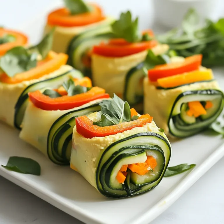 To make tasty zucchini wraps, gather these simple ingredients: - 2 large zucchinis - 1 cup hummus (store-bought or homemade) - 1 red bell pepper, thinly sliced - 1 carrot, grated - 1 cucumber, thinly sliced - 1/2 cup spinach leaves - 1 tablespoon olive oil - Salt and pepper to taste - Fresh herbs (like dill or parsley) for garnish If you want to mix things up, consider these swaps: - Use eggplant instead of zucchini for a different flavor. - Swap bell peppers for thinly sliced avocado for creaminess. - Try using any leafy green, like arugula, instead of spinach. - Add a layer of cream cheese for extra richness. Choosing the right hummus makes a big difference. Here are some great brands: - Sabra offers a smooth and creamy option. - Tribe has a nice variety, including roasted red pepper. - Cedar's provides a nice organic choice. - Make your own hummus with chickpeas, tahini, and olive oil for a fresh touch. Each of these options will elevate your zucchini wraps. {{ingredient_image_1}} Start with two large zucchinis. Wash them well under cold water and dry them with a towel. Cut off both ends. Use a mandoline or a sharp knife to slice each zucchini lengthwise into thin strips. Aim for strips about 1/8 inch thick. This size will help them roll nicely. Set the strips aside on a plate or cutting board. Next, heat a non-stick skillet over medium heat. Add about one tablespoon of olive oil to the pan. Once the oil is warm, carefully add the zucchini strips. Sauté them for about 2 to 3 minutes on each side. You want them tender yet still crunchy. Season with salt and pepper to taste. After cooking, remove the strips from heat and let them cool on a plate. Once the zucchini strips are cool, lay them flat on a clean surface. Spread a layer of hummus on each strip, leaving a small border at the edges. Add layers of thinly sliced red bell pepper, grated carrot, cucumber slices, and a few spinach leaves on top of the hummus. Now, carefully roll each zucchini strip tightly from one end to the other. Make sure the fillings stay inside. Place the wraps seam side down on a platter. For a nice touch, garnish with fresh herbs like dill or parsley. Enjoy your fresh and flavorful zucchini wraps! When cutting zucchini, use a sharp knife or a mandoline. Aim for thin strips, about 1/8 inch. This helps them cook evenly and stay flexible. Always cut off both ends of the zucchini first. Then, slice lengthwise for uniformity. If you find it tricky, chill the zucchini first. Cold zucchini is firmer and easier to slice. To elevate flavor, add spices to your zucchini. Try garlic powder, smoked paprika, or cumin. Mix these into the salt and pepper you use when sautéing. Fresh herbs like dill or parsley add a burst of flavor too. Don't forget to season your hummus. A dash of lemon juice or a pinch of cayenne can make it pop. For a stunning display, use a wooden board or colorful platter. Lay the wraps seam side down to keep them tight. Drizzle a little olive oil or lemon juice on top for shine. You can also slice the wraps into bite-sized pieces for easy sharing. Garnish with fresh herbs for a touch of green and extra taste. Pro Tips Choose Firm Zucchini: Select zucchinis that are firm and slightly glossy for the best texture and flavor. Customize Your Fillings: Feel free to add other vegetables or proteins like grilled chicken or feta cheese to enhance the wraps. Use Fresh Herbs: Adding fresh herbs like basil or cilantro can elevate the flavor profile of your wraps significantly. Make Ahead: Prepare the zucchini strips and fillings ahead of time, and assemble just before serving for optimal freshness. {{image_2}} You can change the filling to suit your taste. Try adding proteins like grilled chicken, turkey, or tofu. These add a nice texture and flavor. For veggies, consider roasted red peppers, shredded cabbage, or avocado. Each option brings a new taste to your wraps. These wraps are naturally vegan and gluten-free. Use hummus made from chickpeas for a creamy base. You can swap the olive oil with avocado oil for a richer flavor. Always check labels on store-bought items to ensure they meet your diet needs. You can create different flavor profiles with just a few changes. For a Mediterranean twist, add olives and feta cheese. A dash of lemon juice brightens the taste. For an Asian-inspired wrap, use sesame oil and add sliced radishes or scallions. A bit of soy sauce or tamari can enhance the flavor too. Each variation makes these wraps fresh and exciting! To keep your zucchini wraps fresh, store them in an airtight container. Place parchment paper between the wraps to avoid sticking. This method keeps the texture intact and prevents sogginess. You can store them in the fridge for up to 3 days. If you notice any moisture, change the paper to keep them crunchy. You can freeze zucchini wraps for later use. First, wrap each one in plastic wrap. Then, place them in a freezer-safe bag. Remove as much air as possible to prevent freezer burn. When ready to eat, thaw them in the fridge overnight. Reheat in a pan for a few minutes to restore some warmth and crunch. Zucchini wraps taste best when eaten fresh. However, if you have leftovers, store them well. Always keep them in the fridge and consume them within 3 days. If you notice any change in smell or texture, it’s best to discard them. When reheating, avoid microwaves, as they can make wraps soggy. A quick sauté on the stove works better. Yes, you can make zucchini wraps ahead of time. Prepare the wraps and store them in the fridge. They stay fresh for up to two days. Just keep them in an airtight container. This saves time when you want a quick meal. If you need a hummus substitute, try avocado or cream cheese. Both options spread easily on zucchini. You can also use yogurt for a tangy taste. Each option adds a unique flavor to your wraps. Yes, zucchini wraps are very healthy. They are low in calories and high in nutrients. Zucchini provides vitamins and minerals. Plus, they are packed with fresh veggies. This makes them a great choice for a light meal or snack. To keep zucchini wraps from getting soggy, avoid using too much liquid. Sauté the strips just enough to soften them. Let them cool before adding fillings. You can also sprinkle salt on zucchini to draw out moisture before cooking. You learned about making delicious zucchini wraps. We covered key ingredients, step-by-step prep, and storage tips. You can explore many flavors and healthy options. Use these wraps at any meal for a fresh twist. Remember, with the right ingredients and techniques, you can make tasty dishes that keep well, too. Try different fillings and spices to find your favorite combination. Enjoy experimenting with this fun, healthy recipe!