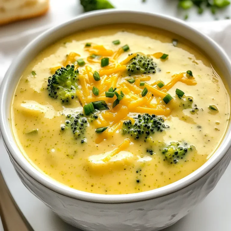 To make this soup, you will need the following ingredients: - 2 cups broccoli florets - 2 medium potatoes, peeled and diced - 1 medium onion, chopped - 3 cloves garlic, minced - 4 cups vegetable broth - 1 cup milk (or dairy-free alternative) - 1 ½ cups sharp cheddar cheese, grated - 2 tablespoons olive oil - Salt and pepper to taste - ½ teaspoon smoked paprika - Fresh chives, chopped (for garnish) You can swap some ingredients if needed. Here are a few ideas: - Use cauliflower instead of broccoli for a different taste. - Swap potatoes with sweet potatoes for a sweeter flavor. - If you want a lighter soup, use almond milk instead of regular milk. - For a sharper flavor, try using gouda cheese instead of cheddar. - Fresh herbs can replace chives for a unique twist. Fresh ingredients make a big difference in this soup. Fresh broccoli gives a bright taste and nice color. Fresh garlic adds a strong aroma and flavor. Using fresh herbs, like chives, brings a pop of brightness. They help create a dish that tastes homemade and comforting. Always choose ingredients that are in season, as they often taste better. You will notice the quality in every spoonful! {{ingredient_image_1}} To start, gather all your ingredients. You will need: - 2 cups broccoli florets - 2 medium potatoes, peeled and diced - 1 medium onion, chopped - 3 cloves garlic, minced - 4 cups vegetable broth - 1 cup milk (or dairy-free alternative) - 1 ½ cups sharp cheddar cheese, grated - 2 tablespoons olive oil - Salt and pepper to taste - ½ teaspoon smoked paprika - Fresh chives, chopped (for garnish) Next, chop the onion and mince the garlic. This helps add a great base flavor. Dice the potatoes into small cubes for quick cooking. Set these aside while you prepare the pot. In a large pot, heat the olive oil over medium heat. Once hot, add the chopped onion and minced garlic. Sauté until the onion turns soft and clear, about five minutes. This step builds a tasty base for your soup. Now, add the diced potatoes to the pot. Stir them for about two to three minutes. This helps to release their flavor. Pour in the vegetable broth next and bring the mix to a boil. Lower the heat, cover the pot, and let it simmer for about fifteen minutes. You want the potatoes to be tender at this point. After that, toss in the broccoli florets. Simmer the soup for another five to seven minutes. The broccoli should turn a bright green color and become tender. To make the soup creamy, use an immersion blender. Blend the soup until smooth. If you don’t have one, you can use a regular blender. Just be careful, and blend in small batches. Once blended, return the soup to low heat. Slowly stir in the milk and grated cheddar cheese. Mix until the cheese melts completely, creating a rich, creamy texture. Lastly, add salt, pepper, and smoked paprika to taste. Stir well and heat through. The soup is now ready to serve! Enjoy it hot, garnished with fresh chives for a pop of color and flavor. To get a smooth and creamy soup, blend it well. I love using an immersion blender. It makes the job easy and keeps the soup hot. If you use a regular blender, blend in small batches. Always let the soup cool a bit before blending. This helps to avoid spills. Adding the milk and cheese slowly also helps. Stir until everything melts into a creamy mix. Seasoning is key for a tasty soup. Start with salt and pepper to bring out the flavors. I add smoked paprika for a touch of warmth. It adds depth to the soup without being too spicy. You can also try adding garlic powder or onion powder. Fresh herbs like chives on top give a nice finish. They add a fresh taste and make the soup look pretty. Store any leftover soup in an airtight container. It will last about 3-4 days in the fridge. For longer storage, freeze it in portions. When you are ready to eat, thaw in the fridge overnight. Reheat in a pot over low heat. Stir often to keep it from sticking. You can add a splash of milk if it gets too thick. Enjoy this comforting bowl anytime! Pro Tips Use Fresh Ingredients: For the best flavor and nutrients, use fresh broccoli and potatoes. Frozen vegetables can also work, but fresh will enhance the taste and texture of your soup. Blend for Creaminess: Using an immersion blender will give you a silky smooth texture without transferring hot soup to a blender. If using a blender, allow the soup to cool slightly before blending in batches. Customize Your Cheese: Experiment with different types of cheese for varied flavor profiles. Gruyère or gouda can add a delicious twist to the classic cheddar taste. Adjust Consistency: If you prefer a thicker soup, add less milk or blend more thoroughly. For a thinner soup, simply add more milk or broth until desired consistency is achieved. {{image_2}} You can make this soup vegan and dairy-free with simple swaps. Use plant-based milk, like almond or oat milk, instead of regular milk. For cheese, try a vegan cheese that melts well, or use nutritional yeast for a cheesy flavor. This way, you keep the creamy texture while making it suitable for everyone. You can add protein to your soup for a heartier meal. Diced chicken adds great flavor and pairs well with the cheese. Cook the chicken before adding it to the soup. If you prefer a plant-based option, use canned beans like cannellini or chickpeas. These add fiber and protein while keeping it filling. If you like heat, add some spice! A pinch of red pepper flakes can give your soup a nice kick. If you want a smoky flavor, try adding more smoked paprika. For a fresh twist, add a dash of hot sauce just before serving. Adjust the spice to match your taste! After you make this soup, let it cool first. Then, pour it into a clean container. Make sure the container is airtight. You can store the soup in the fridge. It will stay fresh for about three days. When you want to eat it again, just reheat it on the stove. If you want to keep the soup longer, freezing is a great option. First, let the soup cool completely. Then, use freezer-safe bags or containers. Leave some space at the top, as the soup will expand when it freezes. Make sure to label the bags with the date. You can freeze it for up to three months. In the fridge, the soup lasts for about three days. If you freeze it, try to eat it within three months. After that, the soup may lose its taste and texture. Always check for any signs of spoilage before eating. If it smells off or has changed color, it’s best to throw it out. Yes, you can use frozen broccoli instead of fresh. It saves time and still tastes good. Just add it to the pot during the last 5 minutes of cooking. This way, it will cook through and keep its bright color. Frozen broccoli can also help with meal prep. To thicken your soup, try a few easy methods. First, blend some of the soup and stir it back in. You can also add more potatoes or use a cornstarch slurry. Mix 1 tablespoon of cornstarch with 2 tablespoons of cold water, then add it to the soup while it simmers. This soup pairs well with crusty bread or a fresh salad. You can also serve it with a sprinkle of extra cheese on top. For a fun twist, add some croutons or crispy bacon bits for crunch. Lastly, a drizzle of olive oil can enhance the flavor. This blog post covered all you need for broccoli potato cheese soup. We explored ingredients, substitutions, and the need for fresh items. I shared step-by-step cooking methods and blending tips. You learned how to make it creamy, enhance flavor, and store leftovers. In the end, feel free to change up the recipe with proteins or spices. Enjoy your cooking journey and savor the warmth of your soup!