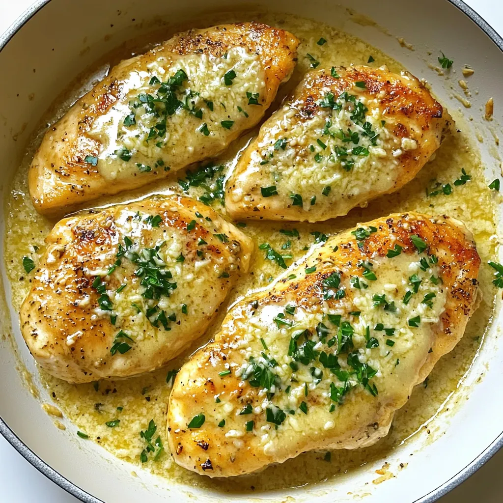 - 4 boneless, skinless chicken breasts Chicken breasts are the star of this dish. They cook quickly and stay juicy. I prefer boneless and skinless for ease and flavor. - 4 tablespoons olive oil - 6 cloves garlic, minced - 1 cup chicken broth - 1 cup heavy cream - 1 cup grated Parmesan cheese The sauce is rich and creamy. Olive oil adds a nice base. Minced garlic gives it a strong, tasty kick. Chicken broth keeps the sauce light. Heavy cream makes it smooth. Finally, Parmesan cheese adds a savory finish. - 1 teaspoon Italian seasoning - Salt and pepper to taste - Fresh parsley, chopped (for garnish) Seasoning is key. Italian seasoning brings herbs to the mix. Salt and pepper enhance the flavors. Fresh parsley adds a bright touch. It makes the dish look and taste better. First, gather your chicken breasts. You will need four boneless, skinless pieces. Season both sides with salt and pepper. This simple step adds great flavor. Next, heat two tablespoons of olive oil in a large skillet over medium-high heat. Once hot, add the chicken. Cook for six to seven minutes on each side. Look for a nice golden brown color. When the chicken is done, remove it from the skillet. Set it aside and keep it warm. Now it’s time to make the sauce. In the same skillet, add the remaining two tablespoons of olive oil. Then, add six cloves of minced garlic. Sauté for one to two minutes. You want the garlic to smell great but not burn. Next, pour in one cup of chicken broth. Use a wooden spoon to scrape the bottom of the skillet. This adds extra flavor from the browned bits. Bring the mixture to a simmer. Now, stir in one cup of heavy cream and one teaspoon of Italian seasoning. Let it cook for two to three minutes. This lets the sauce thicken a bit. Now, it’s time to add the stars of the dish. Gradually whisk in one cup of grated Parmesan cheese. Keep stirring until it melts and becomes smooth. Taste the sauce and adjust with salt and pepper if needed. Return the cooked chicken to the skillet. Make sure each piece gets coated in that creamy sauce. Let it simmer for another two to three minutes to heat through. Finally, remove the skillet from heat. Garnish with freshly chopped parsley before serving. Enjoy your delicious Garlic Parmesan Chicken Skillet! To keep chicken breasts juicy, choose the right cut. Boneless, skinless chicken breasts work well. Season them with salt and pepper before cooking. Cook them on medium-high heat for 6-7 minutes on each side. This creates a nice brown crust. A meat thermometer can help. Aim for an internal temperature of 165°F. Remove the chicken from the skillet after cooking. Let it rest for a few minutes before serving. This helps keep the juices locked in. Garlic adds a great taste to this dish. Use fresh garlic for the best flavor. Mince 6 cloves and sauté them in olive oil. Cook them for just 1-2 minutes until they smell good. Watch carefully! Burnt garlic can ruin your dish. If you like a stronger garlic taste, you can add more. Just remember to not overcook it. The sauce should be creamy and smooth. Start by adding chicken broth and heavy cream to the skillet. Let it simmer for a few minutes. This helps the sauce thicken. Whisk in the grated Parmesan cheese slowly. This adds richness to the sauce. If you want a thicker sauce, let it simmer longer. If it’s too thick, add a splash of chicken broth. Adjust the seasoning before serving to get it just right. {{image_2}} Adding vegetables makes this dish even better. You can toss in fresh spinach, broccoli, or bell peppers. These veggies add color and taste. Cook them in the skillet with the chicken. This way, they soak up the sauce and add nutrients. Try adding around 2 cups of your favorite veggies. This keeps the meal balanced and tasty. If you want a dairy-free dish, use coconut milk instead of heavy cream. It gives a creamy texture without dairy. For cheese, try nutritional yeast. It adds a cheesy flavor without the milk. You can also use vegan Parmesan cheese. These swaps keep the dish yummy and friendly for all diets. For a kick, add red pepper flakes or jalapeños. Just a pinch of red pepper flakes gives a nice heat. If you love spice, chop some jalapeños and mix them in. Start with one pepper. You can always add more if you want extra heat. This twist makes the Garlic Parmesan Chicken Skillet exciting! After enjoying your Garlic Parmesan Chicken Skillet, let the leftovers cool. Place the chicken and sauce in an airtight container. This helps keep it fresh. Store it in the fridge for up to three days. When you’re ready to eat, check for any off smells or changes in color before heating. If you want to save some for later, freezing is a great option. First, let the dish cool completely. Then, divide it into portions. Use freezer-safe bags or containers. Label them with the date. You can freeze it for up to three months. When you thaw it, remember to do so in the fridge for best results. To reheat, you can use the stove or microwave. If using the stove, add a splash of chicken broth to keep the sauce creamy. Heat over low until warm. If using the microwave, cover the dish loosely. Heat in short bursts, stirring in between, until it’s hot. Enjoy your meal! Yes, you can use chicken thighs. They have more flavor and stay moist. Cook them the same way as breasts. Thighs may take a bit longer to cook. Ensure they reach 165°F for safety. Adjust cooking time based on the size of the thighs. Serve this dish with many sides. Here are some ideas: - Rice: White or brown rice soaks up the sauce well. - Pasta: Buttered noodles or fettuccine pair nicely. - Vegetables: Steamed broccoli or green beans add color and nutrients. - Salad: A fresh, crisp salad brightens the meal. These options balance the rich flavors of the chicken. To thicken the sauce, try these methods: - Simmer longer: Let the sauce cook more to reduce it. - Add cornstarch: Mix 1 tablespoon of cornstarch with water. Stir into the sauce and cook until thick. - Use less cream: Start with less cream to keep the sauce dense. These tips can help you reach your desired sauce consistency quickly. This post shared how to make Garlic Parmesan Chicken Skillet. We explored the best chicken cuts, sauce components, and seasonings. I provided step-by-step instructions for cooking, ensuring juicy chicken and perfect garlic flavor. You can add veggies or make it dairy-free too. Don't forget the storage tips for leftovers. Garlic Parmesan Chicken is tasty and easy to make. I hope you enjoy this dish!