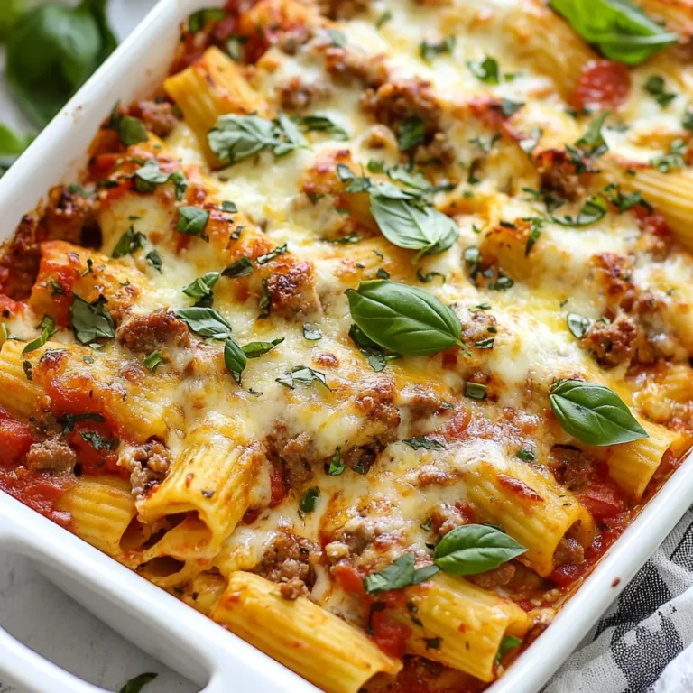 To make Baked Ziti Supreme, you need a few key ingredients. Here’s what you will need: - 12 oz ziti pasta - 2 cups marinara sauce - 1 cup ricotta cheese - 1 cup shredded mozzarella cheese - 1/2 cup grated Parmesan cheese - 1 cup cooked Italian sausage, crumbled (or ground turkey) - 1/2 red bell pepper, diced - 1/2 green bell pepper, diced - 1/2 onion, finely chopped - 2 cloves garlic, minced - 1 tablespoon olive oil - 1 teaspoon dried oregano - 1 teaspoon dried basil - Salt and pepper to taste - Fresh basil leaves, for garnish These ingredients blend well to create a rich flavor. The ziti pasta holds the sauce well. The mix of cheeses gives it a creamy texture. You can add ingredients to make the dish your own. Some ideas include: - Mushrooms for an earthy flavor - Spinach for a boost of nutrients - Olives for a salty kick - Red pepper flakes for heat Feel free to mix and match these extras. They can change the taste and make it special. If you want to make a vegetarian version, skip the meat. Use more veggies or extra cheese instead. For a gluten-free option, use gluten-free ziti pasta. This way, everyone can enjoy Baked Ziti Supreme, no matter their diet. {{ingredient_image_1}} First, boil a large pot of salted water. Once the water is bubbling, add 12 oz of ziti pasta. Cook it until it's al dente, which means it should be firm to the bite. This usually takes about 8 to 10 minutes. When done, drain the pasta in a colander and set it aside. Remember, this step is key for the best texture in your dish. Next, heat 1 tablespoon of olive oil in a large skillet over medium heat. Add 1/2 onion, finely chopped, and 2 cloves of minced garlic. Sauté them for about 1 to 2 minutes. Then, add 1/2 red bell pepper and 1/2 green bell pepper, both diced. Cook until the veggies are soft, about 3 to 5 minutes. Now, stir in 1 cup of cooked Italian sausage, crumbled, or ground turkey. Cook until the meat is browned. Season with salt, pepper, 1 teaspoon of dried oregano, and 1 teaspoon of dried basil. This mix gives your dish a rich flavor. In a large bowl, combine the cooked ziti pasta with the sautéed mixture, 2 cups of marinara sauce, and 1 cup of ricotta cheese. Mix it well until everything blends together. It's important to ensure every piece of pasta is coated in that delicious sauce. Then, add half of the 1 cup of shredded mozzarella cheese to the bowl. Stir again to combine. This mixture is now ready for the oven. Transfer the ziti mixture into a greased 9x13-inch baking dish. Spread it evenly so every bite gets the same great taste. Top the mixture with the remaining mozzarella cheese and 1/2 cup of grated Parmesan cheese. Cover the dish with aluminum foil. Bake it in your preheated oven at 375°F (190°C) for 25 minutes. After that, remove the foil and bake for another 10 to 15 minutes. This step will make the cheese bubble and turn golden. Once it’s done, let it cool for a few minutes. For a fresh touch, garnish with some basil leaves before serving. To get that perfect cheese melt, use fresh mozzarella. Grate it yourself for a better texture. When you sprinkle it on top, be sure to cover all the pasta. This helps it melt evenly. Baking with foil traps steam, making the cheese gooey. Remove the foil near the end to brown the cheese. Start by sautéing the onion and garlic in olive oil. This adds depth to your dish. Don't rush this step; let them become soft and fragrant. Adding the sausage gives a nice, rich flavor. Spice it up with oregano and basil while cooking. These herbs boost the taste and aroma. Mixing the marinara sauce with the ricotta creates a creamy base. This adds moisture and richness to each bite. One common mistake is overcooking the pasta. Make sure to cook it al dente. It will continue to cook in the oven. Another mistake is not seasoning enough. Salt and pepper are key to bringing out the flavors. Lastly, don’t skip the foil. It helps the cheese melt right. If you want a crispy top, remove it for the last 10-15 minutes of baking. Pro Tips Use Fresh Herbs: Adding fresh basil or parsley just before serving enhances the flavor and adds a pop of color to your baked ziti. Layer Cheese for Extra Flavor: For an even cheesier dish, try mixing in some provolone or gouda cheese along with the mozzarella. Customize Your Proteins: Feel free to substitute the Italian sausage with grilled chicken, or make it vegetarian by adding more veggies like spinach or mushrooms. Make Ahead and Freeze: This dish can be prepared ahead of time and frozen. Just bake it straight from the freezer, adding an extra 10-15 minutes to the cooking time. {{image_2}} For a vegetarian twist, skip the meat. Use extra veggies instead. Try mushrooms, zucchini, or spinach. These add great flavor and nutrition. You can also use plant-based sausage for a meaty texture. Just make sure to check the labels for allergens. Combine these veggies with the marinara, ricotta, and cheeses. Bake it just like the original recipe. To make a gluten-free version, swap the ziti pasta for gluten-free pasta. Many brands offer great options that taste just as good. Check the cooking time, as gluten-free pasta can cook faster. Use gluten-free marinara sauce, too. Always read the labels to ensure no hidden gluten. This way, everyone can enjoy this great dish! Want to elevate the taste? Consider adding some extra ingredients. Chopped olives or artichokes can add a nice briny flavor. You might also try sun-dried tomatoes for a touch of sweetness. Fresh herbs like parsley or thyme can bring a fresh note. For a spicy kick, add red pepper flakes. Mix these in with your other ingredients. Your baked ziti will be even more delicious! After you make Baked Ziti Supreme, let it cool first. Then, cover it tightly with plastic wrap or foil. You can also use an airtight container. This keeps your dish fresh for up to 3 days in the fridge. Make sure to label it with the date. This helps you know when to eat it. If you want to freeze Baked Ziti Supreme, follow these steps. First, let it cool completely. Then, cut it into portions. Wrap each piece in plastic wrap, and then place them in freezer bags. Remove as much air as possible from the bags. You can freeze it for up to 3 months. When you're ready to eat, just thaw it in the fridge overnight. To reheat Baked Ziti Supreme, use the oven for the best taste. Preheat your oven to 350°F (175°C). Place the ziti in an oven-safe dish and cover it with foil. Heat for about 20-30 minutes, or until hot. If you want a crisp top, remove the foil for the last 5-10 minutes. You can also use a microwave if you're in a hurry. Just heat it in short bursts, stirring in between. Enjoy your delicious leftovers! You can prepare Baked Ziti Supreme ahead of time. First, cook the ziti pasta and sauté the veggies and meat. Combine these with the sauce and cheese as usual. Next, place the mixture in a greased baking dish. Cover it tightly with plastic wrap or foil. You can store it in the fridge for up to two days before baking. When you’re ready, just pop it in the oven. Bake it longer if it’s cold from the fridge. Yes, you can use different types of cheese in your Baked Ziti Supreme. For more flavor, try using provolone or gouda. If you want it extra creamy, use mascarpone. You can even mix cheeses for a unique taste. Just make sure to keep some mozzarella for that gooey top layer. Experimenting with cheese can make this dish even more special! Serve Baked Ziti Supreme hot from the oven. Cut it into squares for easy serving. A sprinkle of fresh basil on top adds color and flavor. Pair it with a side salad or garlic bread. This combo makes a great meal. You can also offer extra marinara sauce on the side for dipping or drizzling. Enjoy every cheesy bite! Baked Ziti Supreme is a dish full of flavor and options. You learned about key ingredients and how to prepare your dish step-by-step. We explored tips for the best cheese melt and techniques to enhance taste. I shared ideas for vegetarian and gluten-free versions, along with storage tips to keep your leftovers fresh. As you try this recipe, remember to customize it to suit your taste. Enjoy the process, and share the joy of this delicious meal with loved ones.