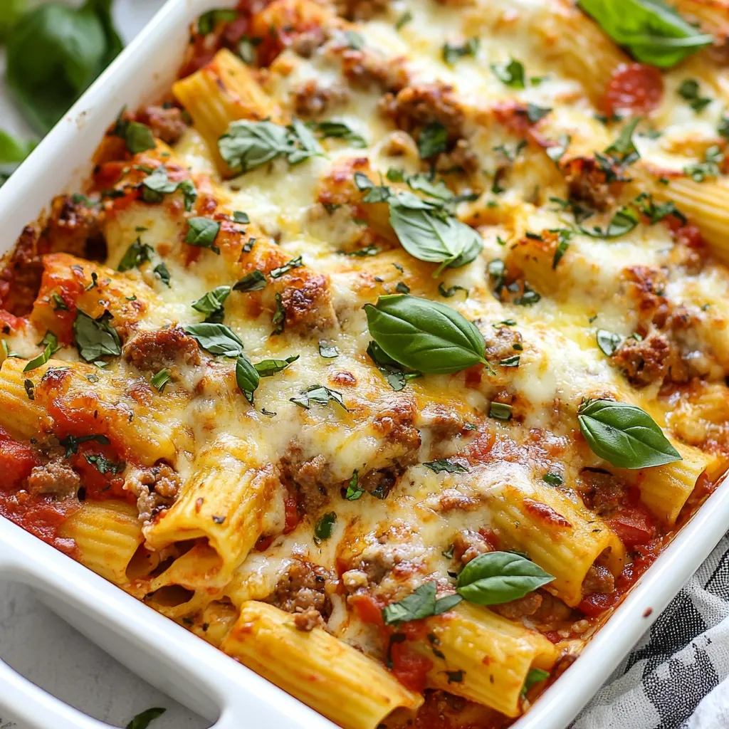 To make Baked Ziti Supreme, you need a few key ingredients. Here’s what you will need: - 12 oz ziti pasta - 2 cups marinara sauce - 1 cup ricotta cheese - 1 cup shredded mozzarella cheese - 1/2 cup grated Parmesan cheese - 1 cup cooked Italian sausage, crumbled (or ground turkey) - 1/2 red bell pepper, diced - 1/2 green bell pepper, diced - 1/2 onion, finely chopped - 2 cloves garlic, minced - 1 tablespoon olive oil - 1 teaspoon dried oregano - 1 teaspoon dried basil - Salt and pepper to taste - Fresh basil leaves, for garnish These ingredients blend well to create a rich flavor. The ziti pasta holds the sauce well. The mix of cheeses gives it a creamy texture. You can add ingredients to make the dish your own. Some ideas include: - Mushrooms for an earthy flavor - Spinach for a boost of nutrients - Olives for a salty kick - Red pepper flakes for heat Feel free to mix and match these extras. They can change the taste and make it special. If you want to make a vegetarian version, skip the meat. Use more veggies or extra cheese instead. For a gluten-free option, use gluten-free ziti pasta. This way, everyone can enjoy Baked Ziti Supreme, no matter their diet. {{ingredient_image_1}} First, boil a large pot of salted water. Once the water is bubbling, add 12 oz of ziti pasta. Cook it until it's al dente, which means it should be firm to the bite. This usually takes about 8 to 10 minutes. When done, drain the pasta in a colander and set it aside. Remember, this step is key for the best texture in your dish. Next, heat 1 tablespoon of olive oil in a large skillet over medium heat. Add 1/2 onion, finely chopped, and 2 cloves of minced garlic. Sauté them for about 1 to 2 minutes. Then, add 1/2 red bell pepper and 1/2 green bell pepper, both diced. Cook until the veggies are soft, about 3 to 5 minutes. Now, stir in 1 cup of cooked Italian sausage, crumbled, or ground turkey. Cook until the meat is browned. Season with salt, pepper, 1 teaspoon of dried oregano, and 1 teaspoon of dried basil. This mix gives your dish a rich flavor. In a large bowl, combine the cooked ziti pasta with the sautéed mixture, 2 cups of marinara sauce, and 1 cup of ricotta cheese. Mix it well until everything blends together. It's important to ensure every piece of pasta is coated in that delicious sauce. Then, add half of the 1 cup of shredded mozzarella cheese to the bowl. Stir again to combine. This mixture is now ready for the oven. Transfer the ziti mixture into a greased 9x13-inch baking dish. Spread it evenly so every bite gets the same great taste. Top the mixture with the remaining mozzarella cheese and 1/2 cup of grated Parmesan cheese. Cover the dish with aluminum foil. Bake it in your preheated oven at 375°F (190°C) for 25 minutes. After that, remove the foil and bake for another 10 to 15 minutes. This step will make the cheese bubble and turn golden. Once it’s done, let it cool for a few minutes. For a fresh touch, garnish with some basil leaves before serving. To get that perfect cheese melt, use fresh mozzarella. Grate it yourself for a better texture. When you sprinkle it on top, be sure to cover all the pasta. This helps it melt evenly. Baking with foil traps steam, making the cheese gooey. Remove the foil near the end to brown the cheese. Start by sautéing the onion and garlic in olive oil. This adds depth to your dish. Don't rush this step; let them become soft and fragrant. Adding the sausage gives a nice, rich flavor. Spice it up with oregano and basil while cooking. These herbs boost the taste and aroma. Mixing the marinara sauce with the ricotta creates a creamy base. This adds moisture and richness to each bite. One common mistake is overcooking the pasta. Make sure to cook it al dente. It will continue to cook in the oven. Another mistake is not seasoning enough. Salt and pepper are key to bringing out the flavors. Lastly, don’t skip the foil. It helps the cheese melt right. If you want a crispy top, remove it for the last 10-15 minutes of baking. Pro Tips Use Fresh Herbs: Adding fresh basil or parsley just before serving enhances the flavor and adds a pop of color to your baked ziti. Layer Cheese for Extra Flavor: For an even cheesier dish, try mixing in some provolone or gouda cheese along with the mozzarella. Customize Your Proteins: Feel free to substitute the Italian sausage with grilled chicken, or make it vegetarian by adding more veggies like spinach or mushrooms. Make Ahead and Freeze: This dish can be prepared ahead of time and frozen. Just bake it straight from the freezer, adding an extra 10-15 minutes to the cooking time. {{image_2}} For a vegetarian twist, skip the meat. Use extra veggies instead. Try mushrooms, zucchini, or spinach. These add great flavor and nutrition. You can also use plant-based sausage for a meaty texture. Just make sure to check the labels for allergens. Combine these veggies with the marinara, ricotta, and cheeses. Bake it just like the original recipe. To make a gluten-free version, swap the ziti pasta for gluten-free pasta. Many brands offer great options that taste just as good. Check the cooking time, as gluten-free pasta can cook faster. Use gluten-free marinara sauce, too. Always read the labels to ensure no hidden gluten. This way, everyone can enjoy this great dish! Want to elevate the taste? Consider adding some extra ingredients. Chopped olives or artichokes can add a nice briny flavor. You might also try sun-dried tomatoes for a touch of sweetness. Fresh herbs like parsley or thyme can bring a fresh note. For a spicy kick, add red pepper flakes. Mix these in with your other ingredients. Your baked ziti will be even more delicious! After you make Baked Ziti Supreme, let it cool first. Then, cover it tightly with plastic wrap or foil. You can also use an airtight container. This keeps your dish fresh for up to 3 days in the fridge. Make sure to label it with the date. This helps you know when to eat it. If you want to freeze Baked Ziti Supreme, follow these steps. First, let it cool completely. Then, cut it into portions. Wrap each piece in plastic wrap, and then place them in freezer bags. Remove as much air as possible from the bags. You can freeze it for up to 3 months. When you're ready to eat, just thaw it in the fridge overnight. To reheat Baked Ziti Supreme, use the oven for the best taste. Preheat your oven to 350°F (175°C). Place the ziti in an oven-safe dish and cover it with foil. Heat for about 20-30 minutes, or until hot. If you want a crisp top, remove the foil for the last 5-10 minutes. You can also use a microwave if you're in a hurry. Just heat it in short bursts, stirring in between. Enjoy your delicious leftovers! You can prepare Baked Ziti Supreme ahead of time. First, cook the ziti pasta and sauté the veggies and meat. Combine these with the sauce and cheese as usual. Next, place the mixture in a greased baking dish. Cover it tightly with plastic wrap or foil. You can store it in the fridge for up to two days before baking. When you’re ready, just pop it in the oven. Bake it longer if it’s cold from the fridge. Yes, you can use different types of cheese in your Baked Ziti Supreme. For more flavor, try using provolone or gouda. If you want it extra creamy, use mascarpone. You can even mix cheeses for a unique taste. Just make sure to keep some mozzarella for that gooey top layer. Experimenting with cheese can make this dish even more special! Serve Baked Ziti Supreme hot from the oven. Cut it into squares for easy serving. A sprinkle of fresh basil on top adds color and flavor. Pair it with a side salad or garlic bread. This combo makes a great meal. You can also offer extra marinara sauce on the side for dipping or drizzling. Enjoy every cheesy bite! Baked Ziti Supreme is a dish full of flavor and options. You learned about key ingredients and how to prepare your dish step-by-step. We explored tips for the best cheese melt and techniques to enhance taste. I shared ideas for vegetarian and gluten-free versions, along with storage tips to keep your leftovers fresh. As you try this recipe, remember to customize it to suit your taste. Enjoy the process, and share the joy of this delicious meal with loved ones.