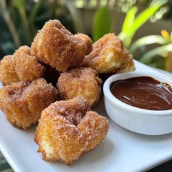 Here is a list of what you need to make Air Fryer Churro Bites: - 1 cup all-purpose flour - 1/2 cup water - 1 tablespoon granulated sugar - 1/4 cup unsalted butter - 1/2 teaspoon salt - 1 teaspoon cinnamon - 1/4 teaspoon baking powder - 1/2 cup powdered sugar (for coating) - Cooking spray Having the right ingredients makes your churro bites taste great. The flour gives them structure. Water binds everything together. Sugar adds sweetness, while butter brings richness. Salt enhances all the flavors. Cinnamon gives that warm, cozy taste. Baking powder helps them puff up a bit. Finally, powdered sugar coats them for a sweet finish. When you gather these simple items, you set the stage for a fun cooking experience. Make sure to measure everything out first. This way, you can focus on mixing and frying. Cooking should be joyful, and good prep helps! - In a medium saucepan, combine: - 1/2 cup water - 1 tablespoon granulated sugar - 1/4 cup unsalted butter - 1/2 teaspoon salt - Heat over medium until it boils and the butter melts. This step is key; it makes the dough smooth. - Remove the pan from heat. - Stir in: - 1 cup all-purpose flour - 1/4 teaspoon baking powder - Mix until it forms a dough that pulls away from the pan. Let it cool a bit, then pipe it into shapes. Use a piping bag with a star tip for the best look. - Preheat your air fryer to 350°F. - Line the basket with parchment paper for easy cleanup. - Pipe small churro shapes, about 1 inch long, onto the parchment. Keep space between them. - Lightly spray the churro bites with cooking spray. This helps them turn golden brown. - Air fry for 8-10 minutes. Watch them closely to avoid burning. They should be crispy and golden. To know if your churro bites are cooked properly, look for a golden brown color. They should feel crisp on the outside. If they look pale, give them a few more minutes. Enjoying the perfect crispy texture means getting them just right in the air fryer. It’s all about timing. Keep an eye on them as they cook. If your churros aren’t cooking evenly, be sure they are not touching each other. This allows hot air to flow around each bite. You can also rotate the basket halfway through cooking to help with even browning. Fixing dough consistency issues is simple. If the dough is too wet, add a bit more flour. If it’s too dry, add a splash of water. Pair your churro bites with sauces for extra flavor. Melted chocolate or warm caramel make great dips. For a fun touch, add a sprinkle of sea salt on top. You can present them on a nice platter with a side of dip. This makes for a lovely display that guests will enjoy. {{image_2}} Cinnamon-sugar is a classic for churro bites, but you can try more! Here are some fun options for different coatings: - Chocolate: Melt dark or white chocolate for a rich taste. - Matcha Sugar: Mix green tea powder with sugar for a unique twist. - Nutmeg Sugar: Add nutmeg to your sugar for a warm flavor. - Coconut Sugar: Use coconut sugar for a caramel-like taste. Feel free to get creative! You can mix these ideas to find your favorite. Churro bites can be more than just crispy treats. You can stuff them too! Here are some tasty fillings to try: - Chocolate: Pipe melted chocolate inside for a sweet surprise. - Cream Cheese: Blend cream cheese with sugar and pipe it in. - Fruit Jam: Use your favorite jam for a fruity filling. Experiment with these ideas! You can combine flavors for unique churro bites. Want to make churro bites for special diets? You have options! For gluten-free churro bites, use gluten-free flour. This keeps the taste while being safe. If you prefer vegan churro bites, swap butter for coconut oil. Replace milk with a non-dairy option. These easy swaps allow everyone to enjoy churro bites, no matter their diet. To keep your churro bites fresh, store them in an airtight container. Glass or plastic containers with tight lids work best. This method helps keep them crispy and tasty. Avoid stacking churros on top of each other, as this can make them soggy. Instead, place parchment paper between layers if you need to stack them. To reheat churro bites and keep them crispy, use your air fryer. Set it to 350°F (175°C) and air fry for about 3-4 minutes. Check them often to avoid overcooking. You can also use a toaster oven for reheating. Just place them on a baking tray and heat for a few minutes. Avoid using a microwave, as it may make them soft. Yes, you can freeze churro bites! To do this, let them cool completely first. Then, place them in a single layer on a baking sheet and freeze for about an hour. Once frozen, transfer them to a freezer bag or container. Be sure to remove as much air as possible to prevent freezer burn. When you’re ready to eat, thaw them in the fridge overnight, then reheat in the air fryer. Air fryer churro bites stay fresh for about 2 to 3 days. Store them in an airtight container at room temperature. If you want them to last longer, you can freeze them. Just make sure they’re fully cooled before freezing. Yes, you can make churro bites in a deep fryer or the oven. For deep frying, heat oil to 350°F. Fry small pieces until golden brown. For oven baking, place churro shapes on a baking sheet and bake at 375°F for about 15-20 minutes. Serve churro bites warm on a plate. Pair them with melted chocolate or caramel sauce for dipping. A sprinkle of extra cinnamon sugar on top adds a nice touch and flavor. Absolutely! You can add vanilla extract or almond extract to the dough for extra flavor. You can also mix in cocoa powder for chocolate churros or use flavored extracts based on your taste. If your churro bites are greasy, try reducing the cooking spray next time. Make sure to air fry them correctly. If they are still oily, pat them with a paper towel to absorb excess grease after cooking. Making churro bites at home is simple and fun. We covered all the key steps: preparing the dough, air frying, and tips for perfect results. Don’t forget to try different coatings or stuffings for a twist. Whether you serve them fresh, store them, or freeze them, these treats can delight anyone. Enjoy your churros and share them with friends and family. Cooking can be a joyful adventure, so experiment and make it your own!