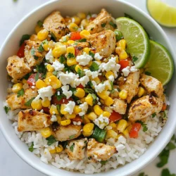 - 2 cups cooked jasmine rice - 1 pound boneless, skinless chicken thighs, diced - 1 cup corn kernels (fresh or frozen) - 1 red bell pepper, diced - 1/2 red onion, finely chopped - 2 cloves garlic, minced - 1 teaspoon smoked paprika - 1 teaspoon cumin - 1 tablespoon olive oil - 1 lime, juiced - 1/2 cup crumbled feta cheese - Fresh cilantro, chopped, for garnish - Salt and pepper to taste When choosing produce, look for bright colors. This means the veggies are fresh and full of flavor. For corn, choose ears that feel firm and heavy. Look for kernels that are plump and milky. Bell peppers should be smooth and firm. Avoid any that are wrinkled or have dark spots. Red onions should be firm with no soft spots. Fresh garlic should feel hard and dry. You can easily swap ingredients to fit your diet. If you want a vegetarian option, use chickpeas instead of chicken. For a vegan dish, skip the feta cheese or use a plant-based version. If you cannot find jasmine rice, try brown rice or quinoa. If you dislike cumin, you can use chili powder for a different taste. {{ingredient_image_1}} Start by heating olive oil in a large skillet over medium heat. Dice the chicken thighs into bite-sized pieces. Season the chicken with salt, pepper, smoked paprika, and cumin. Add the chicken to the hot skillet. Cook it for about 7 to 10 minutes, stirring often. You want it to be golden brown and fully cooked. Once done, remove the chicken from the skillet and set it aside. In the same skillet, add the diced red onion, minced garlic, and diced red bell pepper. Sauté them for about 3 to 4 minutes until the onion looks clear and the peppers soften. Then, stir in the corn kernels, whether fresh or frozen. Cook everything for an additional 2 to 3 minutes until the corn is hot. Now, return the cooked chicken to the skillet with the veggies. Squeeze fresh lime juice over the mixture. Stir everything to combine well. Let it cook for another 2 minutes for the flavors to mix. For serving, layer cooked jasmine rice in bowls. Top each bowl with the chicken and corn mixture. Finish by sprinkling crumbled feta cheese and fresh cilantro on top. Serve lime wedges on the side for an extra burst of flavor. To get juicy chicken thighs, use boneless and skinless pieces. They cook well and stay moist. First, season the chicken with salt and pepper. Add smoked paprika and cumin for extra flavor. Heat olive oil in a skillet over medium heat. Cook the chicken for 7-10 minutes. It should be golden brown and no longer pink inside. Always check the chicken with a fork to make sure it’s done. Seasoning makes a big difference in taste. Start with salt and pepper; they are key. Try smoked paprika for a smoky touch. Cumin adds warmth and depth. You can also squeeze fresh lime juice over the chicken and veggies. This brightens the flavors and adds a fresh zing. Feel free to adjust the spices to match your taste. Make your dish eye-catching. Start with a base of jasmine rice in a bowl. Next, add the chicken and corn mixture on top. Sprinkle crumbled feta cheese over the dish. It adds a nice contrast with its creamy texture. Finish with a sprinkle of fresh cilantro for color. Serve lime wedges on the side for extra flavor. A well-presented bowl makes every meal feel special. Pro Tips Use Fresh Corn: If available, use fresh corn for a sweeter, crunchier texture that enhances the dish's flavor. Marinate the Chicken: For more flavor, marinate the chicken in lime juice, smoked paprika, and cumin for at least 30 minutes before cooking. Customize the Toppings: Feel free to add your favorite toppings like avocado, jalapeños, or a drizzle of hot sauce for extra zest. Make it Vegan: Substitute chicken with chickpeas or tofu for a delicious plant-based version of this rice bowl. {{image_2}} You can easily make this dish vegetarian or vegan. For a vegetarian version, replace chicken with black beans or chickpeas. This adds protein and fiber. For vegan options, use the same beans and skip the feta. You can use avocado for a creamy texture. The lime juice and spices will still give you a great flavor. While jasmine rice is the base of this bowl, you have many choices. Brown rice adds a nutty flavor and is more filling. Quinoa is another great option. It is gluten-free and packs in protein. Cauliflower rice is perfect if you want a low-carb choice. Each grain brings its own taste and texture. Toppings can make your meal more exciting! Consider adding fresh avocado slices for creaminess. Jalapeños will give it a spicy kick. You can also sprinkle on some lime zest for an extra burst of flavor. If you love crunch, try crushed tortilla chips or pumpkin seeds. Each topping can change the dish in a fun way. To store leftovers, let the dish cool down first. Place the chicken rice bowl in an airtight container. You can keep it in the fridge for up to three days. If you want to store it longer, freeze it for up to three months. Just remember to label the container with the date. Reheat the leftovers in the microwave. Use a microwave-safe bowl and cover it with a lid. Heat for about two to three minutes, stirring halfway. If frozen, let it thaw in the fridge overnight. Then, reheat as stated. You can also heat it on the stovetop. Just add a splash of water in a pan and warm it over medium heat. Stir often until hot. Meal prep is easy with this recipe. You can cook the chicken and veggies ahead of time. Store them separately from the rice. This way, they stay fresh longer. Portion the rice, chicken, and veggies into single servings. This helps you grab a meal quickly. You can also prep the sauce with lime juice and feta in advance. Just mix it in when you’re ready to eat. Yes, you can use frozen corn. It is just as good as fresh corn. When you cook it, make sure to heat it well. Add it to the skillet with the other veggies. This way, it warms up and mixes well with the flavors. If you don't have feta cheese, try using goat cheese or queso fresco. Both add a nice tang. You can also use shredded cheddar for a different taste. Each choice will change the flavor a bit, so pick what you like best. To spice up your bowl, add some chopped jalapeños or a dash of hot sauce. You can also use spicy salsa or sprinkle cayenne pepper. Start with a little, then add more if you want. Taste as you go to find your perfect heat level. Now you have a clear path to create a tasty dish. We covered the best fresh ingredients, how to prep chicken, and cook veggies. I shared tips for better flavor and presentation. You can also explore fun variations, like vegan options. Storing leftovers and reheating them properly will save time. Remember, cooking is about joy and creativity. Use these tips to make your meals more enjoyable and efficient.