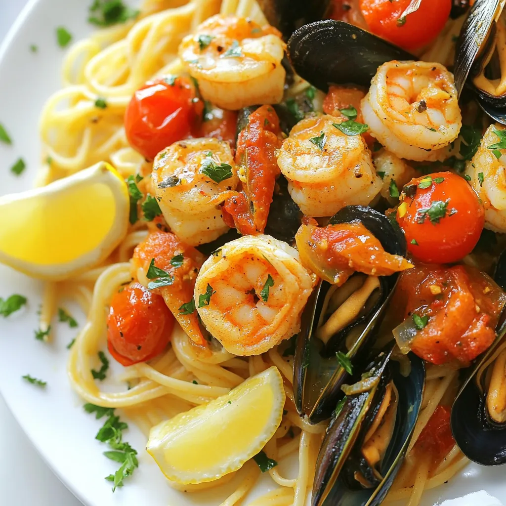 - 12 oz linguine or spaghetti - 1 pound shrimp, peeled and deveined - 1 pound mussels, cleaned - 1 cup scallops - 4 garlic cloves, minced - 1 medium onion, chopped - 1 bell pepper (red or green), diced - 1 cup cherry tomatoes, halved The base of this dish starts with pasta. You can use linguine or spaghetti. I prefer linguine for its shape. Next, choose your seafood. I like a mix of shrimp, mussels, and scallops. This mix gives great taste and texture. Don’t forget the fresh produce! Garlic adds depth. Onion and bell pepper bring sweetness. Cherry tomatoes add a burst of freshness. - 1 tablespoon Cajun seasoning - 1 teaspoon smoked paprika - Salt and pepper to taste Cajun seasoning packs a punch. It brings warmth and flavor. I always add smoked paprika for a hint of smoke. Salt and pepper balance the dish. - Fresh parsley - Lemon wedges Garnishing your plate makes it pop. Fresh parsley adds color and freshness. Lemon wedges give a zesty touch. Squeeze them on right before you eat! {{ingredient_image_1}} - Boil 12 oz of linguine or spaghetti in salted water. - Cook until al dente, about 8-10 minutes. - Drain the pasta and set it aside. - Heat 3 tablespoons of olive oil in a large skillet over medium heat. - Add 1 medium chopped onion and 1 diced bell pepper. - Sauté for 3-4 minutes until softened. - Stir in 4 minced garlic cloves and cook for 1 more minute. - Add 1 pound of shrimp, 1 pound of cleaned mussels, and 1 cup of scallops to the skillet. - Sprinkle with 1 tablespoon of Cajun seasoning and 1 teaspoon of smoked paprika. - Season with salt and pepper to taste. - Pour in 2 cups of vegetable broth and add 1 cup of halved cherry tomatoes. - Bring to a simmer. Cook until mussels open and shrimp turn pink, about 5-7 minutes. - Toss the cooked pasta into the skillet with the seafood mixture. - Gently combine everything for 2-3 minutes to heat through. - Remove from heat and garnish with fresh chopped parsley. - Serve with lemon wedges for a zesty touch. Timing for Shellfish Cooking seafood, like shrimp and mussels, is quick. Shrimp cooks in about 2-3 minutes. Mussels take around 5-7 minutes. Watch closely. They are done when shrimp turns pink and mussels open. How to Avoid Overcooking Overcooked seafood gets rubbery. To prevent this, take it off heat as soon as it’s done. A quick stir and a taste test help. Pull it from the pan while it’s still tender. Additional Seasonings to Try Cajun seasoning adds a kick. For more depth, try adding a pinch of cayenne or oregano. Fresh herbs like basil or thyme can brighten the dish too. A splash of lemon juice adds freshness. Alternative Ingredients for Customization You can swap seafood. Try crab or lobster for a richer dish. For a vegetarian twist, use mushrooms or zucchini. Adding spinach or kale makes it even healthier. Best Side Dishes for Mardi Gras Seafood Pasta Garlic bread pairs well. A light salad with citrus dressing contrasts the rich pasta. Roasted vegetables can add color and flavor too. Pairing with Wine or Drinks White wine, like Sauvignon Blanc, works well. Its crispness balances the dish's richness. For non-alcoholic options, a sparkling water with lime is refreshing. Pro Tips Fresh Seafood: Always opt for fresh seafood to enhance the flavor and texture of your dish. Check for a mild ocean scent and firm texture when selecting shrimp, mussels, and scallops. Don't Overcook: Keep a close eye on your seafood while cooking. Shrimp should be pink and opaque, while mussels should open up. Overcooking can lead to a rubbery texture. Adjust Spice Levels: Feel free to adjust the amount of Cajun seasoning and smoked paprika according to your spice tolerance. Start with less and add more to taste. Garnish for Freshness: A sprinkle of fresh parsley not only adds color but also enhances the dish's flavor. Pair it with lemon wedges for a zesty kick. {{image_2}} To make your Mardi Gras seafood pasta spicy, you can add red pepper flakes or hot sauce. Start with a small amount, like half a teaspoon of red pepper flakes. Stir it in with the seafood for a nice kick. If you love heat, feel free to add more. Hot sauce can also work well. Just drizzle some on your finished dish. This gives you control over the spice level. If you want a vegetarian twist, skip the seafood. Instead, use a mix of colorful veggies. Bell peppers, zucchini, and mushrooms are great options. You can sauté them just like the seafood. Add the Cajun seasoning to keep the flavor bold. This way, you still enjoy the festive taste of Mardi Gras. For a gluten-free version, choose gluten-free pasta. Many brands offer good options that taste great. Cook the gluten-free pasta just like regular pasta. Follow the package instructions for the best results. The rest of the recipe stays the same. You can enjoy this flavorful dish without any gluten. To store your Mardi Gras seafood pasta, let it cool first. Then, place it in an airtight container. This helps keep the dish fresh. Store it in the fridge for up to three days. When you reheat, check it to ensure it’s safe to eat. You can reheat seafood pasta in a few ways. A microwave works well; just cover it to keep moisture in. Stir it halfway through to heat evenly. You can also reheat it on the stove. Add a splash of broth or water for moisture. Heat it over medium until warm. To freeze, pack the pasta in a freezer-safe container. Leave some space at the top for expansion. It will last up to three months in the freezer. To thaw, place it in the fridge overnight. For quick thawing, use the microwave on the defrost setting. After thawing, reheat as described above. To add spice, use red pepper flakes. Start with a teaspoon. Taste and add more if needed. You can also use hot sauce or Cajun seasoning for extra heat. These options give a nice kick without losing flavor. Yes, you can use frozen seafood. It saves time and is often just as good. Make sure to thaw it first. Pat it dry to avoid extra water in your dish. This keeps the pasta from becoming watery. Cooking time may change slightly, so keep an eye on it. Good sides include garlic bread and a fresh salad. Both complement the pasta well. You can also serve it with coleslaw for a crunchy texture. These options balance the rich seafood flavors and make your meal special. Yes, this dish is great for meal prep. It holds up well in the fridge. Just store it in airtight containers. Reheat it on the stove or in the microwave. You can also freeze it for later. Just remember to add fresh parsley after reheating for the best taste. Mardi Gras Seafood Pasta combines fresh seafood and vibrant flavors. This dish is not just tasty; it's fun to make. Use linguine, shrimp, and spices to create a feast. Follow the steps for a perfect outcome, and don't forget the optional garnishes. For spice lovers, try adding red pepper flakes. You can even customize it with veggies for a vegetarian option. Enjoying this meal can bring the spirit of Mardi Gras right to your kitchen. With the tips and tricks provided, you can impress anyone at your table.