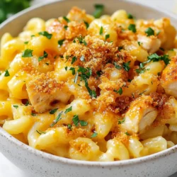 - 2 cups elbow macaroni - 1 lb chicken breast, diced - 1 cup sharp cheddar cheese, shredded - 1 cup mozzarella cheese, shredded - 1/2 cup cream cheese, softened - 1/4 cup honey - 2 tablespoons hot sauce (adjust to taste) - 2 tablespoons olive oil - 1 teaspoon garlic powder - 1 teaspoon onion powder - Salt and pepper to taste - 1/2 cup breadcrumbs (optional for topping) - Fresh parsley, chopped (for garnish) - Elbow macaroni: 2 cups is about 8 ounces, perfect for this dish. - Chicken breast: 1 lb yields about 3-4 servings, ideal for four people. - Cheeses: Use 1 cup each of sharp cheddar and mozzarella for a rich, creamy texture. - Cream cheese: 1/2 cup helps bind everything and adds a nice creaminess. - Honey: 1/4 cup gives that sweet touch to balance the heat. - Hot sauce: Adjust the 2 tablespoons based on your heat preference. - Olive oil: 2 tablespoons help cook the chicken evenly. - Seasonings: 1 teaspoon each of garlic and onion powder adds depth to flavor. - Breadcrumbs: 1/2 cup is optional for a crunchy topping. - Parsley: Fresh is best for garnish and color. - Macaroni: Barilla or Ronzoni for great texture. - Cheeses: Kraft for cheddar and Galbani for mozzarella. - Cream Cheese: Philadelphia is the gold standard. - Honey: Local or Manuka honey offers the best flavor. - Hot Sauce: Frank’s RedHot or Sriracha give great heat without overpowering. - Olive Oil: Extra virgin from brands like California Olive Ranch is ideal. - Breadcrumbs: Progresso or homemade for the best crunch. This blend of ingredients makes Spicy Honey Chicken Mac and Cheese a delightful dish. Each item contributes to the flavor and texture, ensuring a satisfying meal. {{ingredient_image_1}} First, grab a large pot. Fill it with water and add salt. Bring the water to a boil. Once it boils, add 2 cups of elbow macaroni. Cook it according to the package directions. You want the pasta to be al dente, so check it a minute early. After cooking, drain the macaroni and set it aside. Next, take a large skillet. Heat 2 tablespoons of olive oil over medium heat. Add 1 pound of diced chicken breast to the skillet. Season the chicken with 1 teaspoon of garlic powder, 1 teaspoon of onion powder, salt, and pepper. Cook the chicken for about 5-7 minutes. You want it to be cooked through and golden brown. In a small bowl, mix together 1/4 cup of honey and 2 tablespoons of hot sauce. This makes your spicy honey sauce. Once the chicken is cooked, pour the sauce over the chicken in the skillet. Toss the chicken to coat it in the sauce. Cook for another 1-2 minutes until everything is heated through. Now, take a large mixing bowl. Add the cooked macaroni, the spicy honey chicken, and 1/2 cup of softened cream cheese. Also, add 1 cup of shredded sharp cheddar cheese and 1 cup of shredded mozzarella cheese. Stir everything together until the cheeses begin to melt and combine well. If you want a crispy top, preheat your oven to 350°F (175°C). Pour the mac and cheese mixture into a greased baking dish. Optional: Sprinkle 1/2 cup of breadcrumbs on top. Bake for 15-20 minutes until it is golden and bubbly. Once done, take it out of the oven, garnish with fresh chopped parsley, and serve right away. To make great mac and cheese, start with the right pasta. Elbow macaroni holds cheese well. Cook it just until al dente. This keeps the pasta firm. Drain it well, but do not rinse. Rinsing washes away the starch. Starch helps the cheese sauce stick. To balance the heat in this dish, use the right amount of hot sauce. Start with two tablespoons. Taste before adding more. Honey brings sweetness and cuts the heat. If it’s too spicy, add more honey. You can also add more cream cheese for a milder taste. Melt cheese slowly for the best results. Mix the cheeses with the warm pasta. As you stir, the heat will help them melt. Adding cream cheese first makes it easier. If you want a gooey texture, use a double boiler. This way, you avoid burning the cheese. Pro Tips Use High-Quality Honey: Opt for pure, high-quality honey for the best flavor. It will enhance the sweetness and complexity of your dish. Adjust the Heat: Feel free to modify the amount of hot sauce according to your spice preference. Start with less if you're unsure, and add more gradually. Cheese Melting Tips: To achieve a creamy consistency, make sure your cream cheese is softened before mixing it with the hot ingredients. This will help it melt smoothly. Breadcrumbs for Crunch: If you like a crunchy topping, consider mixing your breadcrumbs with a bit of melted butter and Parmesan cheese for extra flavor. {{image_2}} You can change the chicken to fit your taste. Try turkey for a leaner option. Shrimp or cooked sausage also works well. For a vegetarian choice, use tofu or chickpeas. These swaps still taste great with the spicy honey sauce. Adding vegetables makes this dish healthier and more colorful. You can toss in cooked broccoli, spinach, or bell peppers. Zucchini or peas can also add a nice touch. Just make sure they are chopped small. This way, they mix well with the cheese and pasta. Cheese is key to creamy mac and cheese. If you want to try different cheeses, go for gouda or pepper jack. These cheeses add unique flavors, too. You can also use a mix of cheeses for a more complex taste. Just remember to keep the same amount of cheese for creaminess. You can store Spicy Honey Chicken Mac and Cheese in the fridge. Use an airtight container to keep it fresh. It lasts for up to three days. Make sure to let it cool before sealing it. You can also divide it into smaller portions for easy meals. If you want to save it longer, freezing is a good option. Place the mac and cheese in a freezer-safe container. It stays good for about two months. Remember to label the container with the date. Thaw it in the fridge overnight before cooking. When you are ready to eat, reheat it slowly. You can use a microwave or oven. If using a microwave, heat in short bursts, stirring in between. For the oven, preheat to 350°F. Cover with foil to prevent drying. Bake for about 20 minutes, or until hot. Add a bit of cream or cheese to keep it creamy. You can use any pasta you like. Fusilli, penne, or shells work great. Each shape holds cheese well. Choose what you have on hand for a fun twist. To cool down the spice, reduce the hot sauce. You can also add more cream cheese. Mixing in a bit of regular honey helps too. A little sour cream can also help balance the heat. Yes, you can prep this dish ahead. Cook the pasta and chicken, then mix. Store it in the fridge for a day. When you’re ready, bake it until warm and bubbly. Pair this dish with a fresh salad or steamed veggies. Garlic bread complements it nicely too. For something light, try a fruit salad. These sides balance the rich flavors well. This blog post covered how to make a tasty Spicy Honey Chicken Mac and Cheese. We discussed essential ingredients, cooking steps, and helpful tips for perfecting your dish. I also shared tasty variations and storage tips. As you try this recipe, remember to adjust spice levels to your taste. Enjoy the cooking process and feel proud of your creation. This dish is sure to please anyone at your table.