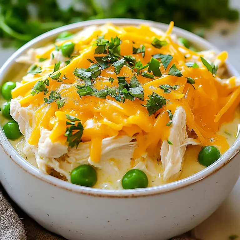 - 4 boneless, skinless chicken breasts - 1 packet (1 oz) ranch dressing mix - 1 cup cream cheese, softened - 1 cup chicken broth - 1 can (15 oz) cream of chicken soup - 1 cup shredded cheddar cheese - 1 cup frozen peas (optional) - ½ teaspoon garlic powder - Salt and pepper to taste - Fresh parsley for garnish To make Creamy Ranch Crockpot Chicken, gather these simple ingredients. You will need chicken breasts as the main protein. They cook well and stay juicy in the crockpot. Next, the cream cheese adds a rich flavor and smooth texture. It blends nicely with the ranch dressing mix. Together, these create a creamy sauce. You should also have chicken broth and cream of chicken soup. They enhance the dish's flavor and keep the chicken moist. Don't forget the seasonings! Garlic powder, salt, and pepper add depth to the taste. You can adjust these to your liking. Lastly, shredded cheddar cheese gives the dish a cheesy finish. If you want to add a pop of color and nutrition, toss in some frozen peas. This dish is easy to prepare and uses ingredients you may already have at home. You can make a delicious meal without much fuss! {{ingredient_image_1}} Seasoning the Chicken Start by placing the chicken breasts in your slow cooker. Sprinkle them with salt, pepper, and garlic powder. This simple blend adds great flavor. Mix it well to cover each piece. Mixing the Creamy Sauce In a medium bowl, combine the cream cheese, chicken broth, ranch dressing mix, and cream of chicken soup. Stir until it becomes smooth and creamy. This sauce is the star of your dish. Once mixed, pour the creamy sauce over the seasoned chicken. Cooking Time on Low vs High Cover the slow cooker with its lid. You can cook on low for 6-7 hours or on high for 4-5 hours. Cooking on low gives a more tender result. Check the chicken to ensure it is fully cooked and tender before moving on. Shredding the Chicken About 30 minutes before you plan to serve, use two forks to shred the chicken right in the pot. This method keeps all the flavors locked in. Adding Cheese and Peas Next, stir in the shredded cheddar cheese and frozen peas if you like them. Mix it well, and let it cook for another 30 minutes on low. This will melt the cheese and heat the peas through. Adjusting Seasoning Finally, taste the dish before serving. Add more salt and pepper if needed. This extra step makes sure it tastes just right. Serve hot and enjoy your creamy ranch goodness! - Ensuring Even Cooking: Cut chicken into similar sizes. This helps it cook at the same speed. Place the chicken in a single layer. Don’t stack pieces too high. This allows heat to reach all parts. - Avoiding Dry Chicken: Use enough liquid in the pot. The cream cheese and broth help keep the chicken moist. Cook on low if you have time. Low heat gives juicy results. - Additional Seasonings: Add herbs like thyme or rosemary for extra taste. A squeeze of lemon juice can brighten flavors. Try a pinch of paprika for a smoky touch. - Suggested Garnishes: Fresh parsley adds color and freshness. You can also sprinkle crispy bacon bits for crunch. Serve with sliced green onions for a nice bite. - Recommended Crockpot Models: Look for a 6-quart model for this recipe. Brands like Hamilton Beach and Crock-Pot are reliable. A programmable model is great for busy cooks. - Must-Have Cooking Utensils: Use a sturdy pair of forks to shred the chicken. A mixing bowl helps combine the creamy sauce. Keep measuring cups handy for precise ingredients. Pro Tips Use Fresh Herbs: Adding fresh herbs like thyme or dill can elevate the flavor of your dish and add a refreshing touch. Make It Spicy: If you enjoy a bit of heat, consider adding red pepper flakes or a splash of hot sauce to the cream cheese mixture. Meal Prep Friendly: This dish is great for meal prep! You can double the recipe and store leftovers in the fridge for up to 4 days. Serve with Sides: Pair this creamy ranch chicken with rice, mashed potatoes, or a fresh salad for a complete meal. {{image_2}} Chicken Breast Alternatives You can use different cuts of chicken. Thighs add more flavor and moisture. You can also try using turkey breasts. They work well too. Just remember to adjust cooking time for different cuts. Dairy-Free Options If you want a dairy-free dish, swap cream cheese for a non-dairy cream. Use coconut milk or a cashew cream. Both add creaminess without dairy. Check for dairy-free ranch dressing mixes for flavor. Adding Vegetables You can easily add veggies to this dish. Carrots, bell peppers, and broccoli work great. They add color and nutrients. Just toss them in the slow cooker with the chicken. Spicy Kick Variants For a spicy twist, add red pepper flakes or hot sauce. Stir in jalapeños for heat. You can also use spicy ranch dressing mix. Adjust to your taste, and enjoy the extra flavor. Side Dishes This chicken pairs well with many sides. Try mashed potatoes, steamed rice, or a fresh salad. These options soak up the creamy sauce and add balance to your meal. Serving Over Rice or Pasta Serve this dish over rice or pasta for a filling meal. The sauce makes everything delicious. It’s perfect for a cozy dinner with family or friends. To keep your Creamy Ranch Crockpot Chicken fresh, follow these steps: - Refrigeration Guidelines: Place leftovers in an airtight container. Store in the fridge for up to four days. Make sure the chicken cools down before sealing. This keeps bacteria away and maintains flavor. - Freezing Tips: You can freeze this dish for longer storage. Use freezer-safe bags or containers. It stays good for three months. Thaw in the fridge overnight before reheating. To enjoy your leftovers again, follow these methods: - Best Methods for Reheating: The microwave works well for quick reheating. Use a microwave-safe dish and cover it. Heat in short bursts, stirring in between. You can also reheat on the stove over low heat. Stir often to prevent sticking. - Ensuring Quality and Flavor Preservation: Add a splash of chicken broth while reheating. This helps keep the dish moist and flavorful. Taste and adjust seasoning if needed. Fresh parsley on top revives the dish's look and taste. Yes, you can use frozen chicken breasts in this recipe. Cooking from frozen is easy in a crockpot. Just add the frozen chicken to the pot, and season it as usual. The cooking time will be longer. Cook on low for about 8 to 9 hours, or on high for about 5 to 6 hours. Check that the chicken reaches 165°F to ensure it is safe to eat. To make Creamy Ranch Crockpot Chicken healthier, you can use low-fat alternatives. Swap regular cream cheese for low-fat cream cheese. You can also use low-sodium chicken broth, which reduces the salt content. For a lighter dish, add more vegetables like spinach or broccoli. These options help cut calories without losing flavor. This dish pairs well with many sides. You can serve it over rice or pasta for a filling meal. Mashed potatoes or a fresh green salad also work nicely. Consider adding crusty bread to soak up the creamy sauce. These sides balance the rich flavors and make your meal even better. This blog post covers all you need for creamy ranch crockpot chicken. You learned about key ingredients, step-by-step cooking, and tips for perfect results. I shared ways to swap ingredients for different flavors and how to store leftovers. With these methods, you can enjoy a tasty meal while keeping it simple. Use these insights to create your own delicious versions. I hope you're excited to try it out!