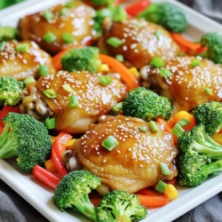 - 1.5 lbs boneless, skinless chicken thighs - 1 cup teriyaki sauce (store-bought or homemade) - 1 tablespoon olive oil - 1 teaspoon sesame oil - 2 cloves garlic, minced - 1 teaspoon fresh ginger, grated The chicken thighs are juicy and tender, perfect for soaking up the teriyaki sauce. I love using thighs because they stay moist while cooking. The marinade brings out the best flavors. You can make your teriyaki sauce at home or buy it at the store. Both options work well. - 2 cups broccoli florets - 1 red bell pepper, sliced - 1 cup carrots, peeled and cut into thin matchsticks The veggies add crunch and color to the dish. Broccoli is packed with nutrients, and red bell pepper adds sweetness. Carrots bring a nice texture and bright orange hue. These veggies roast well with the chicken and soak up the sauce, making them extra tasty. - 1 tablespoon sesame seeds - 3 green onions, sliced - Salt and pepper to taste Garnishes make your dish look and taste better. Sesame seeds add a nutty flavor and nice crunch. Green onions give a fresh taste that brightens up the meal. Don't forget to season with salt and pepper to enhance all the flavors. 1. Preheat your oven to 400°F (200°C). Line a large sheet pan with parchment paper. This makes cleanup easy. 2. In a bowl, mix the teriyaki sauce, minced garlic, grated ginger, olive oil, and sesame oil. Save about one-third of this mix for glazing later. 3. Place the chicken thighs in a shallow dish or a ziplock bag. Pour the marinade over the chicken, making sure it’s well-coated. Let it sit for at least 30 minutes. If you have more time, let it marinate for up to two hours in the fridge. This adds great flavor. 1. While the chicken is soaking in the marinade, prepare your veggies. Chop the broccoli into florets, slice the red bell pepper, and peel and cut the carrots into thin matchsticks. 2. Spread the chopped veggies on your lined sheet pan. Drizzle them lightly with olive oil. Season with salt and pepper. Toss everything together to coat the vegetables evenly. 1. After marinating, take the chicken out of the marinade. Place it on the sheet pan with the veggies. Make sure everything is in a single layer. This ensures even cooking. 2. Roast the chicken and veggies in the preheated oven for 25-30 minutes. Check that the chicken reaches an internal temperature of 165°F (75°C) and the veggies are tender-crisp. 3. In the last five minutes of cooking, brush the reserved teriyaki sauce over the chicken. This adds an extra layer of flavor. 4. Once done, take the sheet pan out of the oven. Let it rest for a few minutes. Before serving, sprinkle sesame seeds and sliced green onions on top. For teriyaki chicken, marinating is key to great taste. The best time to marinate chicken is at least 30 minutes. If you can wait, marinate it for up to 2 hours. This longer time allows the chicken to soak up all the flavors. You can use either store-bought or homemade teriyaki sauce. Homemade sauce can taste fresher and allow you to adjust the sweetness or spice levels. To get evenly cooked chicken and veggies, spread them out on the sheet pan. Make sure everything is in one layer. This helps the heat reach all parts of the food. To avoid soggy vegetables, do not overcrowd the pan. Toss the veggies lightly in oil and seasonings, then place them in the oven. This keeps them crisp and tasty. Pair this dish with rice or quinoa for a complete meal. You can also serve it with a simple salad for a fresh touch. If you have leftovers, try using them in a wrap or a stir-fry. You can also top a salad with the chicken and veggies for a quick lunch. {{image_2}} You can switch out chicken for tofu or pork. If you use tofu, choose firm or extra firm for the best texture. Cut it into cubes and marinate just like chicken. If you go for pork, boneless pork chops work well. Adjust cooking times as needed. Tofu cooks faster, so check it at about 20 minutes. Pork needs around 30 minutes to reach the right temperature. Feel free to mix in seasonal veggies. You could use zucchini, snap peas, or asparagus. Each adds a unique taste and texture. For even more flavor, try adding mushrooms or bok choy. You can toss in some sliced radishes for a peppery crunch. You can adjust the sweetness and spice in your teriyaki sauce. If you like it sweeter, add honey or brown sugar. For heat, stir in some red pepper flakes or sriracha. You can also add sesame oil or rice vinegar for extra depth. Experiment with ingredients to find your favorite balance. After you enjoy your sheet pan teriyaki chicken and veggies, store the leftovers right away. Place them in an airtight container. This helps keep the food fresh. I suggest using glass containers. They do not stain and are easy to clean. Make sure to eat leftovers within 3 to 4 days for the best taste. If you want to keep your chicken and veggies longer, freezing is a great option. First, let the food cool completely. Then, transfer it to freezer-safe bags or containers. Try to remove as much air as possible. This prevents freezer burn. You can store the dish for up to 3 months. When you're ready to eat, thaw it overnight in the fridge. Reheating your teriyaki chicken and veggies can be simple. You can use the oven, microwave, or stovetop. For the oven, preheat to 350°F (175°C). Place the food in a baking dish and cover it with foil. Heat for about 15-20 minutes. This keeps everything moist. If using the microwave, heat in short bursts, stirring in between. This helps warm the dish evenly. Enjoy the great flavors again! Yes, you can make this recipe in advance. Marinate the chicken for at least 30 minutes. For better flavor, marinate it for up to 2 hours in the fridge. You can chop the veggies a day ahead too. Just store them in the fridge in a covered container. When you’re ready to cook, simply bake everything. If you don’t have teriyaki sauce, you can use soy sauce. Mix soy sauce with honey for sweetness. You can also try hoisin sauce or a mix of soy sauce and rice vinegar. For a homemade option, blend soy sauce, honey, ginger, and garlic. This gives a similar flavor to teriyaki. To check if the chicken is done, use a meat thermometer. The chicken should reach an internal temperature of 165°F (75°C). You can also cut into the chicken. If the juices run clear and the meat is no longer pink, it is done. Yes, you can use frozen vegetables. They are quick and easy. Just add a few extra minutes to the cooking time. Thaw them before adding to avoid excess moisture. This helps keep the veggies from becoming mushy. This dish pairs well with rice or quinoa. You can also serve it with a fresh salad. Try a simple cucumber salad for crunch. Noodles are another great option for a complete meal. Enjoy your dinner with these tasty sides! This recipe combines marinated chicken thighs, vibrant veggies, and a savory teriyaki sauce. You learned how to prepare and bake the dish step by step. With tips on marinating and baking, you can enhance flavor and prevent sogginess. Try different proteins and seasonal veggies for more variety. Store leftovers wisely and reheat them to keep their taste. Enjoy this dish as a satisfying meal with endless possibilities. Cooking can be fun and rewarding. Happy cooking!