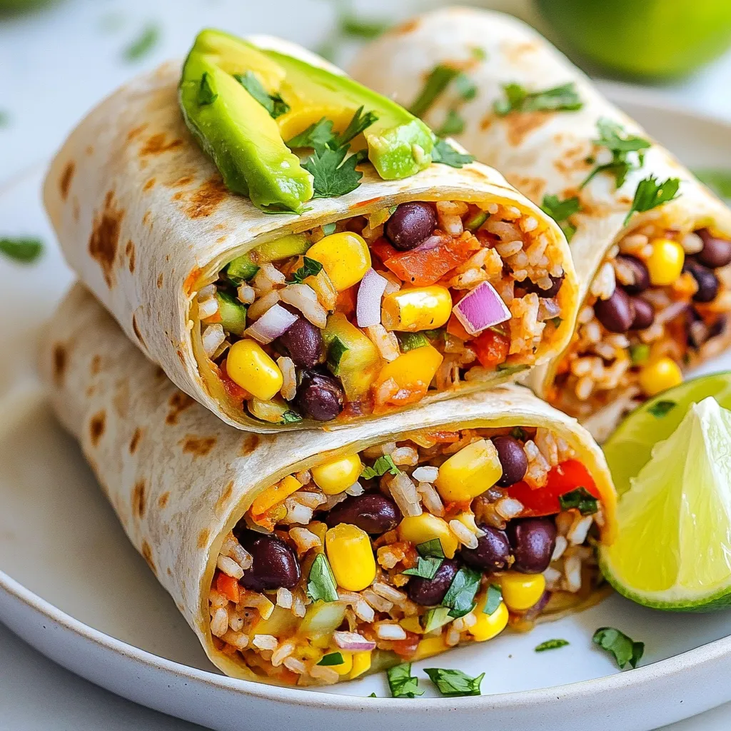 - 4 large whole grain tortillas - 1 cup cooked brown rice - 1 can (15 oz) black beans, rinsed and drained - 1 cup corn, frozen or fresh - 1 red bell pepper, diced - 1 avocado, sliced - 1 medium red onion, diced To make tasty vegan burrito wraps, start with whole grain tortillas. They give a nice texture and are healthy. Next, you need cooked brown rice for a filling base. Black beans add protein and fiber, while corn brings sweetness. Fresh veggies like red bell pepper, avocado, and red onion add crunch and flavor. - 1 tablespoon olive oil - 1 teaspoon ground cumin - 1 teaspoon chili powder - ½ teaspoon garlic powder - Salt and pepper to taste Spices are key to flavor. Olive oil helps cook the veggies. Ground cumin gives warmth, while chili powder adds some heat. A pinch of garlic powder enhances everything. Don’t forget salt and pepper to taste; they balance the dish. - Fresh cilantro, chopped (for garnish) - Lime wedges (for serving) For a finishing touch, add fresh cilantro on top. It brightens the flavors. Serve with lime wedges on the side. A squeeze of lime juice adds a zesty kick that makes every bite pop! {{ingredient_image_1}} To start, heat 1 tablespoon of olive oil in a skillet over medium heat. Add 1 diced red onion. Sauté it for about 3 to 4 minutes until it looks clear. Next, toss in 1 diced red bell pepper. Cook it for another 3 minutes until it’s soft. Now, it’s time to add some flavor. Stir in 1 cup of cooked brown rice, 1 can of black beans (rinsed and drained), and 1 cup of corn. For spices, add 1 teaspoon of ground cumin, 1 teaspoon of chili powder, and ½ teaspoon of garlic powder. Season with salt and pepper to taste. Mix everything well and cook for 5 to 7 minutes until it’s warm. Lay out 4 large whole grain tortillas on a clean surface. Spoon a generous amount of the veggie mixture onto the center of each tortilla. Add several slices of avocado on top for creaminess. To wrap, fold in the sides of the tortilla. Then roll it away from you to make a tight wrap. Repeat this with the other tortillas and filling. For a crispy finish, heat a dry skillet over medium heat. Place the burritos in the hot skillet and grill them for 1 to 2 minutes on each side. You want them golden and slightly crispy. This adds a nice texture and brings out the flavors. Enjoy your delicious vegan burrito wraps! You can cook brown rice on the stovetop or in a rice cooker. Both methods work well. For stovetop cooking, use a pot with a lid. Combine 1 cup of rice with 2 cups of water. Bring it to a boil, then reduce heat and cover. Let it simmer for about 45 minutes. Remove from heat and let it sit for 10 minutes. Fluff it with a fork before using. If you use a rice cooker, the process is even easier. Just add the rice and water in the same ratio. Close the lid and press the cook button. The rice cooker will handle the timing and temperature. This method saves time and ensures perfect rice every time. To store leftover burrito filling, let it cool completely. Place it in an airtight container. It can last in the fridge for up to four days. For longer storage, you can freeze it. Use a freezer-safe bag or container. Squeeze out any air before sealing. This helps prevent freezer burn. When you reheat, use the microwave or a skillet. For the microwave, heat it in 30-second intervals, stirring in between. In a skillet, add a little water and cover. Heat on low until warm. This keeps the filling moist and tasty. Meal prep is key for busy days. You can make burritos ahead of time and store them. Assemble the burritos as usual, then wrap them in foil or plastic wrap. Place them in the fridge for up to three days. You can also freeze them for up to three months. To freeze, wrap each burrito tightly. When ready to eat, thaw it in the fridge overnight. Reheat in the microwave or oven. If using an oven, wrap in foil and bake at 350°F for 20 minutes. This gives you a hot, tasty meal in no time. Pro Tips Use Fresh Ingredients: Whenever possible, opt for fresh vegetables and herbs to enhance the flavor and nutrition of your burritos. Customize Your Fillings: Feel free to add other veggies like zucchini, spinach, or mushrooms based on your preferences or what you have at home. Make Ahead: Prepare the filling in advance and store it in the fridge. You can assemble the burritos when you're ready to eat! Spice It Up: Adjust the spices to your liking; add more chili powder for heat or include a dash of hot sauce for an extra kick! {{image_2}} Want to boost the protein in your burrito? You can add tofu, tempeh, or seitan. Tofu is soft and absorbs flavor well. Just cube it and sauté it with your veggies. Tempeh has a nutty taste and provides a firm texture. Slice it and cook it like tofu. Seitan is chewy and mimics meat. It’s great for a hearty bite. Try these options to make your burrito more filling and nutritious. If you want a twist, try different tortillas. Whole grain is healthy, but gluten-free options exist. Look for corn or rice-based tortillas if you’re gluten-free. You can also use flavored tortillas. Spinach or tomato tortillas add color and taste. These choices can make your burrito fun and unique. Dare to explore new flavors for your burrito! A Southwest style uses smoky spices and black beans. For a Mediterranean twist, add hummus and olives. You can try an Asian-inspired burrito with ginger and bok choy. Each variation offers a unique taste adventure. Mix and match flavors to find your favorite combination! To keep your burrito wraps fresh, store them in the fridge. First, wrap each burrito in plastic wrap or foil. This helps prevent them from drying out. Place the wrapped burritos in an airtight container to keep them safe from other odors in the fridge. They can last for about 3 to 4 days this way. Remember to label the container with the date so you know when to enjoy them! If you want to save your burritos for later, freezing is a great option. Start by letting the assembled burritos cool completely. Once they are cool, wrap each one tightly in plastic wrap. Then, place the wrapped burritos in a freezer-safe bag or container. Remove as much air as possible to prevent freezer burn. These burritos can stay fresh in the freezer for up to 2 months. When you’re ready to eat, just thaw them overnight in the fridge. When it's time to enjoy your burrito wraps, you have several reheating options. The quickest way is to use a microwave. Unwrap the burrito and place it on a microwave-safe plate. Heat it for about 1 to 2 minutes, or until warm. If you prefer a crispy wrap, you can use a skillet. Heat a little oil in the skillet over medium heat. Place the burrito in the skillet and cook for about 2 to 3 minutes on each side. This method gives you a nice, golden crust. You can also use an oven. Preheat to 350°F (175°C) and wrap the burrito in foil. Bake for about 15 to 20 minutes, or until heated through. Choose the method that works best for you! Yes, you can customize the filling. Here are some fun ideas: - Switch the beans: Try pinto or kidney beans. - Add more veggies: Spinach, zucchini, or mushrooms work well. - Include grains: Quinoa or farro can replace brown rice. - Spice it up: Add jalapeños or hot sauce for heat. - Use different herbs: Cilantro, parsley, or basil can change the flavor. Yes, homemade wraps often have more nutrients. Here’s how they compare: - Fresh ingredients: You choose fresh veggies and whole grains. - Less sodium: Store-bought wraps may have extra salt. - No preservatives: Homemade wraps avoid artificial additives. - Control portions: You decide how much filling to use. Vegan burrito wraps last about 3 to 5 days in the fridge. Here are tips for safety: - Store in an airtight container: This keeps them fresh longer. - Check for spoilage: Look for any off smells or colors. - Reheat carefully: Warm them in the microwave or skillet before eating. In this blog post, we covered essential ingredients and spices for vegan burrito wraps. You learned how to prepare the veggie mixture, assemble your wraps, and grill them for extra flavor. I shared tips on cooking brown rice, storing leftovers, and making burritos ahead of time. Finally, we explored variations and storage information. Vegan burrito wraps are simple to make and packed with flavor. You can customize them to suit your taste while keeping them healthy. Enjoy creating your perfect burrito wrap!