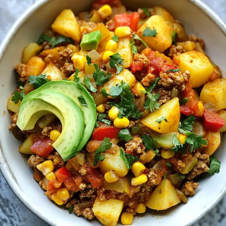 For this tasty Ground Turkey Potato Skillet, you'll need: - 1 lb ground turkey - 3 medium potatoes, diced (Russet or Yukon Gold) - 1 small onion, finely chopped - 2 cloves garlic, minced - 1 bell pepper (red or yellow), diced - 1 cup corn kernels (fresh or frozen) - 1 teaspoon smoked paprika - 1 teaspoon cumin - ½ teaspoon chili powder - 2 tablespoons olive oil - Salt and pepper to taste - ¼ cup fresh cilantro, chopped (for garnish) - Avocado slices (for serving) You can add some fun extras to boost the flavor: - Jalapeños for heat - Zucchini, diced - Black beans for more texture - Cheese for creaminess Seasonings can transform your dish. Try these: - Oregano for a herbal touch - Thyme for earthiness - A squeeze of lime for zest - Fresh parsley for a bright finish Each ingredient enhances the dish, making it more exciting. Use your favorite items to create a meal you love! {{ingredient_image_1}} First, grab your potatoes and dice them into small pieces. You can use Russet or Yukon Gold potatoes. Heat 1 tablespoon of olive oil in a large skillet over medium heat. Add the diced potatoes and sprinkle them with salt and pepper. Cook the potatoes for about 10 to 12 minutes. Stir them occasionally to help them brown evenly. You want them to be golden and tender. Once done, take them out of the skillet and set them aside for later. Now, let’s cook the ground turkey. In the same skillet, add the remaining tablespoon of olive oil. Once it heats up, toss in the finely chopped onion and minced garlic. Sauté these for about 3 minutes. You want the onion to be soft and clear. Next, add the ground turkey to the skillet. Use a spatula to break it apart. Cook until the turkey turns brown and is fully cooked, which takes about 5 to 7 minutes. It’s time to mix everything together! Add the diced bell pepper, corn, smoked paprika, cumin, and chili powder to the turkey. Then, return the cooked potatoes to the skillet. Stir everything well to combine the flavors. Let this cook for another 5 minutes. This will help the spices mix into the dish. Taste it and adjust the salt and pepper if needed. Once done, remove from the heat. Sprinkle fresh cilantro on top and serve hot with slices of avocado. Enjoy your tasty meal! To get nice, even browning on your ground turkey, use medium heat. If your skillet is too hot, the meat may burn. Break up the turkey with a spatula as it cooks. This helps it brown evenly. Stir it often to avoid sticking and to cook it through. For tender potatoes, cut them into small, even pieces. This helps them cook faster and more evenly. Start cooking them in a hot skillet with some oil. Stir them often and let them sit for a bit to brown. It takes about 10-12 minutes for the potatoes to become golden and soft. A large non-stick skillet works best for this dish. It allows for easy cooking and cleaning. Use a spatula to stir and break up the meat. A sharp knife and cutting board help you chop the veggies quickly. Keep a lid handy to cover the skillet while cooking, which helps steam the potatoes and turkey. Pro Tips Use Fresh Ingredients: Opt for fresh bell peppers and corn for a vibrant taste that enhances the overall flavor of the dish. Spice it Up: Adjust the chili powder to your heat preference; you can add more for a spicier kick or reduce it for a milder flavor. Make it a Meal: Serve with a side of salad or tortilla chips for a complete meal experience that balances flavors and textures. Leftovers Storage: Store leftovers in an airtight container in the fridge for up to 3 days, making for a quick lunch option. {{image_2}} You can switch ground turkey for other proteins. Ground chicken works well. It has a light flavor and cooks fast. You can also use ground beef. Look for lean beef to keep it healthy. Both options pair great with the spices in this dish. Just ensure they are cooked through. To make this dish vegetarian, swap the turkey for plant-based meat. There are many brands that taste great. You can also use cooked lentils or beans. They add protein and fiber. Just cook them until heated through. This keeps the dish hearty and filling. Feel free to add more veggies to your skillet. Zucchini, mushrooms, or spinach work well. They add color and nutrients. You can also try adding diced tomatoes. They bring a nice sweetness to the dish. Just cook them until tender. To store leftovers, let the skillet cool down first. Then, put the food in an airtight container. Keep it in the fridge for up to three days. If you want to keep it longer, consider freezing it instead. To reheat, use a skillet over medium heat. Add a splash of water or broth to keep it moist. Stir often and heat until hot. You can also use the microwave, but cover the dish to avoid drying out the food. Heat in short bursts, stirring in between. For freezing, let the dish cool fully before packing. Use freezer-safe containers or bags. This meal freezes well for up to three months. When ready to eat, thaw overnight in the fridge. Reheat in a skillet for the best texture. Yes, you can use sweet potatoes. They add a nice sweetness. Just peel and dice them like regular potatoes. Cook them the same way, but they may cook faster. Check for doneness after 8-10 minutes. This change gives you a healthier twist on the dish. To spice things up, add more chili powder. You can also include diced jalapeños or red pepper flakes. If you like heat, use a spicy salsa as a topping. These options will give the meal extra flavor and kick. You can replace ground turkey with ground chicken or beef. For a vegetarian option, try black beans or lentils. These substitutes keep the meal hearty and tasty. Adjust cooking times as needed for the different proteins. This blog post shared how to make a tasty dish with ground turkey and potatoes. We covered the main ingredients and some optional ones to boost flavor. You learned step-by-step methods for preparation and cooking, plus tips for an even cook. We discussed variations like using different proteins and vegetables. Lastly, we reviewed how to store and reheat your leftovers. Now, you can enjoy a simple and delicious meal tailored to your taste.