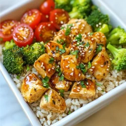 To make these easy chicken rice meal prep bowls, gather the following ingredients: - 2 cups cooked brown rice - 1 lb chicken breast, diced - 2 tablespoons olive oil - 1 teaspoon garlic powder - 1 teaspoon paprika - 1 teaspoon dried thyme - Salt and pepper to taste - 2 cups broccoli florets (fresh or frozen) - 1 cup cherry tomatoes, halved - 1/4 cup low-sodium soy sauce These ingredients create a balanced meal that is full of flavor and nutrition. The brown rice serves as a healthy base, while the chicken provides lean protein. Broccoli adds fiber and vitamins, making these bowls wholesome. You can customize these bowls with optional ingredients for extra taste: - 2 tablespoons sesame seeds (optional) - 1 tablespoon honey (optional) - Fresh parsley for garnish Adding sesame seeds gives a nice crunch. A drizzle of honey can enhance the sauce's sweetness. Fresh parsley adds a pop of color and freshness to each bowl. This meal is packed with nutrients. Here’s a simple breakdown: - Brown rice is rich in fiber and helps keep you full. - Chicken breast is a great source of protein, supporting muscle health. - Broccoli is low in calories but high in vitamins C and K. - Cherry tomatoes add antioxidants and flavor. These ingredients together create a meal that supports energy, health, and satisfaction. Enjoy this easy chicken rice meal prep bowl, knowing you are fueling your body right. {{ingredient_image_1}} Start by taking 1 pound of diced chicken breast. Place it in a large bowl. Add 2 tablespoons of olive oil, 1 teaspoon of garlic powder, 1 teaspoon of paprika, and 1 teaspoon of dried thyme. Sprinkle with salt and pepper to taste. Mix the chicken well until every piece is coated evenly. This step adds great flavor to your chicken. Grab a non-stick skillet and heat it over medium heat. Once hot, add your seasoned chicken. Cook the chicken for 6 to 8 minutes. Stir it often to ensure even cooking. You want the chicken to turn a nice golden brown and be no longer pink in the center. Once done, remove the skillet from the heat and set the chicken aside. Now, let’s steam the broccoli. Fill a pot with water and bring it to a boil. Use a steaming basket and place 2 cups of broccoli florets in it. Steam the broccoli for about 4 to 5 minutes. It should be tender but still bright green. After steaming, drain the broccoli and set it aside. To assemble your meal prep bowls, start with a base of 2 cups of cooked brown rice in each container. Next, add the cooked chicken and the steamed broccoli on top. Evenly distribute 1 cup of halved cherry tomatoes over each bowl. For added flavor, mix 1/4 cup of low-sodium soy sauce with 1 tablespoon of honey, if you like. Drizzle this sauce over each bowl. Finish with a sprinkle of sesame seeds and some fresh parsley for a nice touch. Your meal prep bowls are now ready to enjoy! To save time, cook chicken and rice in one go. Use leftover rice if you have it. You can also slice chicken ahead of time. Marinate it overnight for better flavor. Cook in bulk and make extra servings. Store your meal prep bowls in the fridge. They make great lunches for the week. Make your bowls look great by layering. Start with rice, then add chicken and broccoli. Place cherry tomatoes on top for a pop of color. Drizzle sauce last to keep rice dry. Use clear containers to show off the layers. Garnish with sesame seeds and parsley for a nice finish. Don’t be afraid to mix it up! Change spices based on what you like. Swap garlic powder for fresh garlic for a stronger taste. Add more or less soy sauce to adjust saltiness. Use different veggies like bell peppers or carrots. Try adding a squeeze of lime for a fresh twist. Pro Tips Marinate for More Flavor: Allow the chicken to marinate in the olive oil and spices for at least 30 minutes before cooking. This enhances the flavor and tenderness of the chicken. Use Fresh Ingredients: Whenever possible, opt for fresh broccoli and cherry tomatoes. They not only taste better but also provide more nutrients compared to frozen options. Customize Your Veggies: Feel free to swap out the broccoli and tomatoes for your favorite vegetables. Bell peppers, snap peas, or zucchini work great in this recipe. Meal Prep Storage: Make sure to store your meal prep bowls in airtight containers in the fridge. They can last up to 4 days for a quick and easy meal throughout the week. {{image_2}} You can swap chicken for other proteins. Try diced turkey or lean beef. Shrimp is also a great option. If you want something different, use tofu or tempeh. Just season them like the chicken. Cook them until they are done. These swaps keep the meal fresh and exciting. For vegetarian or vegan bowls, swap the chicken with chickpeas or black beans. They add protein and fiber. You can also use lentils for a hearty option. Mix in extra veggies like bell peppers or zucchini. This change makes your meal colorful and tasty. Change up the flavors with different sauces. Try teriyaki sauce for a sweet twist. A spicy sauce can add heat and excitement. For herbs, use basil or cilantro instead of thyme. Experimenting with these swaps can make each meal unique, keeping your taste buds happy. To keep your Easy Chicken Rice Meal Prep Bowls fresh, use airtight containers. Glass or BPA-free plastic works well. Let the bowls cool before sealing. If you add sauce, store it separately. This keeps the rice from getting soggy. Label each container with the date. Store these in the fridge for easy access. When stored correctly, these meal prep bowls last about 4 days in the fridge. After this time, the chicken may lose its flavor and texture. If you see any signs of spoilage, toss the bowl. Always trust your senses. If it smells off or looks strange, don’t eat it. Reheat your meal prep bowls in the microwave. Place a bowl in for about 2-3 minutes. Stir halfway through for even heating. If using the oven, preheat to 350°F (175°C). Heat for about 10-15 minutes until warmed through. Add a splash of water to keep the rice moist. Enjoy your meal warm and fresh! Yes, you can use white rice. It cooks faster than brown rice. White rice has a softer texture. It also absorbs flavors well. Just be mindful of the cooking time. Follow the package directions for best results. This swap makes the meal quick and easy. You can add many veggies to your bowls. Try carrots, bell peppers, or snap peas. Spinach or kale adds color and nutrition. You can also use frozen mixed vegetables for ease. Just steam or sauté them before adding. Feel free to get creative with your choices! To make these bowls gluten-free, swap low-sodium soy sauce for tamari. Tamari is a gluten-free soy sauce. You can also use coconut aminos. This sauce gives a similar taste without gluten. Always check labels on other ingredients for hidden gluten. Enjoy your meal prep worry-free! This guide covers everything you need for easy chicken rice meal prep bowls. You explored key ingredients, step-by-step cooking, and smart tips for saving time. Variations let you mix flavors and protein types. I discussed storage tips to keep meals fresh and answered common questions. With these tools, you can create delicious bowls that fit your taste. Enjoy simple, healthy meals that save you time during the week. Prepare these bowls and make meal prep fun and easy!