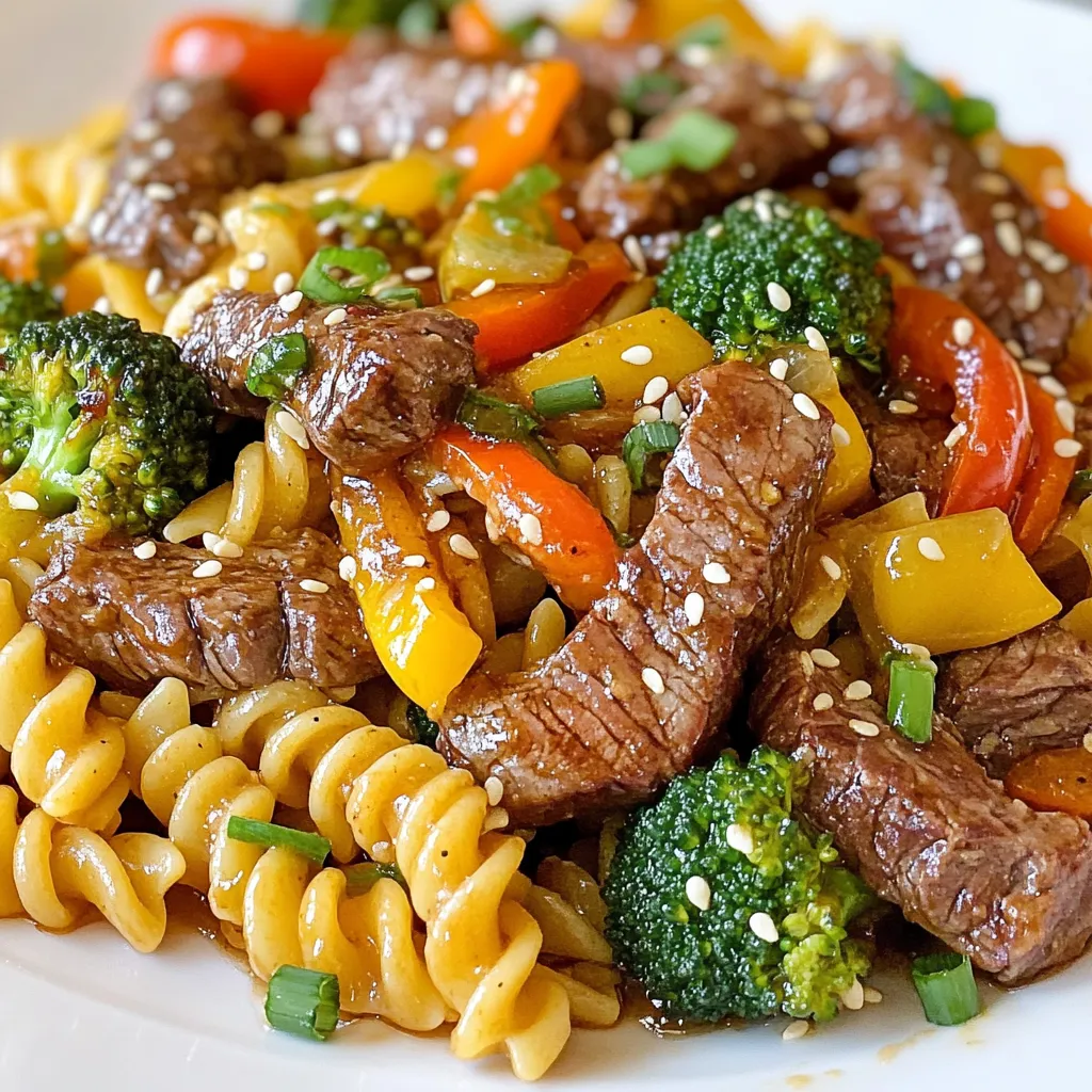 - 8 oz rotini pasta - 1 lb flank steak, sliced thin against the grain - 1/4 cup honey - 3 cloves garlic, minced - 1/4 cup soy sauce (low sodium) - 1 tablespoon sesame oil - 1 teaspoon freshly grated ginger - 1 bell pepper, sliced (any color) - 1 cup broccoli florets - Chopped green onions, for garnish - Sesame seeds, for garnish Gather these fresh ingredients before you start cooking. The rotini pasta is the base of this dish. Its twisty shape holds onto the sauce well. The flank steak offers rich flavor and tender bites. Honey brings a sweet touch that balances the savory notes. The marinade shines with garlic, soy sauce, sesame oil, and ginger. This mix adds depth to the steak. Marinating it helps the flavors soak in. For the vegetables, bell pepper adds crunch and color. Broccoli florets bring a healthy boost. Finally, green onions and sesame seeds make great garnishes. They add flavor and visual appeal to your meal. With these ingredients, you create a dish that is both tasty and pleasing. Enjoy cooking this delightful meal! {{ingredient_image_1}} To start, bring a large pot of water to a boil. Add salt to the water. Salt helps the pasta taste better. Once boiling, add 8 oz of rotini pasta. Cook it until it’s al dente. This usually takes about 8-10 minutes. After that, drain the pasta and set it aside. Next, let’s make the marinade. In a bowl, mix together 1/4 cup honey, 3 minced cloves of garlic, 1/4 cup low-sodium soy sauce, 1 tablespoon sesame oil, and 1 teaspoon grated ginger. This mix gives the steak a sweet and savory flavor. Place 1 lb of thinly sliced flank steak in a resealable bag. Pour the marinade over the steak. Make sure it’s well-coated. Let it marinate for at least 30 minutes. For stronger flavor, marinate up to 2 hours in the fridge. While the steak marinates, let’s sauté the veggies. Heat 2 tablespoons of olive oil in a large skillet over medium-high heat. Add sliced bell pepper and 1 cup of broccoli florets. Sauté for about 3-4 minutes. You want them to soften but still be crisp. Remove them from the skillet and set aside. Now, it’s time to cook the steak. In the same skillet, add the marinated steak and the leftover marinade. Cook for about 4-6 minutes. Stir it continuously for even cooking. Check for your desired doneness. For medium-rare, aim for an internal temperature of 135°F. Once the steak is done, add the sautéed vegetables back to the skillet. Toss in the cooked rotini. Mix everything well, making sure the pasta gets coated with the honey garlic sauce. Season with salt and pepper to taste. For serving, divide the Honey Garlic Steak Rotini into plates or bowls. To make it look nice, garnish with chopped green onions and sesame seeds. This adds a pop of color and extra crunch. Enjoy your meal! To enhance the flavor of the marinade, you can add a splash of rice vinegar or a pinch of red pepper flakes for a little kick. These extras add depth and balance to the sweet and savory notes. Marinating the steak is key. I recommend marinating for at least 30 minutes but try to go for 2 hours if you can. This lets the flavors soak in well and makes the meat tender. Use a heavy, non-stick skillet for best results. This type of pan helps distribute heat evenly and prevents sticking. When sautéing, keep an eye on the heat. Start at medium and adjust as needed. Stir often to avoid burning. If things start to brown too quickly, lower the heat a bit. It’s all about getting that perfect golden color without char. Feel free to customize your dish with extra vegetables. Snap peas, carrots, or zucchini can brighten it up. You can also adjust the sweetness by adding more honey or a splash of soy sauce for saltiness. If you want more heat, a dash of chili sauce or fresh jalapeños can elevate the dish. Enjoy making it your own! Pro Tips Rest the Steak: After cooking, let the steak rest for a few minutes before slicing. This allows the juices to redistribute, resulting in a more tender and flavorful meat. Customize the Veggies: Feel free to swap the bell peppers and broccoli for your favorite vegetables. Zucchini, snap peas, or carrots would also work well in this dish. Marination Time: For the best flavor, marinate the steak for at least 1 hour, but if time allows, letting it sit overnight in the fridge will enhance the taste even more. Leftover Storage: Store any leftovers in an airtight container in the fridge for up to 3 days. Reheat gently to avoid overcooking the steak. {{image_2}} You can easily swap out flank steak for chicken. Just cut the chicken into thin strips. The marinade works well with chicken, too. Cook it until it’s no longer pink, just like the steak. If you’re looking for plant-based options, try tofu. Firm tofu absorbs flavors well. Press it to remove extra water, then marinate it like the steak. Sauté the tofu until it’s golden brown. This gives a nice texture. Rotini is great, but you can use other types of pasta. Whole grain rotini adds fiber and a nutty flavor. Gluten-free rotini is also a good choice for those with dietary needs. Other pasta shapes like penne or fusilli can work too. Each shape holds sauce differently, so choose what you like best. Want to add depth? Try some spices like crushed red pepper for heat or smoked paprika for a rich flavor. A splash of rice vinegar can brighten the dish. You can also add citrus elements. Squeeze fresh lime or lemon juice over the dish before serving. This adds a nice zing and fresh taste. To keep your Honey Garlic Steak Rotini fresh, store leftovers in the fridge. Use airtight containers to prevent moisture loss. This keeps your pasta tasty for up to three days. Make sure the pasta cools down before sealing. This helps avoid condensation inside the container. To reheat your pasta, use a skillet over low heat. Add a splash of water or broth to keep it moist. Stir gently to warm it up evenly. If you use a microwave, cover it loosely to avoid drying out. Aim for just a few minutes to maintain the flavor and texture. This will help you avoid soggy pasta. If you want to freeze your Honey Garlic Steak Rotini, divide it into portions. Place each portion in a freezer-safe container. You can also use heavy-duty freezer bags for easy storage. Squeeze out as much air as you can before sealing. To thaw, place the container in the fridge overnight. Reheat on the stove or in the microwave, adding a little water as needed. I suggest marinating the steak for at least 30 minutes. If you have more time, you can marinate it for up to 2 hours. This helps the meat soak up all the flavors from the marinade. Yes, you can switch the rotini for other pasta types. Penne or fusilli work well too. If you want a healthier choice, try whole grain or gluten-free pasta. Great side dishes include a fresh salad or garlic bread. You can also serve steamed vegetables for extra nutrition. These sides balance the hearty flavors of the pasta and steak. Absolutely! You can make this dish in advance and store it in the fridge. Just keep it in an airtight container. Reheat it on the stove for the best taste. This makes it easy to enjoy your meal during busy days. This blog post covers how to make a delicious Honey Garlic Steak Rotini. We discussed the main ingredients like rotini pasta, flank steak, and honey, along with marinade components. I shared steps on cooking pasta, marinating steak, sautéing veggies, and serving tips. You can customize this dish with different proteins and pasta types. Remember to store leftovers properly to enjoy more later. With these tips, you can create a tasty meal that impresses everyone. Dive in, and enjoy cooking this flavorful dish!