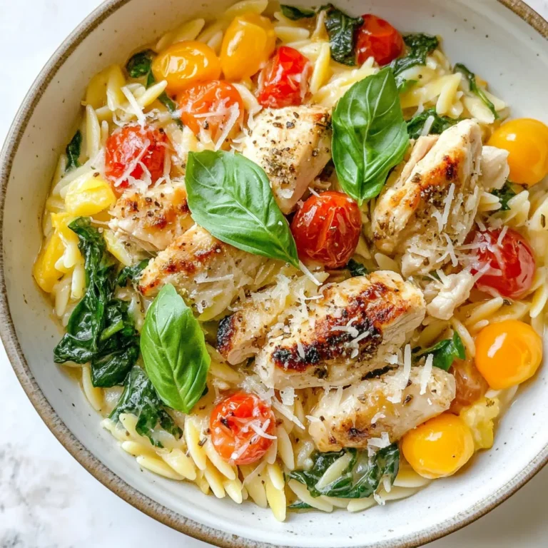 - 1 pound chicken breast, diced - 1 cup orzo pasta - 2 tablespoons olive oil - 1 onion, finely chopped - 3 cloves garlic, minced - 1 cup cherry tomatoes, halved - 1 cup spinach leaves - 1 cup heavy cream - 1/2 cup grated Parmesan cheese - 1 teaspoon Italian seasoning - Salt and pepper to taste - Fresh basil leaves for garnish Gathering the right ingredients is key to making creamy Tuscan chicken orzo. You want fresh, high-quality items for the best taste. The chicken breast serves as the main protein. I like to dice it to ensure even cooking. The orzo pasta adds a lovely texture. It absorbs the cream sauce well, enhancing the dish. Using olive oil gives a rich flavor and helps cook the chicken. Don't skip the onion and garlic. They build a strong flavor base. The cherry tomatoes add a sweet burst. The spinach leaves bring color and nutrition. The heavy cream makes the dish creamy and luxurious. I always use grated Parmesan cheese for that nutty, salty touch. Italian seasoning ties all the flavors together. Lastly, season with salt and pepper to taste. Fresh basil leaves on top make it look stunning and fresh. - Large skillet - Measuring cups and spoons - Cutting board and knife - Wooden spoon You'll need a few tools to prepare this dish. A large skillet is essential for cooking everything evenly. Make sure you have measuring cups and spoons for accuracy. A cutting board and knife are necessary for chopping the chicken and veggies. A wooden spoon helps stir without scratching your pan. With these tools, you're set to create this delightful meal! {{ingredient_image_1}} First, heat 2 tablespoons of olive oil in a large skillet. Add 1 pound of diced chicken breast. Cook it for about 6-8 minutes. It should turn golden brown and be cooked through. Don't forget to season with salt and pepper for flavor. Once done, remove the chicken from the skillet and set it aside. Next, in the same skillet, add 1 finely chopped onion. Sauté it until it becomes translucent, which takes about 5 minutes. Then, add 3 cloves of minced garlic. Cook for an additional minute to let the garlic release its aroma. Now, stir in 1 cup of halved cherry tomatoes and 1 teaspoon of Italian seasoning. Cook this mixture until the tomatoes start to soften, about 3-4 minutes. After that, add 1 cup of orzo pasta. Pour in 3 cups of chicken broth. Bring the mixture to a boil. Reduce the heat to low, cover the skillet, and let it simmer for about 10-12 minutes. The orzo should be tender, and most of the liquid should be absorbed. Once the orzo is cooked, stir in 1 cup of heavy cream, 1/2 cup of grated Parmesan cheese, and 1 cup of spinach leaves. Add the cooked chicken back into the skillet. Mix everything until the spinach wilts and everything blends well. Adjust the seasoning with salt and pepper if needed. Finally, let the dish sit for a few minutes to thicken before serving. - Ensure chicken is cooked thoroughly. It should be golden brown inside. - Monitor the orzo to avoid overcooking. Check for tenderness after 10 minutes. - Add more herbs like thyme or oregano for fresh flavors. - Consider adding vegetables like bell peppers or zucchini for extra nutrition. - Serve creamy Tuscan chicken orzo in shallow bowls for a nice look. - Pair with a crisp green salad or garlic bread for a complete meal. - Enjoy with a glass of white wine for a lovely dinner. Pro Tips Use Fresh Ingredients: Fresh spinach and ripe cherry tomatoes enhance the dish's flavor and nutritional value, making it even more delicious. Perfectly Cook the Orzo: Keep an eye on the orzo while it cooks to achieve the perfect al dente texture; overcooking can make it mushy. Add Extra Flavor: For an additional flavor boost, consider deglazing the skillet with a splash of white wine after sautéing the onions and garlic. Customize Your Protein: Feel free to swap out the chicken for shrimp or a plant-based protein for a different twist that caters to your dietary preferences. {{image_2}} You can easily make creamy Tuscan chicken orzo vegetarian. Just swap the chicken for mushrooms or tofu. Both options add great flavor and texture. Use portobello or shiitake mushrooms for a meaty bite. If you prefer tofu, try extra-firm and marinate it for added taste. This change keeps the dish rich and satisfying without meat. If you need a gluten-free version, choose gluten-free pasta. There are many types available, like brown rice or chickpea pasta. These options work well in this recipe. Just cook them according to the package instructions. This way, you get the creamy texture and flavors without gluten. You can adjust the flavor of creamy Tuscan chicken orzo by changing the seasonings. Try adding smoked paprika for a hint of smoke. A pinch of red pepper flakes adds heat, while lemon zest brings brightness. For a fresh twist, mix in fresh herbs like parsley or thyme. Each change creates a new taste experience. To store leftovers, let the creamy Tuscan chicken orzo cool down first. Place it in an airtight container. It will stay fresh for about 3 to 4 days in the fridge. If you want to keep it longer, consider freezing it. Always label the container with the date. This way, you can track how long it has been stored. For freezing, use a freezer-safe container. You can also use freezer bags, but make sure to remove excess air. The orzo can be frozen for up to 3 months. When ready to eat, move it to the fridge overnight to thaw. You can also thaw it in the microwave on low power if you're in a hurry. To reheat, the best method is using the stovetop. Place the orzo in a skillet over low heat. Add a splash of chicken broth or water to help it heat evenly. Stir often until it’s warmed through. If you prefer the microwave, use a microwave-safe dish. Cover it with a damp paper towel to keep it moist. Heat in short intervals, stirring in between, until hot. Enjoy your creamy Tuscan chicken orzo just like the first time! It takes about 30 minutes to make creamy Tuscan chicken orzo. You will need 15 minutes to prep and 15 minutes to cook. This dish cooks quickly, making it great for busy nights. Yes, you can make this dish ahead of time. Store it in an airtight container in the fridge for up to three days. When you are ready to eat, reheat it on the stove over low heat. Add a splash of broth or cream to bring back the creaminess. You can use half-and-half, milk, or a non-dairy milk for a lighter version. Greek yogurt also works well for a tangy touch. Just remember to adjust the amount for the right texture. Absolutely! If you don't have orzo, try using small shells or any pasta you have on hand. Just adjust the cooking time according to the pasta type. Whole wheat or gluten-free pasta options are also great if you want something different. You have learned how to make creamy Tuscan chicken orzo. We covered the key ingredients, tools, and steps. Cooking tips helped avoid common mistakes. Flavor variations and alternative options offer more choices. Lastly, storage and reheating advice ensure great leftovers. Enjoy your dish and impress your friends and family. Cooking should be fun, simple, and tasty!