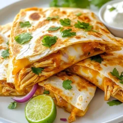 - 2 cups cooked chicken, shredded - 1 cup BBQ sauce (your favorite brand) - 1 cup shredded cheddar cheese - 1 cup shredded mozzarella cheese - 4 large flour tortillas - 1/2 red onion, thinly sliced - 1/4 cup fresh cilantro, chopped - Olive oil for cooking - Sour cream for serving - Lime wedges for serving For BBQ chicken quesadillas, start with shredded chicken and your favorite BBQ sauce. This combo adds flavor and moisture. Next, cheese is key. I use cheddar and mozzarella for a great melt. Flour tortillas hold everything together. Then, add fresh toppings like red onion and cilantro. They add crunch and brightness. I love the balance they give to the rich BBQ flavor. - Alternative cheeses: gouda, pepper jack - Types of BBQ sauce: sweet, smoky, or spicy Feel free to switch cheeses for a twist. Gouda gives a nice creamy touch, while pepper jack adds heat. You can also explore different BBQ sauces. Sweet sauces can work well for kids. Smoky ones add depth, and spicy sauces make it exciting. - Cooking oil choices: olive oil, vegetable oil, or butter - Serving suggestions: sour cream, guacamole, or salsa Use olive oil for a tasty, healthy choice. You can also use vegetable oil or butter if you prefer. For serving, I recommend sour cream or guacamole. They cool down the heat and add creaminess. Salsa can give a fresh kick too. {{ingredient_image_1}} First, you need to mix the chicken and BBQ sauce. In a large bowl, add 2 cups of shredded chicken. Pour in 1 cup of your favorite BBQ sauce. Mix it well until the chicken is coated. This step is key for flavor. Next, preheat your skillet. Set it on medium heat and add a drizzle of olive oil. This will help the quesadilla get crispy. Let the skillet warm up while you prepare the quesadilla. Now it’s time to layer the quesadilla. Take one flour tortilla and place it in the skillet. Sprinkle a mix of 1 cup of cheddar cheese and 1 cup of mozzarella cheese over half of the tortilla. Then, spoon some BBQ chicken on top. Add a few thin slices of red onion and a sprinkle of chopped cilantro. Fold the tortilla in half and cook it for about 3-5 minutes. Check the bottom; it should be golden brown and crispy. Carefully flip the quesadilla. Cook the other side for another 3-5 minutes. The cheese should melt, and the quesadilla will be golden. Repeat this process with the remaining tortillas and filling. Make sure to keep an eye on the heat. You want them crispy but not burned. Once cooked, remove the quesadilla from the skillet. Slice each one into wedges. This makes it easier to serve and eat. For presentation, place the quesadilla wedges on a plate. Serve them warm with sour cream and lime wedges on the side. The sour cream adds creaminess, while the lime gives a nice zing. Enjoy your BBQ chicken quesadillas! - To achieve the perfect crispiness, heat your skillet to medium. Use olive oil for a golden-brown finish. - For evenly melting cheese, sprinkle cheese on the bottom and top of the fillings. This helps bind everything together. - You can add spices or hot sauce for an extra kick. Try cayenne or chili powder for heat. - Choosing the right BBQ sauce is key. Go for a sauce that matches your taste. Sweet, tangy, or smoky flavors work well. - A non-stick skillet is best for quesadillas. It helps prevent sticking and makes cleaning easier. - Use a large spatula for easy flipping. A thin, wide spatula lets you slide under the quesadilla smoothly. Pro Tips Use Leftover Chicken: Shredded rotisserie chicken works great for this recipe and saves you time. Cheese Variations: Feel free to mix in other cheeses like pepper jack or gouda for added flavor. Perfectly Crispy Quesadillas: Make sure to cook on medium heat to achieve a golden-brown exterior without burning. Serving Suggestions: Pair with guacamole or salsa for an extra burst of flavor! {{image_2}} To make your BBQ chicken quesadillas a bit healthier, you can swap out some ingredients. - Substituting for low-fat cheese: You can use low-fat cheese to cut calories. This change still keeps the cheesy goodness. - Using whole wheat or gluten-free tortillas: Whole wheat tortillas add fiber. Gluten-free tortillas work for those with gluten issues. You can also change up the main ingredients for a fresh twist. - Different proteins: Try pulled pork for a smoky taste. Tofu is a great option for a vegetarian dish. - Unique additions: Add jalapeños for some heat. Bell peppers give extra crunch and color. Mixing flavors can create a unique dish. - Southwest style: Black beans and corn give a hearty feel. These ingredients add protein and fiber. - Italian twist: Use pesto and sundried tomatoes for a fun blend. This mix gives a bright, herby flavor. Feel free to get creative with your BBQ chicken quesadillas! You can store cooked quesadillas easily. First, let them cool down to room temperature. Then, wrap each quesadilla in plastic wrap or foil. This keeps them fresh and prevents sticking. Place the wrapped quesadillas in an airtight container or a zip-top bag. Store them in the fridge for up to three days. When you want to reheat, use a skillet over medium heat. This keeps the quesadilla crispy. Heat each side for about 2-3 minutes. You can also use the microwave, but it may make them soggy. If you opt for the microwave, heat for about 30 seconds, then check. You can freeze quesadillas for later use. First, follow the same steps to cool and wrap them. Place the wrapped quesadillas in a freezer-safe bag. Remove as much air as you can. This helps prevent freezer burn. You can keep them in the freezer for up to three months. To reheat frozen quesadillas, take them out of the freezer and let them thaw in the fridge overnight. Then, follow the same reheating steps as before. In the fridge, cooked quesadillas stay fresh for about three days. If you freeze them, they can last up to three months without losing flavor. Always check for any signs of spoilage before eating. Enjoy your BBQ chicken quesadillas fresh and tasty! How can I make BBQ Chicken Quesadillas spicier? You can add diced jalapeños or hot sauce to the chicken mix. Mix these in with the BBQ sauce. You can also use spicy BBQ sauce for more heat. Spicy seasonings like cayenne or chili powder work well too. Can I use leftover rotisserie chicken? Yes, leftover rotisserie chicken is great for this recipe. Shred the chicken and mix it with BBQ sauce. This saves time and adds flavor. You will get a tasty meal in no time. What can I use instead of BBQ sauce? You can use salsa or hot sauce as a substitute. For a twist, try using teriyaki sauce or a homemade honey mustard. Each will change the taste, but they will still be delicious. Are there vegetarian options for this recipe? Yes, you can use black beans or mushrooms as a meat substitute. Toss them in BBQ sauce for flavor. You can also add more veggies, like bell peppers or zucchini, to create a hearty filling. How do I know when the quesadilla is done? The quesadilla is done when both sides are golden brown. The cheese will melt and start to ooze out. Look for a crispy texture on the outside. Can I make these quesadillas in the oven instead? Yes, you can bake the quesadillas in the oven. Preheat to 400°F (200°C). Place the filled quesadillas on a baking sheet. Bake for about 10-12 minutes, flipping halfway through. This gives a nice, even crisp. BBQ Chicken Quesadillas are fun and easy to make. You can mix shredded chicken with BBQ sauce, cheese, and any tortillas you like. I shared tips for perfect crunch and flavor boosts. You can also swap ingredients to fit your tastes. For storage, freezing keeps them fresh for later. Experiment and enjoy all the fun variations. Dive in and make your perfect quesadilla today!