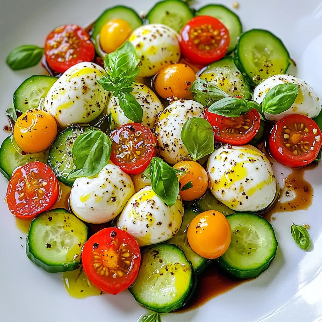 - 2 large cucumbers - 1 cup cherry tomatoes - 8 oz mozzarella balls - 1/4 cup fresh basil leaves - 2 tablespoons extra virgin olive oil - 1 tablespoon balsamic glaze - Salt and pepper When making cucumber Caprese salad, fresh ingredients are key. Start with two large cucumbers. They should be firm and crisp. Slice them thinly for the best texture. Next, grab one cup of cherry tomatoes. Halve them to release their juicy flavor. You will also need eight ounces of mozzarella balls. These should be fresh and creamy. Halve them for easy bites. Don’t forget about the basil! Use a quarter cup of fresh basil leaves. Tear them gently to release their aroma. For dressing, use two tablespoons of extra virgin olive oil. This adds richness to the salad. Add one tablespoon of balsamic glaze for a sweet touch. Finally, season with salt and pepper to taste. These little details make a big difference in flavor. {{ingredient_image_1}} - Thinly slice cucumbers. Use a sharp knife for best results. Aim for even rounds. - Arrange the slices on a serving platter. Make sure they fit neatly without overlapping. - Combine the halved cherry tomatoes, mozzarella balls, and torn basil leaves in a mixing bowl. - Add two tablespoons of olive oil, salt, and pepper to taste. Toss gently to mix. - Spoon the tomato and mozzarella mixture onto each cucumber slice. Distribute evenly for a great look. - Drizzle balsamic glaze over the entire salad. This adds a sweet and tangy flavor that pairs well. Enjoy the bright, fresh taste of this salad right away or let it chill for 15 minutes. This helps the flavors blend beautifully. To make your salad look great, slice the cucumbers evenly. Use a sharp knife for clean cuts. Aim for thin rounds, about 1/8 inch thick. This helps each bite feel light and fresh. If you want perfect slices, a mandoline is your best friend. It gives you even cuts quickly. Let your salad sit for about 15 minutes before serving. This resting time helps the flavors mix well. The olive oil coats every piece, while the salt pulls out moisture. Balancing the ingredients is key. Use enough salt and pepper to bring out the taste of each item. The sweet balsamic glaze adds a nice touch that ties everything together. Pro Tips Use Chilled Ingredients: For an extra refreshing salad, chill your cucumbers and mozzarella balls in the refrigerator before assembling the dish. Experiment with Cheese: If you prefer a different cheese, try using feta or burrata for a unique flavor twist. Fresh Herbs Matter: Use fresh basil for the best flavor; dried herbs won't provide the same aromatic punch. Customize the Dressing: Feel free to add minced garlic or a squeeze of lemon juice to the olive oil for an extra layer of flavor. {{image_2}} You can easily switch out the cheese in this salad. Try using goat cheese or feta for a tangy twist. Both add a new flavor that complements the cucumbers and tomatoes. Adding avocados brings creaminess. They enhance the texture and taste of the salad. You can also toss in bell peppers for a crunch. Their sweetness pairs well with the fresh salad base. If you want a different taste, swap the balsamic glaze for a vinaigrette. A simple mix of olive oil, vinegar, and herbs works great. You can also use herb-infused oils for added flavor. These oils bring a savory note that enhances the salad's freshness. Experiment with lemon-infused or garlic-infused oils for a fun twist! To keep your Cucumber Caprese Salad fresh, store it in the fridge. I recommend using an airtight container. This helps prevent moisture loss and keeps the flavors intact. Spread a paper towel inside the container to soak up any extra moisture. This keeps the salad crisp and tasty. You can keep this salad for up to two days in the fridge. After that, the cucumbers become soggy. Look for signs of spoilage like a strong smell or slimy texture. If you see these signs, it’s best to toss the salad. Enjoy it fresh for the best taste! You can store Cucumber Caprese Salad in the fridge for about two days. After that, the cucumbers may get soggy. To keep it fresh, use an airtight container. Yes, you can make this salad ahead of time. Just slice the cucumbers and prepare the tomato mixture. Keep them in separate containers. When ready to serve, simply assemble them together. This keeps everything crisp and fresh. If you need a substitute for mozzarella, try feta cheese or goat cheese. They add a nice tangy flavor. You can also use vegan cheese if you prefer a plant-based option. This blog covers how to make a fresh Cucumber Caprese Salad. We learned the best ingredients, step-by-step prep, and useful tips. You can easily customize this salad with your favorite flavors. Remember, fresh ingredients and proper storage keep it delicious. Enjoy making this healthy dish, and share your twist on it with others!