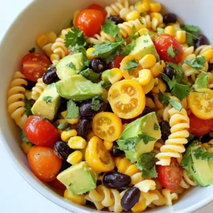 - 8 oz fusilli or rotini pasta - 1 cup cherry tomatoes, halved - 1 cup corn kernels (fresh or canned) - 1 black bell pepper, diced - 1 avocado, diced - 1 cup black beans, drained and rinsed - ½ red onion, finely chopped - 1 jalapeño, seeds removed and finely chopped (optional) - 1 lime, juiced - 3 tablespoons olive oil - 1 teaspoon ground cumin - 1 teaspoon chili powder - Salt and pepper to taste - Fresh cilantro, chopped (for garnish) Feel free to adjust the salad to fit your taste. You can add: - Diced cucumbers for extra crunch - Chopped bell peppers in different colors - Grated cheese like Cotija for creaminess - Sliced olives for a briny kick - Chopped green onions for a fresh bite When you shop for ingredients, look for: - Bright, firm cherry tomatoes without blemishes. - Corn that is sweet and juicy; fresh is best. - A black bell pepper that feels heavy and smooth. - Avocados that yield slightly to pressure but aren’t too soft. - Fresh cilantro with vibrant green leaves, avoiding yellowing or wilting. These tips help you pick the best produce for your salad. {{ingredient_image_1}} To start, bring a large pot of salted water to a boil. Use enough water so the pasta has space to move. Add 8 oz of fusilli or rotini pasta to the pot. Cook according to the package instructions until it's tender but still firm. This is called al dente. Once done, drain the pasta in a colander. Rinse it under cold water to stop the cooking. This step keeps the pasta from getting mushy. While the pasta cooks, you can prepare the vegetables. Grab 1 cup of cherry tomatoes and slice them in half. Next, take 1 black bell pepper and dice it into small pieces. Then, peel and cube 1 avocado. Don't forget to squeeze a little lime juice on the avocado to stop it from browning. If you like spice, chop 1 jalapeño, removing the seeds first. Lastly, finely chop ½ red onion. Put all the prepared vegetables in a large bowl. For the dressing, take a small bowl and add the juice of 1 lime. Pour in 3 tablespoons of olive oil. Add 1 teaspoon of ground cumin and 1 teaspoon of chili powder for flavor. Season with salt and pepper to taste. Whisk everything together until it forms a smooth mixture. This dressing will bring all the flavors together in the salad. Chilling the salad is key for great taste. First, cover the salad tightly with plastic wrap. Then, place it in the fridge for at least 30 minutes. This gives time for flavors to blend. If you can, chill it longer, even up to two hours. The longer it chills, the better it tastes. To boost flavors, use fresh lime juice. It brightens the whole dish. You can also add more spices. Try using smoked paprika or fresh herbs. Fresh cilantro adds a burst of flavor. For extra heat, toss in more jalapeño. Taste the salad before serving. Adjust seasonings if needed. This pasta salad works for many events. Serve it at a summer BBQ for a fresh side. It’s perfect for picnics, too. Use a colorful bowl for a nice look. Garnish with lime wedges and more cilantro. For a light lunch, pair it with grilled chicken. This dish makes every meal feel festive! Pro Tips Perfect Pasta: Be sure to cook the pasta just until al dente for the best texture. Overcooked pasta can become mushy when mixed with dressing. Fresh Ingredients: Choose ripe avocados and fresh vegetables for optimal flavor. Fresh produce makes a noticeable difference in salads. Customize Heat: Adjust the jalapeño quantity based on your heat preference. For a milder salad, omit the seeds or use less jalapeño. Make Ahead: This salad tastes even better the next day! Prepare it a day in advance to allow the flavors to meld together beautifully. {{image_2}} You can easily change this recipe for dietary needs. If you need it gluten-free, use gluten-free pasta. For a vegan option, skip the cheese and add more beans for protein. If you want to cut calories, use less oil or skip the avocado. Always keep your health in mind when cooking. Adding protein can make this salad more filling. You can mix in grilled chicken or shrimp for a tasty twist. For a meatless option, try tofu or chickpeas. If you love seafood, add canned tuna or crab. These proteins boost flavor and make the dish hearty. To change up the flavor, think about adding more spices. For a spicy kick, toss in some diced jalapeños or a pinch of cayenne. You can also use lime zest for a zesty twist. For a sweet touch, add diced mango or pineapple. These small changes can lead to big flavor! To store your Mexican cold pasta salad, place it in an airtight container. Make sure the lid seals tightly. This helps keep the salad fresh. If you have a lot, divide it into smaller containers. This will make it easy to grab a quick meal later. The salad stays fresh in the fridge for about three days. After that, the veggies might get mushy. If you notice any change in smell or color, it's best to toss it. Always check before eating! Freezing this salad is not ideal. The texture of the pasta and veggies changes when thawed. If you want to freeze it, keep the pasta and dressing separate. You can freeze the pasta for up to two months. When ready to eat, thaw it in the fridge and mix it with fresh veggies and dressing. This keeps the flavors bright and fresh! Yes, you can make this salad ahead of time. In fact, it tastes better after a few hours in the fridge. The flavors mix well and become more vibrant. Just follow the recipe and chill it. I recommend making it a day before serving. This gives the dish time to soak up all the tasty flavors. To make this salad more filling, add protein. You can mix in grilled chicken or shrimp. For a vegetarian option, try adding diced firm tofu or cubed cheese. You can also toss in some quinoa or chickpeas. These ingredients not only make the salad heartier but also boost its nutrition. It is not safe to leave this salad out at room temperature for long. If the temperature is above 70°F, it should not sit out for more than two hours. Bacteria can grow quickly in warm conditions. To keep it safe, store it in the fridge until you are ready to serve. This blog post covers everything you need for a tasty salad. We discussed key ingredients, easy steps for cooking, and ways to chill it. You learned about flavor tips, fun variations, and smart storage methods. Remember, fresh produce makes a big difference. Make this salad your own by trying new flavors and add-ins. With these tips, you can enjoy a delicious salad for any occasion. Dive in and enjoy your creation with confidence!