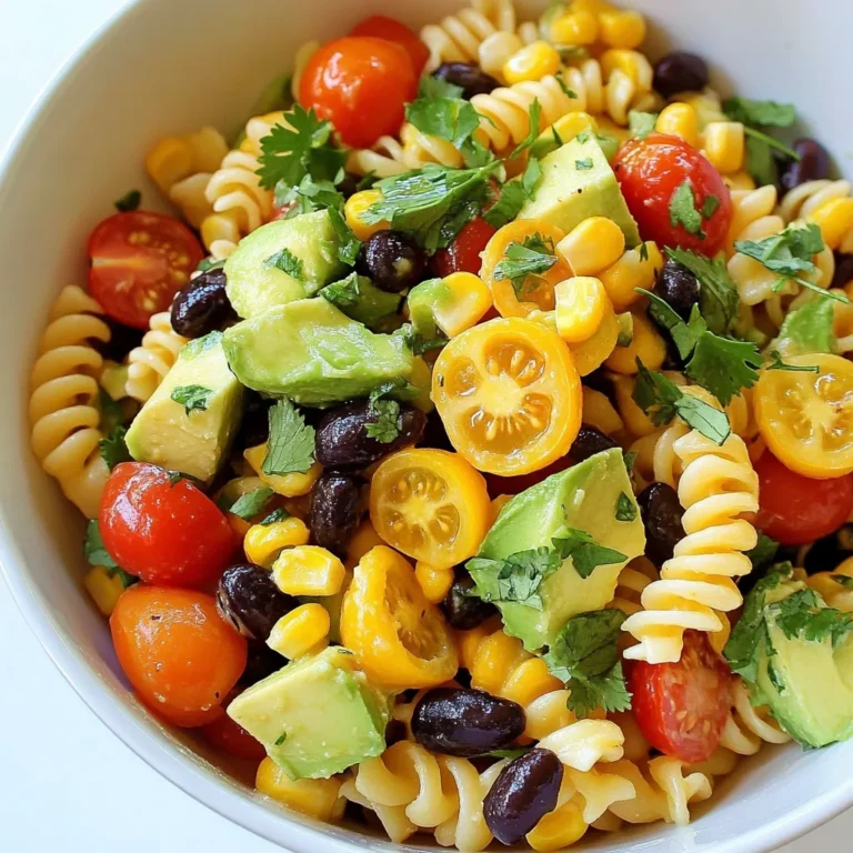 - 8 oz fusilli or rotini pasta - 1 cup cherry tomatoes, halved - 1 cup corn kernels (fresh or canned) - 1 black bell pepper, diced - 1 avocado, diced - 1 cup black beans, drained and rinsed - ½ red onion, finely chopped - 1 jalapeño, seeds removed and finely chopped (optional) - 1 lime, juiced - 3 tablespoons olive oil - 1 teaspoon ground cumin - 1 teaspoon chili powder - Salt and pepper to taste - Fresh cilantro, chopped (for garnish) Feel free to adjust the salad to fit your taste. You can add: - Diced cucumbers for extra crunch - Chopped bell peppers in different colors - Grated cheese like Cotija for creaminess - Sliced olives for a briny kick - Chopped green onions for a fresh bite When you shop for ingredients, look for: - Bright, firm cherry tomatoes without blemishes. - Corn that is sweet and juicy; fresh is best. - A black bell pepper that feels heavy and smooth. - Avocados that yield slightly to pressure but aren’t too soft. - Fresh cilantro with vibrant green leaves, avoiding yellowing or wilting. These tips help you pick the best produce for your salad. {{ingredient_image_1}} To start, bring a large pot of salted water to a boil. Use enough water so the pasta has space to move. Add 8 oz of fusilli or rotini pasta to the pot. Cook according to the package instructions until it's tender but still firm. This is called al dente. Once done, drain the pasta in a colander. Rinse it under cold water to stop the cooking. This step keeps the pasta from getting mushy. While the pasta cooks, you can prepare the vegetables. Grab 1 cup of cherry tomatoes and slice them in half. Next, take 1 black bell pepper and dice it into small pieces. Then, peel and cube 1 avocado. Don't forget to squeeze a little lime juice on the avocado to stop it from browning. If you like spice, chop 1 jalapeño, removing the seeds first. Lastly, finely chop ½ red onion. Put all the prepared vegetables in a large bowl. For the dressing, take a small bowl and add the juice of 1 lime. Pour in 3 tablespoons of olive oil. Add 1 teaspoon of ground cumin and 1 teaspoon of chili powder for flavor. Season with salt and pepper to taste. Whisk everything together until it forms a smooth mixture. This dressing will bring all the flavors together in the salad. Chilling the salad is key for great taste. First, cover the salad tightly with plastic wrap. Then, place it in the fridge for at least 30 minutes. This gives time for flavors to blend. If you can, chill it longer, even up to two hours. The longer it chills, the better it tastes. To boost flavors, use fresh lime juice. It brightens the whole dish. You can also add more spices. Try using smoked paprika or fresh herbs. Fresh cilantro adds a burst of flavor. For extra heat, toss in more jalapeño. Taste the salad before serving. Adjust seasonings if needed. This pasta salad works for many events. Serve it at a summer BBQ for a fresh side. It’s perfect for picnics, too. Use a colorful bowl for a nice look. Garnish with lime wedges and more cilantro. For a light lunch, pair it with grilled chicken. This dish makes every meal feel festive! Pro Tips Perfect Pasta: Be sure to cook the pasta just until al dente for the best texture. Overcooked pasta can become mushy when mixed with dressing. Fresh Ingredients: Choose ripe avocados and fresh vegetables for optimal flavor. Fresh produce makes a noticeable difference in salads. Customize Heat: Adjust the jalapeño quantity based on your heat preference. For a milder salad, omit the seeds or use less jalapeño. Make Ahead: This salad tastes even better the next day! Prepare it a day in advance to allow the flavors to meld together beautifully. {{image_2}} You can easily change this recipe for dietary needs. If you need it gluten-free, use gluten-free pasta. For a vegan option, skip the cheese and add more beans for protein. If you want to cut calories, use less oil or skip the avocado. Always keep your health in mind when cooking. Adding protein can make this salad more filling. You can mix in grilled chicken or shrimp for a tasty twist. For a meatless option, try tofu or chickpeas. If you love seafood, add canned tuna or crab. These proteins boost flavor and make the dish hearty. To change up the flavor, think about adding more spices. For a spicy kick, toss in some diced jalapeños or a pinch of cayenne. You can also use lime zest for a zesty twist. For a sweet touch, add diced mango or pineapple. These small changes can lead to big flavor! To store your Mexican cold pasta salad, place it in an airtight container. Make sure the lid seals tightly. This helps keep the salad fresh. If you have a lot, divide it into smaller containers. This will make it easy to grab a quick meal later. The salad stays fresh in the fridge for about three days. After that, the veggies might get mushy. If you notice any change in smell or color, it's best to toss it. Always check before eating! Freezing this salad is not ideal. The texture of the pasta and veggies changes when thawed. If you want to freeze it, keep the pasta and dressing separate. You can freeze the pasta for up to two months. When ready to eat, thaw it in the fridge and mix it with fresh veggies and dressing. This keeps the flavors bright and fresh! Yes, you can make this salad ahead of time. In fact, it tastes better after a few hours in the fridge. The flavors mix well and become more vibrant. Just follow the recipe and chill it. I recommend making it a day before serving. This gives the dish time to soak up all the tasty flavors. To make this salad more filling, add protein. You can mix in grilled chicken or shrimp. For a vegetarian option, try adding diced firm tofu or cubed cheese. You can also toss in some quinoa or chickpeas. These ingredients not only make the salad heartier but also boost its nutrition. It is not safe to leave this salad out at room temperature for long. If the temperature is above 70°F, it should not sit out for more than two hours. Bacteria can grow quickly in warm conditions. To keep it safe, store it in the fridge until you are ready to serve. This blog post covers everything you need for a tasty salad. We discussed key ingredients, easy steps for cooking, and ways to chill it. You learned about flavor tips, fun variations, and smart storage methods. Remember, fresh produce makes a big difference. Make this salad your own by trying new flavors and add-ins. With these tips, you can enjoy a delicious salad for any occasion. Dive in and enjoy your creation with confidence!