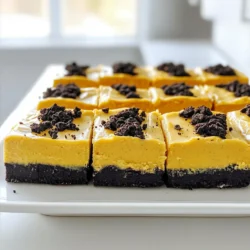 - 24 Oreo cookies (regular or double stuffed) - 1/4 cup unsalted butter, melted - 1 cup pumpkin puree - 1/2 cup cream cheese, softened - 1/2 cup powdered sugar - 1 teaspoon vanilla extract - 1 teaspoon pumpkin pie spice - 1 cup whipped topping (like Cool Whip) - Additional crushed Oreos for topping Quality matters when making these bars. Fresh pumpkin puree gives a rich flavor. Look for pure pumpkin, not pie filling. Use full-fat cream cheese for a creamy texture. It makes mixing easier and tastes better. Always use unsalted butter. This way, you control the salt in your dessert. The Oreos should be fresh for the best texture and taste. For Oreos, go with the classic brand. They have the best flavor and texture. Any regular or double-stuffed Oreo works well. For pumpkin puree, Libby’s is a top choice. Their pumpkin is smooth and rich. For cream cheese, Philadelphia is reliable. It blends well and gives a nice taste. Use Cool Whip or any brand of whipped topping that you like. To start, grab 24 Oreo cookies. You can use regular or double stuffed, depending on your taste. Place the cookies in a food processor. Crush them until they turn into fine crumbs. Next, melt 1/4 cup of unsalted butter. In a mixing bowl, combine the cookie crumbs and melted butter. Stir until they blend well and look crumbly. Now, take a 9x9 inch square pan and press this mixture into the bottom. Use the back of a measuring cup to pack it tightly. This forms a solid crust and sets the stage for the filling. In a clean bowl, add 1 cup of pumpkin puree. Then, mix in 1/2 cup of softened cream cheese. Next, add 1/2 cup of powdered sugar and 1 teaspoon of vanilla extract. Sprinkle in 1 teaspoon of pumpkin pie spice. Beat these ingredients until they become smooth and well mixed. This step gives your bars that rich pumpkin flavor. Now, take 1 cup of whipped topping, like Cool Whip, and gently fold it into the pumpkin mix. This makes the filling light and fluffy. Carefully spread the pumpkin filling over the crust in the pan. Use a spatula to smooth the top. Ensure it is even for the best presentation. Next, cover the pan with plastic wrap. Place it in the refrigerator for at least 4 hours. Chilling helps the bars set firmly. Once they are chilled, cut the dessert into squares. For a nice touch, sprinkle some crushed Oreos on top before serving. Your No Bake Pumpkin Oreo Bars are now ready to enjoy! To crush Oreos well, use a food processor. This tool makes it quick and easy. If you don’t have one, place the cookies in a zip-top bag. Use a rolling pin to crush them. Aim for fine crumbs, not big chunks. This helps the crust hold together. Start with room temperature cream cheese. Cold cream cheese doesn’t mix well. Beat it alone first until it’s smooth. Then, add the pumpkin puree and sugar. Mix until everything is well combined. The mixture should be creamy and fluffy. Avoid over-mixing, as it can become too soft. Cut the bars into squares for easy serving. Use a sharp knife for clean edges. Place them on a decorative plate for a nice look. For extra flair, drizzle caramel sauce on top. Add crushed Oreos as a final touch. It makes the dessert pop and adds crunch. Enjoying it chilled makes each bite refreshing. {{image_2}} You can change up the spices in your bars for a new twist. Instead of pumpkin pie spice, try adding cinnamon or nutmeg. You can also mix in a splash of maple extract for sweetness. This will bring a warm flavor to your dessert. Experimenting with flavors makes each batch unique. Toppings can make your bars even better. You can add chopped nuts, like walnuts or pecans, for a crunchy texture. Drizzling melted chocolate or caramel sauce on top adds sweetness. You can also sprinkle some sea salt for a nice contrast. These toppings will make your dessert stand out. If you need gluten-free options, use gluten-free Oreos instead. For a vegan twist, swap the cream cheese for a vegan cream cheese. Use coconut whipped cream in place of the whipped topping. These adjustments let everyone enjoy the bars, no matter their diet. To keep your No Bake Pumpkin Oreo Bars fresh, store them in the fridge. Use an airtight container. This helps prevent the bars from drying out or picking up other odors. Make sure they are fully chilled before covering them. These bars can last in the fridge for up to 5 days. After that, they may lose some taste and texture. If you notice any changes in smell or appearance, it's best to toss them. You can freeze these bars for up to 3 months. Cut them into squares before freezing for easy serving. Wrap each square tightly in plastic wrap, then place them in a freezer-safe bag. When you're ready to eat, let them thaw in the fridge overnight. Enjoy your tasty treat! Yes, you can use sugar-free Oreos. They work just like regular Oreos. The taste might change a bit, but the texture stays the same. These bars will still be creamy and tasty. If you are cutting back on sugar, this is a good option. These bars need to chill for at least 4 hours. This time helps the filling set up well. If you want them firmer, you can chill them longer. Just be sure to cover the pan with plastic wrap. This keeps them fresh and ready to serve. Yes, you can make these bars ahead of time. They store well in the fridge. You can prepare them a day or two before your event. This makes it easy to enjoy your time with friends and family. Just remember to add the crushed Oreos on top right before serving for a nice crunch. This blog post covers how to make no-bake pumpkin Oreo bars. You learned about the best ingredients, preparation steps, and tips for great taste. I also shared how to store these treats. You can enjoy different flavors, toppings, and dietary options. Keep it simple and have fun creating your own version. No-bake pumpkin Oreo bars are perfect for any occasion. I hope you feel inspired to try them!
