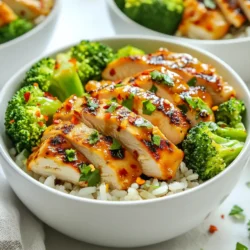 - 2 boneless, skinless chicken breasts - 2 cups fresh broccoli florets - 4 cloves garlic, minced - 1/4 cup chicken broth - 2 tablespoons soy sauce - 1 tablespoon honey - 1 tablespoon olive oil - 1 teaspoon cornstarch - Salt and pepper to taste The right ingredients make the dish shine. You need fresh chicken and bright broccoli. Minced garlic adds a punch of flavor. Chicken broth brings depth to the sauce. Soy sauce adds savory notes. Honey balances the flavors with sweetness. Olive oil gives richness, and cornstarch can thicken the sauce if you like. Don’t forget salt and pepper for seasoning. - Cooked brown rice or quinoa These bowls shine when served over brown rice or quinoa. Both options are healthy and filling. They soak up the garlic sauce well. You can also switch it up with other grains if you want. - Red pepper flakes for added flavor Red pepper flakes are a great option for those who like heat. A sprinkle on top adds color and a spicy kick. It makes the dish even more exciting. Enjoy the burst of flavor with every bite! {{ingredient_image_1}} To start, grab a bowl. Mix 1 tablespoon of soy sauce, honey, salt, and pepper. Add the chicken breasts and coat them well. Let the chicken marinate for at least 30 minutes. For a deeper flavor, you can marinate it for up to 2 hours. This step makes the chicken juicy and tasty. Next, fill a pot with water and bring it to a boil. Add the fresh broccoli florets and blanch them for 2-3 minutes. You want them bright green and a bit tender. As soon as they are done, transfer the broccoli to a bowl of ice water. This stops the cooking and keeps the color. Drain the broccoli and set it aside. Now, let’s make the garlic sauce. Heat olive oil in a saucepan over medium heat. Add 4 cloves of minced garlic and sauté for about 30 seconds. You want it fragrant but not burned. Pour in the chicken broth and the rest of the soy sauce. If you like a thick sauce, mix 1 teaspoon of cornstarch with cold water. Add this to the sauce and let it simmer for 2-3 minutes. It should thicken slightly. Time to grill! Preheat your grill or grill pan to medium-high heat. Place the marinated chicken on the grill. Cook for about 6-7 minutes on each side. You want the internal temperature to reach 165°F (75°C). Once cooked, let the chicken rest for a few minutes before slicing. This keeps it juicy. Now it’s time to build your bowls. Start with a base of cooked brown rice or quinoa. Place sliced grilled chicken on one side and arrange the blanched broccoli on the other. Drizzle the garlic sauce generously over the chicken and broccoli. This adds flavor and moisture. For a spicy kick, sprinkle red pepper flakes on top if you like. Serve these bowls warm and enjoy the mix of flavors and textures. This dish is not only delicious but also healthy and filling. Marinating chicken adds flavor. Mix soy sauce, honey, salt, and pepper in a bowl. Coat the chicken breasts well. Let them soak for at least 30 minutes. For more taste, marinate up to 2 hours. This helps the flavors seep into the meat. You can cook broccoli in different ways. Blanching is quick and brightens the color. Just boil for 2-3 minutes. Then, cool it in ice water to stop cooking. You can also steam the broccoli. This keeps its nutrients and flavor. Roasting gives it a nice crispness. Toss it with olive oil and roast at 400°F for 15-20 minutes. The garlic sauce is easy to change. Add herbs like basil or thyme for a fresh twist. A pinch of red pepper flakes gives heat. You could also try adding lemon zest for brightness. If you want a richer taste, mix in a bit of sesame oil. These simple changes can make your dish unique. Pro Tips Marination Time: For maximum flavor, let the chicken marinate for at least 1 hour. This allows the flavors to penetrate the meat more deeply. Blanching Broccoli: Blanching the broccoli helps to maintain its vibrant color and crisp texture. Don’t skip the ice bath! Perfect Grilling: Ensure your grill is preheated properly. This helps to achieve nice grill marks and prevents the chicken from sticking. Customize Sauce Thickness: If you prefer a thinner sauce, skip the cornstarch. For a thicker sauce, be sure to mix the cornstarch well to avoid lumps. {{image_2}} You can switch out the chicken for other proteins. Tofu is a great option for a plant-based meal. Simply press and cube firm tofu. Marinate it like you would the chicken and grill it. Shrimp also works well and cooks quickly. Just toss them on the grill for a few minutes. Both options add unique flavors to your bowl. Broccoli shines in this dish, but you can mix in other veggies. Try adding bell peppers for sweetness or snap peas for crunch. Carrots offer a pop of color and sweetness too. You can even toss in some spinach or kale for extra greens. The more veggies, the better! While garlic sauce is tasty, you can explore other flavors. Ginger sauce adds a spicy kick and pairs well with chicken. Teriyaki sauce brings a sweet and savory twist. You can also try a spicy chili sauce for some heat. Each sauce gives your bowl a new vibe and taste. To store leftovers, let the bowls cool to room temperature. Place the chicken and broccoli in an airtight container. Add extra garlic sauce in a small jar. Store everything in the fridge. These bowls last for 3 to 4 days. When ready to eat, just pull them out and enjoy! To freeze, package the chicken and broccoli separately. Use freezer-safe bags or containers. Squeeze out air to prevent freezer burn. They can stay frozen for up to 3 months. When you want to eat, thaw them in the fridge overnight. This keeps the chicken tender and the broccoli bright. For the best results, reheat in the microwave or on the stove. If using the microwave, warm in short bursts. Check every minute to avoid overcooking. On the stove, heat on low, stirring often. This helps keep the chicken juicy and the broccoli crisp. Enjoy your meal once it’s heated through! To make this recipe gluten-free, use tamari instead of soy sauce. Tamari is a gluten-free soy sauce that offers the same great taste. Also, check your chicken broth label to ensure it is gluten-free. Yes, you can use frozen broccoli. It saves time and is easy to use. However, frozen broccoli may lose some crunch. Fresh broccoli has a better texture and flavor. If you use frozen, just thaw and drain it well before cooking. If you need a substitute for honey, try maple syrup or agave nectar. Both add sweetness without changing the dish too much. You can also use brown sugar. Just mix it with a little water to create a syrup. Check the chicken’s internal temperature with a meat thermometer. The safe temperature is 165°F (75°C). If you don’t have a thermometer, cut the chicken in the thickest part. The meat should be white with no pink. In this blog post, I shared a simple, tasty recipe featuring chicken and broccoli. You learned how to marinate the chicken, prepare the broccoli, and make a flavorful garlic sauce. I offered tips for customizing the dish and storage ideas for leftovers. The recipe is versatile and easy, perfect for busy days. You can also switch proteins or veggies to suit your taste. Enjoy making this healthy meal that's quick and satisfying!