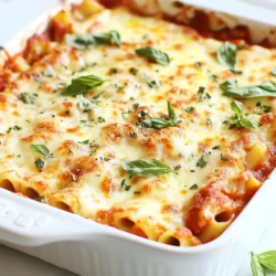 To make a great baked ziti, you need a few key items: - 12 oz ziti pasta - 2 cups marinara sauce - 1 cup ricotta cheese - 2 cups shredded mozzarella cheese - 1 cup grated Parmesan cheese - 1 large egg - 1 tablespoon olive oil - 1 teaspoon garlic powder - 1 teaspoon dried oregano - Salt and pepper to taste These ingredients come together to create a rich and creamy dish that warms the heart. You can easily change baked ziti to fit your tastes. Here are some fun options: - 1/2 teaspoon crushed red pepper flakes for a spicy kick - Extra veggies like spinach or mushrooms for added nutrition - Ground beef, turkey, or sausage for a meatier dish - A dash of Italian seasoning for more flavor These choices let you make baked ziti just how you like it. The right cheese makes baked ziti shine. I suggest: - Whole milk mozzarella for the best melt - Fontina cheese for a creamy texture - Pecorino Romano for a salty bite Mix and match cheese to make your baked ziti truly special. Each cheese adds its own flavor and richness. {{ingredient_image_1}} Start by preheating your oven to 375°F (190°C). This step is key. It ensures your ziti bakes evenly. While the oven heats, gather your ingredients. You will need ziti pasta, marinara sauce, ricotta cheese, mozzarella cheese, Parmesan cheese, an egg, olive oil, garlic powder, oregano, and seasonings. Make sure everything is ready before cooking. Now, cook 12 oz of ziti pasta. Follow the package instructions closely. Aim for al dente texture, which means firm but not hard. This helps keep the pasta from becoming mushy in the oven. Once done, drain the pasta and set it aside. In a large bowl, mix together 1 cup of ricotta cheese, half of the mozzarella cheese, 1 large egg, and 1 tablespoon of olive oil. Add 1 teaspoon of garlic powder, 1 teaspoon of dried oregano, and salt and pepper to taste. Stir until everything blends well. The mixture will be creamy and cheesy. Now, gently fold in the cooked ziti. This step helps coat every piece with cheesy goodness. Grab a 9x13-inch baking dish. Start by spreading half of the marinara sauce at the bottom. This sauce keeps the ziti moist while baking. Next, pour the ziti and cheese mixture on top. Spread it evenly. Pour the rest of the marinara sauce over the ziti. Sprinkle the remaining mozzarella cheese and 1 cup of grated Parmesan cheese on top. For an extra kick, add crushed red pepper flakes if you like a bit of heat. Cover the dish with aluminum foil and place it in the oven. Bake for 25 minutes. After that, remove the foil and bake for another 15 minutes. This step allows the cheese to become bubbly and golden. Once it’s ready, let it cool for a few minutes before serving. Don’t forget to garnish with fresh basil leaves for a nice touch. To get that dreamy cheese melt, use a mix of mozzarella and Parmesan. Mozzarella gives you stretch, while Parmesan adds flavor. Make sure you layer the cheese well. Add half during mixing and the rest on top. This method helps it melt evenly. Bake covered for the first 25 minutes. Then, uncover it to let the cheese brown. To keep your baked ziti moist, use enough sauce. The marinara sauce needs to coat the pasta well. If it seems dry, add a splash of water to the baking dish. Covering the dish with foil for part of the bake also helps. It traps steam and keeps the dish juicy. Letting it rest after baking keeps the moisture in, too. Serve your baked ziti hot from the oven. Garnish with fresh basil for color and taste. A sprinkle of extra Parmesan can elevate the dish. Pair it with a simple salad or garlic bread for a full meal. For a fun twist, add a drizzle of olive oil or a splash of balsamic vinegar before serving. Enjoy your delicious creation! Pro Tips Cook Pasta Al Dente: Ensure you cook the ziti pasta just until al dente, as it will continue to cook while baking and absorb some of the sauce. Mix Cheeses for Flavor: For a richer flavor, consider mixing different types of cheeses, such as adding provolone or mozzarella di bufala to the mix. Layering Technique: Layer your dish carefully; ensure sauce is at the bottom and top to prevent the pasta from drying out during baking. Rest Before Serving: Allow the baked ziti to rest for about 10 minutes after baking. This helps it set up and makes for cleaner slices. {{image_2}} You can make baked ziti without meat. Use more veggies instead. Spinach, mushrooms, and zucchini work well. Just chop them up and add to your cheese mix. This adds flavor and nutrients. You can also use a mix of fresh herbs. Basil and parsley give a lovely taste. This option is great for family dinners or potlucks. Want to add some meat? Ground beef, turkey, or sausage are great choices. Cook the meat in a skillet first. Drain any fat before adding it to your cheese and ziti mix. This makes the dish heartier and adds protein. For a spicy kick, use Italian sausage. It pairs well with marinara sauce. If you need a gluten-free option, there are choices. Look for gluten-free ziti pasta made from rice or corn. They cook similarly to regular pasta. Follow the package instructions to get the right texture. You can also use spiralized vegetables, like zucchini or sweet potato, as a base. This makes the dish lighter but still tasty. To keep your baked ziti fresh, let it cool first. Place leftovers in an airtight container. You can store them in the fridge for up to four days. Make sure to cover the dish well if you keep it in the baking dish. This helps prevent drying out. Label your container with the date for easy reference. When you are ready to enjoy leftovers, preheat your oven to 350°F (175°C). Place the ziti in an oven-safe dish. Cover it with foil to keep moisture in. Bake for about 20 minutes or until hot. You can also reheat individual servings in the microwave. Just heat on medium power for 2-3 minutes, stirring halfway through for even warming. If you want to freeze baked ziti, it’s best to do this before baking. Assemble the dish but do not bake it. Cover it tightly with foil or plastic wrap, then freeze. It can last up to three months. When you're ready to enjoy it, thaw it in the fridge overnight. Bake it at 375°F (190°C) for about 45 minutes, covered, then remove the foil and bake until bubbly. The best way to reheat baked ziti is in the oven. Preheat the oven to 350°F (175°C). Place the ziti in a baking dish. Add a splash of marinara sauce to keep it moist. Cover with foil to avoid drying out. Heat for about 20 minutes or until warm. You can also use the microwave. Just heat in a safe dish for 2-3 minutes. Stir halfway to heat evenly. Yes, you can make baked ziti in advance. Prepare the dish as usual. Instead of baking it, cover it tightly with foil. Store it in the fridge for up to two days. When ready to bake, preheat the oven to 375°F (190°C). Bake for 25-30 minutes. If it’s frozen, let it thaw overnight before baking. To prevent watery baked ziti, use less marinara sauce. Drain the pasta well after cooking. You can also add the cheese mixture before mixing in the sauce. This helps absorb some moisture. If you notice excess liquid, you can bake it a bit longer. This helps to evaporate any extra water. This article covered how to make baked ziti, from selecting ingredients to baking it. We explored essential and optional ingredients, recommended cheese, and detailed step-by-step instructions. I shared tips for perfect cheese melt and ways to avoid dryness. Plus, we discussed variations like vegetarian and gluten-free options. In the end, you can create a delicious dish tailored to your tastes. Enjoy your baked ziti, and remember to store leftovers properly for future meals!