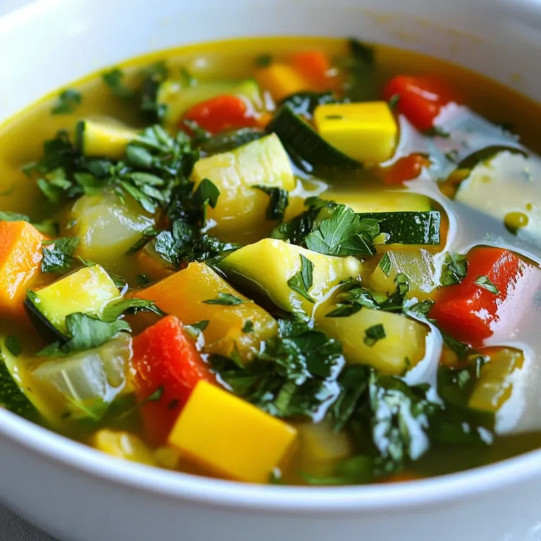 To make a delicious Mediterranean vegetable soup, gather these key items: - 2 tablespoons olive oil - 1 medium onion, chopped - 2 cloves garlic, minced - 2 carrots, diced - 2 celery stalks, diced - 1 medium zucchini, diced - 1 red bell pepper, diced - 1 cup green beans, trimmed and cut into 1-inch pieces - 1 can (14 oz) diced tomatoes, with juices - 4 cups vegetable broth - 1 teaspoon dried oregano - 1 teaspoon dried thyme - 1 teaspoon smoked paprika - Salt and pepper to taste - 1 cup fresh spinach or kale, chopped - Juice of 1 lemon - 2 tablespoons fresh parsley, chopped (for garnish) Fresh veggies add color and taste. You can use many types in this soup. I love using: - Onion: It gives a sweet base flavor. - Garlic: Adds a nice aroma and taste. - Carrots: They bring sweetness and crunch. - Celery: It adds a fresh, crisp element. - Zucchini: This vegetable softens well and absorbs flavors. - Red bell pepper: It offers a pop of color and sweetness. - Green beans: They add texture and a fresh taste. Herbs and spices make this soup sing! Here are the stars: - Dried oregano: A classic herb that gives a warm flavor. - Dried thyme: Offers an earthy note that blends well. - Smoked paprika: It adds a smoky depth and warmth. - Salt and pepper: These are must-haves for seasoning. - Fresh parsley: It garnishes and adds a bright finish. These ingredients create a tasty and healthy dish. Each one plays a role in making the soup rich in flavor and nutrients. {{ingredient_image_1}} Start with your ingredients ready. Gather everything you need. It makes cooking smooth and fun. Here’s what to chop: - 1 medium onion, chopped - 2 cloves garlic, minced - 2 carrots, diced - 2 celery stalks, diced - 1 medium zucchini, diced - 1 red bell pepper, diced - 1 cup green beans, trimmed and cut into 1-inch pieces - 1 can (14 oz) diced tomatoes, with juices - 4 cups vegetable broth - 1 cup fresh spinach or kale, chopped - Juice of 1 lemon - 2 tablespoons fresh parsley, chopped (for garnish) Once you chop the veggies, you are ready to cook. In a large pot, heat 2 tablespoons of olive oil over medium heat. Add the chopped onion. Cook it for about 3-4 minutes. The onion should look soft and clear. Then, stir in 2 cloves of minced garlic. Let it cook for 1 more minute. You will smell that great garlic aroma. Next, add the diced carrots and celery. Cook for about 5 minutes. Stir them every so often. They will start to soften up. After that, toss in the diced zucchini, red bell pepper, and green beans. Sauté those for another 5 minutes. Now it's time for the fun part. Pour in the diced tomatoes with their juices and the vegetable broth. Stir it all well. Add 1 teaspoon each of dried oregano, thyme, and smoked paprika. Don’t forget to add salt and pepper to taste. Bring the soup to a boil. Once it boils, lower the heat. Let it simmer for 20 minutes without a lid. Just before serving, stir in the chopped spinach or kale and the lemon juice. Cook for another 2-3 minutes. The greens will wilt nicely. Now, taste the soup and adjust the seasoning if needed. Ladle the soup into bowls. Top it off with fresh parsley. This makes it look bright and tasty! Enjoy your warm, healthy, and flavorful Mediterranean vegetable soup. To enhance the flavors in your Mediterranean vegetable soup, start with quality olive oil. It adds richness. Use fresh herbs whenever possible. Fresh parsley and lemon juice brighten the soup. Try adding a bit of chili flakes for heat. This gives the soup a warm kick. A splash of balsamic vinegar can add depth, too. Mix it in right before serving for a zesty touch. One common mistake is overcooking the vegetables. They should be tender but still bright. Avoid using old or wilted vegetables; fresh ones give the best flavor. Don’t skip the seasoning. Salt and pepper are key to bringing out the taste. Also, remember to taste your soup before serving. Adjust the spices and salt as needed. When making soup, always start with a base of onions and garlic. Sauté them well for a good flavor foundation. Use a large pot to allow for even cooking. Stir the soup occasionally to prevent sticking. Let it simmer to blend the flavors. This will make your soup taste better. Lastly, serve it hot and with fresh bread. Enjoy every spoonful! Pro Tips Use Fresh Herbs: Fresh herbs can elevate the flavor of your soup significantly. Consider adding basil or cilantro for a fresh twist. Customize Your Vegetables: Feel free to substitute any seasonal vegetables you have on hand. This soup is versatile and can accommodate a variety of produce. Make It Creamy: For a creamier texture, blend a portion of the soup and mix it back in. You can also stir in a splash of cream or coconut milk. Serve with Bread: Pair your soup with crusty bread or grilled cheese sandwiches for a comforting meal that will warm you up. {{image_2}} You can easily add protein to your Mediterranean vegetable soup. Chickpeas are my go-to choice. They add a nice texture and have great flavor. Use one can, drained and rinsed. If you want meat, try adding cooked chicken or turkey. Dice it small so it mixes well. You can also use lentils. They cook fast and add a hearty feel. This soup is naturally gluten-free. All the ingredients fit in a gluten-free diet. Just make sure your vegetable broth is gluten-free. Some brands add gluten, so read the label. If you want a thicker soup, blend part of it. This will give you a creamy texture without gluten. Feel free to swap in seasonal veggies. If it's summer, use fresh tomatoes and bell peppers. In winter, try adding root vegetables like potatoes or squash. This keeps your soup fresh and interesting. You can also use leafy greens like Swiss chard or collard greens. They add nutrients and a nice color. To store your leftover soup, let it cool first. Pour the soup into an airtight container. Make sure the lid fits tightly. You can keep it in the fridge for about 3 to 4 days. If you want to enjoy it later, freezing is a great option. To freeze the soup, use freezer-safe bags or containers. Leave some space at the top for expansion. Label each bag with the date. The soup can stay fresh for up to 3 months in the freezer. When you're ready to eat, just thaw it overnight in the fridge. For reheating, the stovetop is best. Pour the soup into a pot and heat over medium heat. Stir often to prevent sticking. If the soup seems thick, add a little water or broth. Heat it until it’s hot all the way through. Enjoy it warm and fresh! Yes, you can make this soup in a slow cooker! Just add all your chopped veggies, garlic, diced tomatoes, and broth. Set it on low for about 6-8 hours or on high for 3-4 hours. This method brings out the flavors well. Just remember to add the spinach and lemon juice just before serving. This keeps them fresh and bright. Feel free to get creative with your veggies! You can add: - Broccoli florets - Cauliflower - Peas - Corn - Potatoes You can also swap out any vegetable you don't like. Just keep the balance and colors in mind. Each veggie brings its own taste and texture. This soup can last in the fridge for about 4-5 days. Just store it in an airtight container. The flavors will deepen over time, making it even tastier. If you want it to last longer, consider freezing it. It freezes well for up to 3 months. Just make sure to cool it first before freezing. In this blog post, we explored how to make a delicious Mediterranean vegetable soup. We covered essential ingredients, cooking steps, and tips to enhance flavors. Remember, using fresh veggies and herbs makes a big difference. Don’t skip storage tips to keep your soup tasty for later. I believe you’ll enjoy trying different versions, too. With these simple methods, you can create a warm meal that everyone loves. Cooking can be fun, and each bowl is a taste of the Mediterranean!