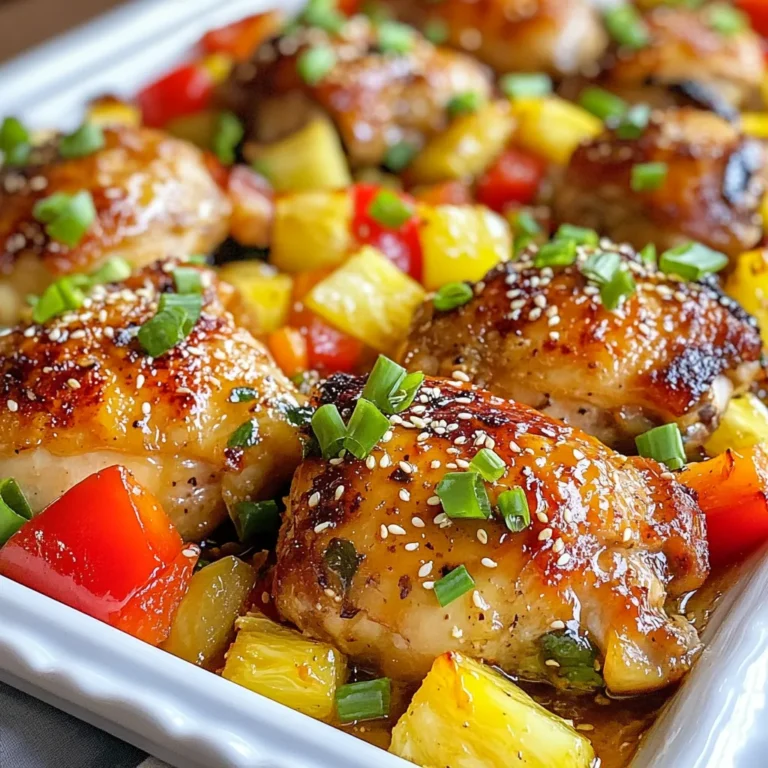 - 4 boneless, skinless chicken thighs - 2 cups fresh pineapple, cut into chunks - 1 red bell pepper, sliced - 1 green bell pepper, sliced - 1 red onion, cut into wedges - 3 cloves garlic, minced - 2 tablespoons soy sauce (or coconut aminos for a gluten-free option) - 2 tablespoons honey - 1 tablespoon olive oil - 1 teaspoon fresh ginger, grated - 1 teaspoon paprika - Salt and pepper, to taste - Chopped green onions, for garnish - Sesame seeds, for garnish You need simple, fresh ingredients for this Hawaiian chicken sheet pan dinner. The chicken thighs bring a juicy bite. They hold the flavors well. Pineapple adds a sweet and tangy twist. The peppers and onion give color and crunch. Let’s break down what you need: - Chicken: Four boneless, skinless chicken thighs are perfect. They cook evenly and stay moist. - Vegetables: You will use two cups of pineapple, one red bell pepper, one green bell pepper, and one red onion. These veggies add great taste and texture. - Marinade Components: The marinade uses soy sauce, honey, garlic, ginger, and paprika. These work together to create a delicious flavor that soaks into the chicken. Using fresh, vibrant ingredients makes a meal you will love. Enjoy the process and let your kitchen fill with amazing scents! {{ingredient_image_1}} 1. Preheat the Oven First, set your oven to 400°F (200°C). This high heat helps cook everything evenly. 2. Marinate the Chicken In a big bowl, mix soy sauce, honey, olive oil, minced garlic, grated ginger, paprika, salt, and pepper. Add the chicken thighs to the bowl. Make sure they get a nice coat of marinade. Let them sit for about 15 to 30 minutes to soak up all the flavors. 3. Prepare the Vegetables On a large baking sheet, spread out the sliced red and green bell peppers, onion wedges, and pineapple chunks. Drizzle a little olive oil on top. Season with salt and pepper, then toss to mix everything well. 4. Add the Chicken to the Pan Make some space in the middle of the baking sheet. Place the marinated chicken thighs right there. This way, they will cook perfectly with the veggies. 5. Bake the Dish Slide the sheet pan into the preheated oven. Bake for 25 to 30 minutes. The chicken should reach an internal temperature of 165°F (75°C). The veggies should be tender and ready to eat. 6. Broil for Caramelization If you want some caramelization, switch to the broil setting for the last 3 to 5 minutes. Keep an eye on it to avoid burning. 7. Serve and Garnish Once everything is cooked, take the sheet pan out of the oven. Let it rest for a few minutes. Slice the chicken and serve it on a platter with the roasted veggies and pineapple. 8. Garnish To finish, sprinkle chopped green onions and sesame seeds on top. This adds a nice touch of flavor and color to your dish. Best Marination Time I recommend marinating the chicken for 15 to 30 minutes. This time is just right. It allows the chicken to soak in all the tasty flavors of the marinade. If you have more time, you can marinate it for up to two hours. Just remember, longer isn’t always better. Using Alternative Ingredients You can swap soy sauce with coconut aminos if you need a gluten-free option. This still gives you that umami taste. For a sweeter touch, try maple syrup instead of honey. The choice of marinade can change the whole dish. Achieving Perfectly Cooked Chicken Make sure to check the chicken's internal temperature. It should reach 165°F (75°C). Use a meat thermometer for the best results. This ensures the chicken is safe to eat and juicy. If you notice the chicken is browning too fast, you can cover it with foil. Adjusting for Crispiness For a crispy finish, broil the chicken for 3 to 5 minutes at the end. Watch it closely, so it doesn’t burn. The broiler gives a nice caramelization, adding flavor and texture. If you want extra crispiness, pat the chicken dry before marinating it. Pro Tips Marinate for Maximum Flavor: Allow the chicken to marinate for at least 30 minutes, or even overnight, to enhance the flavors of the marinade. Use Fresh Ingredients: Fresh pineapple and vegetables will give you the best flavor and texture, making your dish vibrant and delicious. Check Chicken Temperature: Always use a meat thermometer to ensure your chicken has reached an internal temperature of 165°F (75°C) for safety. Customize Your Veggies: Feel free to swap in your favorite seasonal vegetables for added nutrition and variety in this dish. {{image_2}} You can switch up the chicken for different proteins. Try using pork or tofu. Both options will soak up the flavors well. Pork adds a nice twist, while tofu gives it a plant-based spin. For veggies, feel free to mix and match. Zucchini, carrots, or broccoli work great. They all roast nicely and give color to your dish. Keep in mind that cooking times may vary. Make sure to cut them into similar sizes. Want to add some heat? Mix in some red pepper flakes or sliced jalapeños. This will give your meal a spicy kick. Start with a little and taste as you go. You can always add more! You can also play with sauces. Swap soy sauce for teriyaki or barbecue sauce. Each sauce will change the taste. Using pineapple juice instead of honey can add sweetness and depth. Experimenting with flavors makes cooking fun! Refrigeration Tips After your meal, let the Hawaiian chicken cool down. Place it in a shallow container. This helps it cool faster. Cover the container tightly with a lid or plastic wrap. Store it in the fridge. It will stay fresh for up to three days. When you are ready to eat, make sure to check for any signs of spoilage. Freezing Guidelines If you want to keep leftovers longer, freezing is a great option. Place the cooled chicken and veggies in a freezer-safe bag. Squeeze out as much air as you can before sealing it. This prevents freezer burn. You can freeze it for up to three months. Label the bag with the date. This way, you know when to use it. Best Methods for Reheating To reheat, the oven is the best choice. Preheat your oven to 350°F (175°C). Place the chicken and veggies on a baking sheet. Cover it with foil to keep moisture in. Heat for about 15-20 minutes. You can also use a microwave for a quick option. Just place it in a microwave-safe dish and heat in 1-minute intervals until warm. Ensuring Flavor and Texture For the best taste, avoid reheating too long. This can dry out the chicken. Check the center; it should be hot. If using the microwave, add a splash of water to keep it moist. Let it rest for a minute before eating. This helps the heat spread evenly. Enjoy your tasty meal again with full flavor! A sheet pan dinner is a meal cooked on one baking sheet. It makes cooking and cleaning easy. You can roast your protein and veggies together. This method allows flavors to blend well. It is great for busy nights or quick meals. Yes, you can use bone-in chicken thighs. They add rich flavor and stay juicy. Just remember that they may need a bit longer to cook. Adjust your baking time to ensure they reach 165°F. To know when the chicken is done, check the internal temperature. The chicken should reach 165°F (75°C). Use a meat thermometer for the best results. Insert it into the thickest part of the thigh. Look for clear juices when you cut into the chicken. The meat should not be pink. The outside should be golden brown and slightly crispy. These signs show that your chicken is ready to eat. This blog post covered the key steps to make a great sheet pan dinner. You learned about the right ingredients, how to prepare them, and the baking process. I shared tips on marinating and cooking to get the best results. Remember, you can swap proteins and veggies for your taste. Store leftovers properly to keep them fresh. I hope you feel ready to try this dish. Enjoy making it your own!