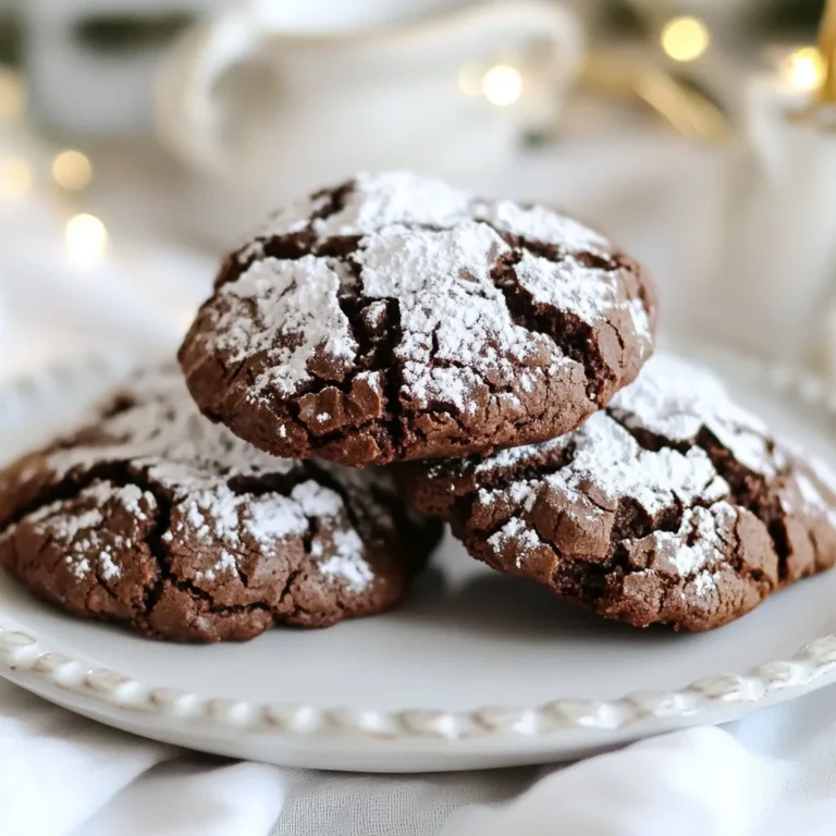 - 1 cup semi-sweet chocolate chips - 1/4 cup unsweetened cocoa powder - 1/2 cup granulated sugar - 1/4 cup brown sugar, packed - 2 large eggs - 1 teaspoon vanilla extract - 1/2 teaspoon baking powder - 1/4 teaspoon salt - 1/2 cup all-purpose flour - Powdered sugar for dusting The first step in making brownie crinkle cookies is gathering all your ingredients. Each item plays a big role in achieving that rich, chocolatey flavor. The semi-sweet chocolate chips offer sweetness and depth. Unsweetened cocoa powder adds a strong chocolate taste. Granulated and brown sugars give the cookies their chewy texture. You will also need eggs for binding and vanilla extract for a lovely aroma. Baking powder helps the cookies puff up. Salt balances the sweetness, while all-purpose flour brings everything together. Finally, powdered sugar gives those cookies their classic crinkle look. You can make these cookies your own by swapping ingredients. If you don’t have semi-sweet chocolate chips, dark chocolate chips work well. For a healthier option, try using coconut sugar instead of granulated or brown sugar. If you need a gluten-free version, substitute all-purpose flour with almond flour or a gluten-free blend. These swaps allow you to enjoy the cookies while meeting dietary needs. Feel free to get creative with your choices! {{ingredient_image_1}} 1. Preheat your oven to 350°F (175°C). This step is key for great results. 2. Line a baking sheet with parchment paper. This keeps cookies from sticking. 3. In a microwave-safe bowl, mix the semi-sweet chocolate chips and cocoa powder. 4. Microwave this mixture in 30-second bursts. Stir it each time until smooth. Let it cool a bit. 1. In a mixing bowl, whisk together granulated sugar, brown sugar, eggs, and vanilla extract. Make sure to combine them well. 2. Pour the melted chocolate mixture into the sugar and egg mix. Stir until it's fully mixed. 3. In another bowl, combine baking powder, salt, and flour. 4. Slowly add this dry mix into the wet ingredients. Stir until you have a dough. 1. Let the dough rest for about 10 minutes. This helps it firm up. 2. Use cookie scoops or two spoons to drop rounded tablespoons of dough onto the prepared sheet. Leave space between each cookie. 3. Dust each cookie ball generously with powdered sugar. This creates the crinkle effect. 4. Bake in the preheated oven for 10-12 minutes. The cookies should puff up and have crinkled tops. 5. Let the cookies cool on the sheet for 5 minutes. Then, move them to a wire rack to cool completely. To get the best brownie crinkle cookies, you need to adjust the baking time. Bake them for about 10 to 12 minutes. If you want softer cookies, stick to the shorter time. For crisper edges, go a bit longer. Even baking is key for great texture. Make sure your oven is preheated to 350°F (175°C). You might want to rotate the baking sheet halfway. This helps the cookies bake evenly. One common mistake is overmixing the dough. Mix just until combined; too much mixing can make cookies tough. Another mistake is using the wrong oven temperature. If your oven runs hot, the cookies may burn. Use an oven thermometer if you are unsure about the heat. Brownie crinkle cookies pair well with milk or coffee. The rich chocolate flavor complements these drinks nicely. If you have leftovers, store them in an airtight container. They stay fresh at room temperature for a few days. For longer storage, you can freeze them. Just make sure to wrap them well to avoid freezer burn. Pro Tips Use High-Quality Chocolate: The flavor of your cookies will greatly depend on the quality of the chocolate you use. Opt for semi-sweet chocolate chips with a high cocoa content for a richer taste. Don’t Overmix the Dough: Once you add the dry ingredients to the wet, mix just until combined. Overmixing can lead to tough cookies. Chill the Dough for Better Texture: If you have time, chill the dough for 30 minutes before baking. This helps the cookies maintain their shape and enhances the flavor. Adjust Baking Time for Chewy Cookies: For softer, chewier cookies, take them out of the oven when they still look slightly underbaked; they will continue to cook on the baking sheet. {{image_2}} You can make brownie crinkle cookies even better! One great way is to add nuts or chocolate chunks. Chopped walnuts or pecans add a nice crunch. You can mix in dark chocolate or white chocolate chunks for a rich twist. Another fun option is to infuse your cookies with spices. A pinch of cinnamon or a dash of espresso powder can enhance the chocolate flavor. You can even try a hint of cayenne pepper for a spicy kick! Want to impress at a holiday party? Create themed brownie crinkle cookies. You can add festive sprinkles or use holiday-themed cookie cutters. For example, make heart shapes for Valentine's Day or snowflakes for winter holidays. You can also use seasonal flavors. In fall, add pumpkin spice. In summer, try a touch of mint or citrus zest. These small changes can make your cookies feel fresh and special. Need a vegan option? You can easily swap the eggs with flaxseed meal. Mix one tablespoon of flaxseed meal with two and a half tablespoons of water. Let it sit until it thickens. This mix works great in cookies! If you want low-sugar cookies, use a sugar substitute like monk fruit sweetener or erythritol. These keep the sweetness without the extra calories. You can still enjoy delicious brownie crinkle cookies without the guilt! To keep your brownie crinkle cookies fresh, you can store them at room temperature. Place them in an airtight container. This helps keep them soft and chewy. If you live in a warm area, consider using the fridge. Just make sure to seal them well to prevent drying. For longer storage, you can freeze these cookies. Lay them flat on a baking sheet and freeze them for about an hour. Once they are firm, place them in a freezer bag. Squeeze out as much air as you can. You can enjoy them later without losing their taste. Brownie crinkle cookies last about one week at room temperature. In the fridge, they can stay good for up to two weeks. If frozen, they can last for three months. Watch for signs of spoilage. If you see any mold or if they smell off, it's time to toss them. Also, if they feel dry or hard, they may not taste as good. Enjoy the soft, chewy goodness while they last! Brownie crinkle cookies are a fun mix of brownies and cookies. They have a soft, chewy center and a rich chocolate flavor. The outside has a lovely crinkled look, thanks to the powdered sugar. When you bite in, you get a fudge-like texture that melts in your mouth. These cookies are perfect for chocolate lovers and great for sharing. To get that signature crinkle look, follow these tips: - Use plenty of powdered sugar when rolling the dough. This helps create the cracks. - Let the dough rest for about 10 minutes before baking. This step firms it up just right. - Bake at the right temperature. If your oven is too hot, the cookies may not crack properly. - Do not overbake. You want them soft and slightly underdone for that chewy center. Yes, you can make the dough ahead of time! Here’s how: - Prepare the dough as directed and let it cool. - Cover it tightly and store it in the fridge for up to 3 days. - When you’re ready, scoop and bake the cookies straight from the fridge. You may need to add a minute or two to the baking time. This blog post covered everything you need to make brownie crinkle cookies. We talked about the key ingredients, smart substitutions, and how to prepare the dough. You learned tips for perfecting texture and avoiding common mistakes. We also explored delicious variations and how to store your cookies properly. In closing, I hope you feel confident to bake these tasty treats. Enjoy the process and share them with friends!