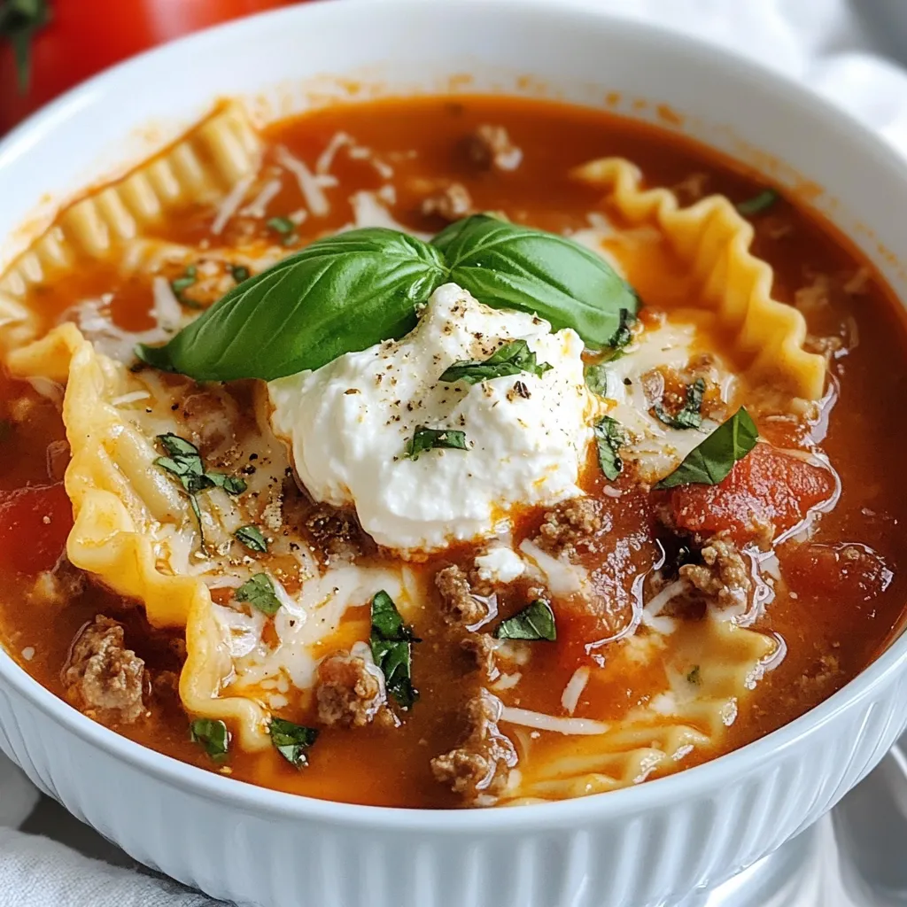 For this tasty soup, you need some key items. Here is a list of the main ingredients: - 1 lb ground beef (or Italian sausage for extra flavor) - 1 medium onion, diced - 3 cloves garlic, minced - 1 can (14.5 oz) diced tomatoes, undrained - 1 can (15 oz) tomato sauce - 4 cups beef broth - 2 teaspoons Italian seasoning - 1 teaspoon dried basil - 1 teaspoon dried oregano - 8 lasagna noodles, broken into pieces - 1 cup ricotta cheese - 1 cup shredded mozzarella cheese - ½ cup grated Parmesan cheese - Salt and pepper to taste - Fresh basil, for garnish (optional) These ingredients blend well to create a rich, hearty soup. The ground beef adds depth. The cheeses give a creamy texture. Herbs like basil and oregano bring out classic Italian flavors. To make your soup even better, consider adding a few optional ingredients. You might try: - 1 cup chopped spinach - 1 bell pepper, diced - 1 teaspoon red pepper flakes for heat - A splash of red wine for richness These additions can elevate the taste and nutrition of your soup. You can mix and match based on what you enjoy. Don’t have everything on hand? No problem! Here are some easy swaps: - Ground turkey instead of beef for a lighter meal - Vegetable broth for a vegetarian option - Cottage cheese instead of ricotta for a different texture - Any pasta shape if you can’t find lasagna noodles Using substitutions can keep the soup fresh and exciting. You can still enjoy a comforting bowl of lasagna soup, even with changes! {{ingredient_image_1}} Start by heating a skillet over medium heat. Add 1 pound of ground beef or Italian sausage. Cook until the meat is brown and no longer pink. Add 1 diced onion and cook until it becomes soft. Then, add 3 minced garlic cloves and cook for 1-2 more minutes. This step brings out great flavor. Drain any extra fat if needed. After cooking the beef and veggies, transfer the mixture to the crockpot. Now, add these ingredients: - 1 can (14.5 oz) diced tomatoes, undrained - 1 can (15 oz) tomato sauce - 4 cups beef broth - 2 teaspoons Italian seasoning - 1 teaspoon dried basil - 1 teaspoon dried oregano Stir all the ingredients well. This will create a rich base for your soup. Cover the crockpot and set it to low heat for 6-7 hours or high heat for 3-4 hours. About 30 minutes before serving, add 8 broken lasagna noodles to the pot. Stir them in well. Cover and let them cook until they are tender. When ready to serve, scoop some soup into bowls. Top each bowl with a mix of ricotta cheese, half of the mozzarella, and ¼ cup grated Parmesan. Finish with a sprinkle of the remaining mozzarella and Parmesan. This adds a creamy and cheesy finish to your dish. Enjoy! To boost flavor, consider using Italian sausage instead of ground beef. The sausage adds a rich taste that elevates the soup. Fresh herbs can also enhance the flavor. If you have fresh basil, toss in a handful before serving. It brightens the dish and adds depth. For a creamy soup, mix ricotta cheese with half the mozzarella before serving. This mixture makes each bowl rich and smooth. Adding broken lasagna noodles 30 minutes before serving keeps them tender without becoming mushy. Stir well to ensure every piece gets soaked in flavor. Serve your soup in deep bowls. Top each serving with the ricotta mix and sprinkle extra mozzarella and Parmesan on top. This not only looks great but also adds a cheesy layer to each bite. Garnish with fresh basil leaves for a colorful touch. Pair with crusty bread to soak up the delicious broth. Pro Tips Use Quality Meat: Opt for high-quality ground beef or Italian sausage for a richer flavor profile in your lasagna soup. Add Vegetables: Enhance nutrition and flavor by incorporating diced bell peppers or sliced mushrooms into the soup. Layer the Cheeses: For a creamier texture, layer the ricotta mixture within the soup as you serve, rather than just on top. Adjust Seasoning: Always taste and adjust the seasoning before serving to ensure the flavors are perfectly balanced. {{image_2}} You can easily make this soup vegetarian. Replace the ground beef with mushrooms or lentils. Both add great flavor and texture. Also, use vegetable broth instead of beef broth. This keeps the soup rich and tasty. Add in your favorite veggies like zucchini or bell peppers for more nutrients. They’ll blend well with the sauce and noodles. To make a gluten-free version, swap the regular lasagna noodles for gluten-free ones. There are many brands available that taste great. Ensure your broth and sauces are gluten-free too. Check the labels for any hidden gluten. This way, everyone can enjoy a warm bowl of comfort. You can customize your soup with more veggies or proteins. Spinach or kale works well and adds color. If you like protein, try adding cooked chicken or turkey. They’ll fit right in and make the soup heartier. Just remember, if you add more ingredients, you may need to adjust the broth and seasoning for balance. To keep your Crockpot Lasagna Soup fresh, let it cool first. Once cooled, transfer it to airtight containers. This helps keep the flavors intact. Store it in the fridge for up to three days. Label your containers with the date to stay organized. When you are ready to enjoy your soup again, you can reheat it on the stove or in the microwave. For the stove, warm it over medium heat. Stir often to avoid sticking. In the microwave, use a microwave-safe bowl. Heat in short intervals, stirring in between. This keeps the soup from getting too hot too fast. If you want to save some soup for later, freezing works well. Pour the cooled soup into freezer-safe bags or containers. Make sure to leave some space at the top for expansion. The soup can last up to three months in the freezer. When you are ready to eat, thaw it in the fridge overnight. Then, reheat it on the stove or in the microwave. Enjoy your comforting meal anytime! Yes, you can make Crockpot Lasagna Soup ahead of time. This soup tastes even better the next day! You can prepare the soup and store it in the fridge for up to three days. Just reheat it on the stove or in the microwave. If you want to freeze it, cool it first. Then place it in an airtight container. It can last for about three months in the freezer. When ready to eat, thaw it overnight in the fridge, then reheat. To thicken your lasagna soup, there are a few easy methods. You can add more broken lasagna noodles during the cooking time. They will soak up some of the liquid. Another option is to stir in a bit of cornstarch mixed with cold water. Add this mix to the soup and let it cook a bit longer. You can also use less broth. Start with three cups instead of four if you want a thicker soup right from the start. You can use whole lasagna noodles, but you should cook them first. If you add them directly to the soup, they may not cook evenly. Cook them according to the package instructions, then cut them into smaller pieces. Add them to the soup about 30 minutes before serving. This way, they will fit nicely in your bowl and soak up all the great flavors. Crockpot lasagna soup is simple and fun to make. We covered the key ingredients, from basics to great options that add flavor. I shared steps for easy preparation and cooking. Tips helped enhance taste and texture. You also learned fun variations for everyone’s taste. Finally, proper storage keeps your soup fresh for longer. Enjoy your culinary adventure with this tasty dish!