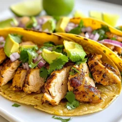 - 1 lb boneless, skinless chicken thighs - Spices for marinade: - 1 tablespoon chili powder - 1 teaspoon cumin - 1 teaspoon smoked paprika - 1/2 teaspoon garlic powder - 1/2 teaspoon onion powder - Toppings: - 1 cup fresh cilantro, chopped - 1/2 cup diced red onion - 1 lime, cut into wedges - 1 avocado, sliced - Optional: diced jalapeños for spice To make these tacos, start with the chicken thighs. I like thighs because they are juicy. They stay moist even when cooked. You can also use chicken breasts, but thighs work best for flavor. Next, gather your spices. The blend of chili powder, cumin, and smoked paprika brings warmth. Garlic powder and onion powder add depth. This mix makes the chicken taste amazing. For toppings, fresh cilantro adds brightness. Diced red onion gives a nice crunch. Lime juice adds zest, while avocado provides creaminess. If you like heat, add jalapeños for extra spice. These ingredients come together to create a tasty taco experience. You can adjust toppings to suit your taste. This recipe is quick and easy, perfect for any day! {{ingredient_image_1}} To start, prepare the marinade. In a bowl, mix together 2 tablespoons of olive oil, 1 tablespoon of chili powder, 1 teaspoon of cumin, 1 teaspoon of smoked paprika, 1/2 teaspoon of garlic powder, 1/2 teaspoon of onion powder, and salt and pepper to taste. This blend gives the chicken great flavor. Next, coat the chicken thighs with the marinade. Make sure each piece is well-covered. I like to let them soak for at least 30 minutes. For deeper flavor, you can marinate them overnight in the fridge. Now, preheat your grill or skillet over medium-high heat. This step is key for a good sear. Once hot, remove the chicken from the marinade. Place it on the grill or skillet. Cook the chicken for about 6-7 minutes on each side. You want it to reach an internal temperature of 165°F. Make sure it is no longer pink inside. After cooking, let the chicken rest for 5 minutes. Then, slice it into bite-sized pieces. While the chicken rests, warm the corn tortillas. You can do this in a separate pan for about 30 seconds on each side. This makes them soft and easy to fold. Now, assemble your tacos! Start with a portion of sliced chicken on each tortilla. Top it with chopped cilantro, diced red onion, and avocado slices. If you like heat, add diced jalapeños. Finally, squeeze fresh lime juice over the tacos before serving. This adds a zesty flavor that brightens everything up. Enjoy your delicious chicken street tacos! To bring out the best flavor in your chicken street tacos, marinating is key. Here are some best practices: - Use Enough Time: Marinate the chicken for at least 30 minutes. For richer taste, marinate overnight. - Even Coating: Make sure each piece of chicken is well-coated in the marinade. This helps every bite burst with flavor. For cooking techniques, you can choose between grilling and using a skillet: - Grilling: This method gives you a nice char and smoky flavor. Preheat your grill to medium-high. Grill each side for about 6-7 minutes. - Skillet: If you prefer indoor cooking, heat a skillet over medium-high heat. Cook the chicken the same way. Both methods work great! Now let’s talk about how to serve these tasty tacos. Pair them with fresh sides and drinks for a complete meal: - Sides: Try serving with rice, beans, or a fresh salad. These sides add color and taste. - Drinks: A cold drink, like agua fresca or a light beer, complements the tacos well. For a fun taco night presentation, consider these ideas: - Taco Bar: Set up a taco bar. Let guests build their own tacos with toppings like cilantro, red onion, and avocado. - Colorful Display: Arrange your ingredients in bowls. This makes it look festive and inviting. These tips will help you create delicious chicken street tacos that impress everyone at your table. Enjoy the process of cooking and serving! Pro Tips Marinate Longer for Flavor: For the best flavor, marinate the chicken thighs overnight. This allows the spices to penetrate deeper, resulting in a more flavorful taco filling. Temperature Check: Always use a meat thermometer to ensure your chicken reaches an internal temperature of 165°F (75°C). This guarantees that the chicken is safe to eat and perfectly cooked. Warm Your Tortillas: Warming corn tortillas on a skillet helps to make them more pliable and enhances their flavor. This step is key to preventing them from cracking when you assemble the tacos. Customize Your Toppings: Feel free to get creative with toppings! Add diced tomatoes, crumbled queso fresco, or a drizzle of sour cream for an extra layer of flavor and texture. {{image_2}} You can change how you cook your chicken for street tacos. Grilled chicken has a smoky taste and a nice char. It cooks quickly and adds flavor. Shredded chicken is soft and can soak up all the tasty sauce. You can cook it in a slow cooker or boil it for a simple option. You can also try different meats. Beef works well, especially if you use flank steak. Shrimp tacos are another fun choice. They cook fast and have a fresh taste. Just season them like the chicken and grill them for a few minutes. Toppings can make your tacos special. While cilantro and red onion are classic, you can get creative. Try adding chopped tomatoes, corn, or even pickled vegetables for a zing. For a spicy kick, use a hot salsa. Mango salsa adds sweetness and heat, which is great with chicken. You can also drizzle unique sauces like chipotle mayo or avocado crema. These toppings will take your street tacos to another level. To keep your chicken street tacos fresh, start by storing leftovers in an airtight container. This helps keep the flavors intact. Place the tacos in the fridge within two hours of cooking. They can stay good for up to three days. Reheating tacos requires care. I suggest using a skillet over medium heat. Heat each taco for about two minutes on each side. This warms them up nicely without making them soggy. You can also reheat the chicken in the microwave. Just make sure to cover it to keep moisture in. When it comes to marinated chicken, store it in a sealed bag or container in the fridge. Use marinated chicken within two days for the best flavor. If you think you won't cook it soon, freeze it. Just remember to label the bag with the date. Freezing cooked chicken is a great way to save time. Once the chicken cools, place it in a freezer-safe bag. Try to remove as much air as possible before sealing. This will prevent freezer burn. Cooked chicken can last for up to three months in the freezer. For tortillas, wrap them in foil or plastic wrap. Store them in a freezer-safe bag. This keeps them fresh for about six months. When you're ready to use them, thaw them in the fridge overnight. Toppings should be stored separately. Fresh cilantro, red onion, and avocado do not freeze well. Store them in the fridge and use them within a few days for the best taste and texture. For street tacos, I prefer using boneless, skinless chicken thighs. They stay juicy and tender during cooking. Chicken breasts can dry out, especially if overcooked. Thighs have more flavor, making them great for tacos. If you want a leaner option, you can use breasts, but thighs are the best choice. Yes, you can make chicken street tacos ahead of time. Cook the chicken and store it in the fridge for up to three days. You can also marinate the chicken the night before to save time. Just reheat the chicken in a skillet or microwave before serving. Warm the tortillas right before you serve for the best taste. To spice up your chicken street tacos, add diced jalapeños to the toppings. You can also mix in more chili powder or cayenne pepper in the marinade. Hot sauce is another great option. Adjust the spice level to your taste. Enjoy experimenting with different flavors! In this post, we explored how to make delicious chicken street tacos from scratch. We covered essential ingredients, marinating tips, and cooking methods. I shared ways to customize your tacos and serve them perfectly. Remember, you can use different meats and toppings for variety. Enjoy making these tacos for your next meal. They are easy and fun!