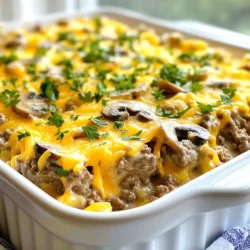 To make the Keto Beef Stroganoff Casserole, you need simple, tasty ingredients. Here’s what you will need: - 1 pound ground beef - 1 medium onion, diced - 2 cloves garlic, minced - 8 ounces mushrooms, sliced - 1 tablespoon Worcestershire sauce (sugar-free) - 1 teaspoon dried thyme - Salt and pepper to taste - 1 cup sour cream - 1 cup shredded cheddar cheese - 1 cup cauliflower rice (fresh or frozen) - 2 tablespoons olive oil - Fresh parsley, chopped (for garnish) Each ingredient plays a key role in the dish. The ground beef gives it a hearty base. Onion and garlic add depth with their rich flavors. Sliced mushrooms not only taste great but also add texture. Worcestershire sauce and thyme bring a savory kick. The sour cream adds creaminess and a slight tang. Shredded cheese melts to form a golden crust. Cauliflower rice keeps the dish low in carbs while adding bulk. Olive oil is essential for cooking the beef and veggies. Finally, fresh parsley adds a pop of color and freshness for garnish. These ingredients come together to create a satisfying meal that tastes great and fits your keto lifestyle. {{ingredient_image_1}} First, preheat your oven to 350°F (175°C). This step is key for a nice bake. While the oven heats, grab a large skillet. Add 2 tablespoons of olive oil and turn the heat to medium. Once the oil is hot, toss in the diced onion. Sauté it for about 3-4 minutes until it turns clear. This makes the onion sweet and tasty. Next, add the minced garlic. Cook it for one more minute to release its strong flavor. Now, it's time to add the ground beef. Break it apart with a spoon as it cooks. Keep cooking until the beef is brown, which takes about 5-7 minutes. Drain any extra fat if needed. Now, add the sliced mushrooms to the skillet. Sauté them for about 5 minutes, or until they soften. This step gives the dish a rich taste. Then, mix in the Worcestershire sauce, dried thyme, salt, and pepper. Stir well and let everything cook for another 2-3 minutes. This helps the flavors blend together. Once done, remove the skillet from heat and let it cool for a minute. After it cools, mix in the cauliflower rice and sour cream. Make sure everything is combined well. Next, take a greased 9x13-inch casserole dish. Pour the beef mixture into the dish, spreading it out evenly. Now, it's time for the cheese! Top the mixture with 1 cup of shredded cheddar cheese, making sure to cover it all. Place the casserole in your preheated oven. Bake for 25-30 minutes, or until the cheese is bubbly and golden brown. Once it's done, remove it from the oven and let it sit for about 5 minutes. Before serving, sprinkle some chopped parsley on top for a fresh touch. To make the best Keto Beef Stroganoff Casserole, focus on the beef. Use fresh ground beef for rich taste. Sauté the onions until they are soft and sweet. This step adds depth to the dish. Don't skip the garlic; it gives a lovely aroma. Add Worcestershire sauce for a savory kick. For extra flavor, consider fresh herbs instead of dried. Thyme works well, but feel free to explore others like rosemary or oregano. One common mistake is overcooking the beef. Brown it just enough to keep it juicy. Another error is adding too much cauliflower rice. It can make the dish mushy. Always measure your ingredients for balance. Mixing the sour cream in too soon can cause curdling. Wait until the beef mixture cools slightly before adding it. Lastly, don't forget to taste and adjust the seasoning. Salt and pepper enhance the flavors in the casserole. You can easily customize this casserole to match your tastes. Try adding different mushrooms, like shiitake or portobello, for unique flavors. Swap out the ground beef for ground turkey or chicken if you prefer. For a cheesy twist, mix in cream cheese along with the sour cream. If you want extra veggies, consider spinach or bell peppers. You can also adjust the spice level by adding chili flakes or hot sauce. Pro Tips Use Fresh Ingredients: Fresh mushrooms and onions enhance the flavor of the casserole significantly compared to canned options. Customize the Cheese: Feel free to experiment with different types of cheese like mozzarella or gouda for a unique twist on the dish. Make it Ahead: This casserole can be prepared a day in advance. Just cover it tightly and refrigerate until you're ready to bake. Check for Doneness: Ensure the casserole is heated through and the cheese is bubbly and golden before removing it from the oven. {{image_2}} You can swap out ground beef for other meats. Ground turkey works great here. It keeps the dish light but still tasty. You might also try shredded chicken. It adds a nice twist to the flavor. If you want a vegetarian option, use plant-based meat crumbles. They fit well in this recipe. To make this dish dairy-free, you can change the sour cream. Use coconut cream or cashew cream instead. Both options give you a creamy texture without dairy. For the cheese, try a dairy-free cheese blend. Look for brands that melt well for the best results. You can add more veggies to boost nutrition. Spinach or kale works well and adds color. Zucchini can also enhance the dish. Just chop it up and add with the mushrooms. Bell peppers add sweetness and crunch. Mix and match based on what you have at home. This Keto Beef Stroganoff Casserole serves about six. Each serving has around 400 calories. Most of the calories come from the beef and cheese. These ingredients provide rich flavors and keep you full. Here’s how the macronutrients break down per serving: - Protein: 28 grams - Fat: 30 grams - Carbohydrates: 6 grams - Fiber: 2 grams - Net Carbs: 4 grams This dish is low in carbs and high in protein, ideal for a keto diet. - Ground Beef: It’s packed with protein and iron. It helps build muscle and keeps energy levels up. - Mushrooms: They add flavor and are low in calories. They also contain antioxidants. - Cauliflower Rice: This replaces regular rice. It's low in carbs and high in fiber. It helps with digestion. - Sour Cream: It adds creaminess and provides healthy fats. It also has calcium for bone health. - Cheddar Cheese: This cheese is rich in protein and calcium. It can support muscle health. Each ingredient works together to create a dish that’s delicious and healthy. Yes, you can make this casserole ahead of time. Simply prepare the dish and store it in the fridge. Cover it tightly with plastic wrap. When you're ready to eat, just bake it. You may need to add a few extra minutes to the cooking time. To store leftovers, place them in an airtight container. Keep them in the fridge for up to three days. You can also use foil to wrap individual servings. This makes it easy to grab a quick meal later. Yes, this recipe is great for meal prep. It keeps well in the fridge and reheats nicely. You can portion it out into containers. This way, you have ready-to-eat meals for the week. If you need a substitute for sour cream, use Greek yogurt. It has a similar texture and taste. You can also use cottage cheese blended until smooth for a creamy option. Yes, you can freeze this casserole. Allow it to cool completely before freezing. Store it in a freezer-safe container. It will stay good for up to three months. When ready to eat, thaw it overnight in the fridge and bake as usual. We covered the key ingredients and steps to make a delicious casserole. You learned tips to enhance flavor and avoid common mistakes. We explored variations for different diets and highlighted health benefits. This recipe is easy to customize and perfect for meal prep. Enjoy cooking and experimenting with flavors. A great dish awaits you!