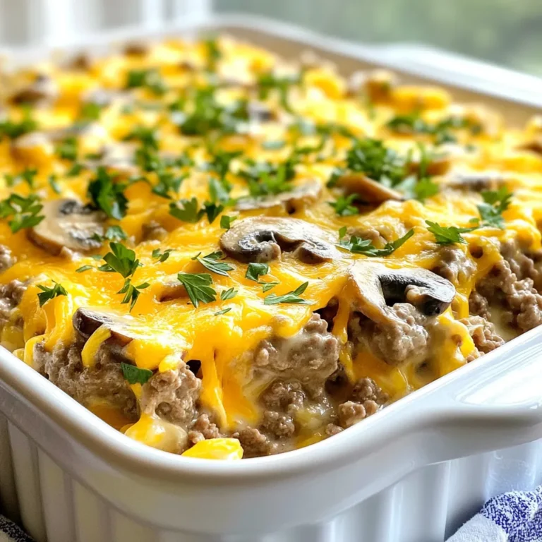 To make the Keto Beef Stroganoff Casserole, you need simple, tasty ingredients. Here’s what you will need: - 1 pound ground beef - 1 medium onion, diced - 2 cloves garlic, minced - 8 ounces mushrooms, sliced - 1 tablespoon Worcestershire sauce (sugar-free) - 1 teaspoon dried thyme - Salt and pepper to taste - 1 cup sour cream - 1 cup shredded cheddar cheese - 1 cup cauliflower rice (fresh or frozen) - 2 tablespoons olive oil - Fresh parsley, chopped (for garnish) Each ingredient plays a key role in the dish. The ground beef gives it a hearty base. Onion and garlic add depth with their rich flavors. Sliced mushrooms not only taste great but also add texture. Worcestershire sauce and thyme bring a savory kick. The sour cream adds creaminess and a slight tang. Shredded cheese melts to form a golden crust. Cauliflower rice keeps the dish low in carbs while adding bulk. Olive oil is essential for cooking the beef and veggies. Finally, fresh parsley adds a pop of color and freshness for garnish. These ingredients come together to create a satisfying meal that tastes great and fits your keto lifestyle. {{ingredient_image_1}} First, preheat your oven to 350°F (175°C). This step is key for a nice bake. While the oven heats, grab a large skillet. Add 2 tablespoons of olive oil and turn the heat to medium. Once the oil is hot, toss in the diced onion. Sauté it for about 3-4 minutes until it turns clear. This makes the onion sweet and tasty. Next, add the minced garlic. Cook it for one more minute to release its strong flavor. Now, it's time to add the ground beef. Break it apart with a spoon as it cooks. Keep cooking until the beef is brown, which takes about 5-7 minutes. Drain any extra fat if needed. Now, add the sliced mushrooms to the skillet. Sauté them for about 5 minutes, or until they soften. This step gives the dish a rich taste. Then, mix in the Worcestershire sauce, dried thyme, salt, and pepper. Stir well and let everything cook for another 2-3 minutes. This helps the flavors blend together. Once done, remove the skillet from heat and let it cool for a minute. After it cools, mix in the cauliflower rice and sour cream. Make sure everything is combined well. Next, take a greased 9x13-inch casserole dish. Pour the beef mixture into the dish, spreading it out evenly. Now, it's time for the cheese! Top the mixture with 1 cup of shredded cheddar cheese, making sure to cover it all. Place the casserole in your preheated oven. Bake for 25-30 minutes, or until the cheese is bubbly and golden brown. Once it's done, remove it from the oven and let it sit for about 5 minutes. Before serving, sprinkle some chopped parsley on top for a fresh touch. To make the best Keto Beef Stroganoff Casserole, focus on the beef. Use fresh ground beef for rich taste. Sauté the onions until they are soft and sweet. This step adds depth to the dish. Don't skip the garlic; it gives a lovely aroma. Add Worcestershire sauce for a savory kick. For extra flavor, consider fresh herbs instead of dried. Thyme works well, but feel free to explore others like rosemary or oregano. One common mistake is overcooking the beef. Brown it just enough to keep it juicy. Another error is adding too much cauliflower rice. It can make the dish mushy. Always measure your ingredients for balance. Mixing the sour cream in too soon can cause curdling. Wait until the beef mixture cools slightly before adding it. Lastly, don't forget to taste and adjust the seasoning. Salt and pepper enhance the flavors in the casserole. You can easily customize this casserole to match your tastes. Try adding different mushrooms, like shiitake or portobello, for unique flavors. Swap out the ground beef for ground turkey or chicken if you prefer. For a cheesy twist, mix in cream cheese along with the sour cream. If you want extra veggies, consider spinach or bell peppers. You can also adjust the spice level by adding chili flakes or hot sauce. Pro Tips Use Fresh Ingredients: Fresh mushrooms and onions enhance the flavor of the casserole significantly compared to canned options. Customize the Cheese: Feel free to experiment with different types of cheese like mozzarella or gouda for a unique twist on the dish. Make it Ahead: This casserole can be prepared a day in advance. Just cover it tightly and refrigerate until you're ready to bake. Check for Doneness: Ensure the casserole is heated through and the cheese is bubbly and golden before removing it from the oven. {{image_2}} You can swap out ground beef for other meats. Ground turkey works great here. It keeps the dish light but still tasty. You might also try shredded chicken. It adds a nice twist to the flavor. If you want a vegetarian option, use plant-based meat crumbles. They fit well in this recipe. To make this dish dairy-free, you can change the sour cream. Use coconut cream or cashew cream instead. Both options give you a creamy texture without dairy. For the cheese, try a dairy-free cheese blend. Look for brands that melt well for the best results. You can add more veggies to boost nutrition. Spinach or kale works well and adds color. Zucchini can also enhance the dish. Just chop it up and add with the mushrooms. Bell peppers add sweetness and crunch. Mix and match based on what you have at home. This Keto Beef Stroganoff Casserole serves about six. Each serving has around 400 calories. Most of the calories come from the beef and cheese. These ingredients provide rich flavors and keep you full. Here’s how the macronutrients break down per serving: - Protein: 28 grams - Fat: 30 grams - Carbohydrates: 6 grams - Fiber: 2 grams - Net Carbs: 4 grams This dish is low in carbs and high in protein, ideal for a keto diet. - Ground Beef: It’s packed with protein and iron. It helps build muscle and keeps energy levels up. - Mushrooms: They add flavor and are low in calories. They also contain antioxidants. - Cauliflower Rice: This replaces regular rice. It's low in carbs and high in fiber. It helps with digestion. - Sour Cream: It adds creaminess and provides healthy fats. It also has calcium for bone health. - Cheddar Cheese: This cheese is rich in protein and calcium. It can support muscle health. Each ingredient works together to create a dish that’s delicious and healthy. Yes, you can make this casserole ahead of time. Simply prepare the dish and store it in the fridge. Cover it tightly with plastic wrap. When you're ready to eat, just bake it. You may need to add a few extra minutes to the cooking time. To store leftovers, place them in an airtight container. Keep them in the fridge for up to three days. You can also use foil to wrap individual servings. This makes it easy to grab a quick meal later. Yes, this recipe is great for meal prep. It keeps well in the fridge and reheats nicely. You can portion it out into containers. This way, you have ready-to-eat meals for the week. If you need a substitute for sour cream, use Greek yogurt. It has a similar texture and taste. You can also use cottage cheese blended until smooth for a creamy option. Yes, you can freeze this casserole. Allow it to cool completely before freezing. Store it in a freezer-safe container. It will stay good for up to three months. When ready to eat, thaw it overnight in the fridge and bake as usual. We covered the key ingredients and steps to make a delicious casserole. You learned tips to enhance flavor and avoid common mistakes. We explored variations for different diets and highlighted health benefits. This recipe is easy to customize and perfect for meal prep. Enjoy cooking and experimenting with flavors. A great dish awaits you!