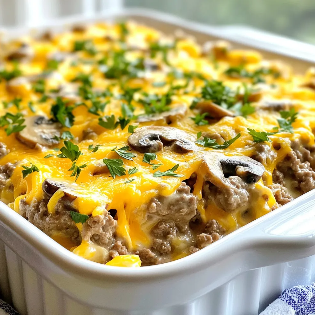 To make the Keto Beef Stroganoff Casserole, you need simple, tasty ingredients. Here’s what you will need: - 1 pound ground beef - 1 medium onion, diced - 2 cloves garlic, minced - 8 ounces mushrooms, sliced - 1 tablespoon Worcestershire sauce (sugar-free) - 1 teaspoon dried thyme - Salt and pepper to taste - 1 cup sour cream - 1 cup shredded cheddar cheese - 1 cup cauliflower rice (fresh or frozen) - 2 tablespoons olive oil - Fresh parsley, chopped (for garnish) Each ingredient plays a key role in the dish. The ground beef gives it a hearty base. Onion and garlic add depth with their rich flavors. Sliced mushrooms not only taste great but also add texture. Worcestershire sauce and thyme bring a savory kick. The sour cream adds creaminess and a slight tang. Shredded cheese melts to form a golden crust. Cauliflower rice keeps the dish low in carbs while adding bulk. Olive oil is essential for cooking the beef and veggies. Finally, fresh parsley adds a pop of color and freshness for garnish. These ingredients come together to create a satisfying meal that tastes great and fits your keto lifestyle. {{ingredient_image_1}} First, preheat your oven to 350°F (175°C). This step is key for a nice bake. While the oven heats, grab a large skillet. Add 2 tablespoons of olive oil and turn the heat to medium. Once the oil is hot, toss in the diced onion. Sauté it for about 3-4 minutes until it turns clear. This makes the onion sweet and tasty. Next, add the minced garlic. Cook it for one more minute to release its strong flavor. Now, it's time to add the ground beef. Break it apart with a spoon as it cooks. Keep cooking until the beef is brown, which takes about 5-7 minutes. Drain any extra fat if needed. Now, add the sliced mushrooms to the skillet. Sauté them for about 5 minutes, or until they soften. This step gives the dish a rich taste. Then, mix in the Worcestershire sauce, dried thyme, salt, and pepper. Stir well and let everything cook for another 2-3 minutes. This helps the flavors blend together. Once done, remove the skillet from heat and let it cool for a minute. After it cools, mix in the cauliflower rice and sour cream. Make sure everything is combined well. Next, take a greased 9x13-inch casserole dish. Pour the beef mixture into the dish, spreading it out evenly. Now, it's time for the cheese! Top the mixture with 1 cup of shredded cheddar cheese, making sure to cover it all. Place the casserole in your preheated oven. Bake for 25-30 minutes, or until the cheese is bubbly and golden brown. Once it's done, remove it from the oven and let it sit for about 5 minutes. Before serving, sprinkle some chopped parsley on top for a fresh touch. To make the best Keto Beef Stroganoff Casserole, focus on the beef. Use fresh ground beef for rich taste. Sauté the onions until they are soft and sweet. This step adds depth to the dish. Don't skip the garlic; it gives a lovely aroma. Add Worcestershire sauce for a savory kick. For extra flavor, consider fresh herbs instead of dried. Thyme works well, but feel free to explore others like rosemary or oregano. One common mistake is overcooking the beef. Brown it just enough to keep it juicy. Another error is adding too much cauliflower rice. It can make the dish mushy. Always measure your ingredients for balance. Mixing the sour cream in too soon can cause curdling. Wait until the beef mixture cools slightly before adding it. Lastly, don't forget to taste and adjust the seasoning. Salt and pepper enhance the flavors in the casserole. You can easily customize this casserole to match your tastes. Try adding different mushrooms, like shiitake or portobello, for unique flavors. Swap out the ground beef for ground turkey or chicken if you prefer. For a cheesy twist, mix in cream cheese along with the sour cream. If you want extra veggies, consider spinach or bell peppers. You can also adjust the spice level by adding chili flakes or hot sauce. Pro Tips Use Fresh Ingredients: Fresh mushrooms and onions enhance the flavor of the casserole significantly compared to canned options. Customize the Cheese: Feel free to experiment with different types of cheese like mozzarella or gouda for a unique twist on the dish. Make it Ahead: This casserole can be prepared a day in advance. Just cover it tightly and refrigerate until you're ready to bake. Check for Doneness: Ensure the casserole is heated through and the cheese is bubbly and golden before removing it from the oven. {{image_2}} You can swap out ground beef for other meats. Ground turkey works great here. It keeps the dish light but still tasty. You might also try shredded chicken. It adds a nice twist to the flavor. If you want a vegetarian option, use plant-based meat crumbles. They fit well in this recipe. To make this dish dairy-free, you can change the sour cream. Use coconut cream or cashew cream instead. Both options give you a creamy texture without dairy. For the cheese, try a dairy-free cheese blend. Look for brands that melt well for the best results. You can add more veggies to boost nutrition. Spinach or kale works well and adds color. Zucchini can also enhance the dish. Just chop it up and add with the mushrooms. Bell peppers add sweetness and crunch. Mix and match based on what you have at home. This Keto Beef Stroganoff Casserole serves about six. Each serving has around 400 calories. Most of the calories come from the beef and cheese. These ingredients provide rich flavors and keep you full. Here’s how the macronutrients break down per serving: - Protein: 28 grams - Fat: 30 grams - Carbohydrates: 6 grams - Fiber: 2 grams - Net Carbs: 4 grams This dish is low in carbs and high in protein, ideal for a keto diet. - Ground Beef: It’s packed with protein and iron. It helps build muscle and keeps energy levels up. - Mushrooms: They add flavor and are low in calories. They also contain antioxidants. - Cauliflower Rice: This replaces regular rice. It's low in carbs and high in fiber. It helps with digestion. - Sour Cream: It adds creaminess and provides healthy fats. It also has calcium for bone health. - Cheddar Cheese: This cheese is rich in protein and calcium. It can support muscle health. Each ingredient works together to create a dish that’s delicious and healthy. Yes, you can make this casserole ahead of time. Simply prepare the dish and store it in the fridge. Cover it tightly with plastic wrap. When you're ready to eat, just bake it. You may need to add a few extra minutes to the cooking time. To store leftovers, place them in an airtight container. Keep them in the fridge for up to three days. You can also use foil to wrap individual servings. This makes it easy to grab a quick meal later. Yes, this recipe is great for meal prep. It keeps well in the fridge and reheats nicely. You can portion it out into containers. This way, you have ready-to-eat meals for the week. If you need a substitute for sour cream, use Greek yogurt. It has a similar texture and taste. You can also use cottage cheese blended until smooth for a creamy option. Yes, you can freeze this casserole. Allow it to cool completely before freezing. Store it in a freezer-safe container. It will stay good for up to three months. When ready to eat, thaw it overnight in the fridge and bake as usual. We covered the key ingredients and steps to make a delicious casserole. You learned tips to enhance flavor and avoid common mistakes. We explored variations for different diets and highlighted health benefits. This recipe is easy to customize and perfect for meal prep. Enjoy cooking and experimenting with flavors. A great dish awaits you!