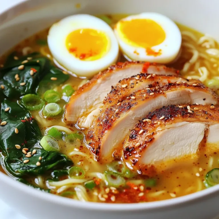 To make Fiery Chicken Ramen, you will need: - 2 boneless chicken thighs, thinly sliced - 4 cups chicken broth - 2 packs of instant ramen noodles - 2 tablespoons soy sauce - 1 tablespoon sriracha (adjust for heat preference) - 1 tablespoon chili paste - 1 tablespoon sesame oil - 2 green onions, sliced - 1 tablespoon ginger, minced - 2 cloves garlic, minced - 1 cup baby spinach - 2 soft-boiled eggs (optional) - Sesame seeds for garnish When picking ingredients, freshness matters. Here are some tips: - Chicken: Look for chicken that is pink and firm. Avoid any with a gray color or strange smell. - Broth: Choose low-sodium chicken broth for better control of salt. Store-bought or homemade works well. - Noodles: Instant ramen noodles are quick and easy. Check the package date for freshness. - Veggies: Choose bright green spinach and firm green onions. They should not be wilted or slimy. - Eggs: If using soft-boiled eggs, choose eggs that are clean and not cracked. You can adjust this recipe for dietary needs. Here are some ideas: - Chicken: Use tofu or tempeh for a vegetarian option. Cook it the same way as chicken. - Broth: Replace chicken broth with vegetable broth for a vegan version. - Noodles: Use gluten-free noodles if you need to avoid gluten. Rice noodles or zucchini noodles are great choices. - Spices: If you can't have sriracha, try a different hot sauce or omit it completely. - Eggs: Omit soft-boiled eggs for a completely vegan dish. {{ingredient_image_1}} Start by heating sesame oil in a large pot over medium heat. Once hot, add minced garlic and ginger. Cook these until they smell great, about one minute. This step builds a strong flavor base. Next, add the thinly sliced chicken thighs. Cook them until they are no longer pink, which takes about four to five minutes. This step ensures the chicken is safe to eat. After the chicken cooks, pour in the chicken broth. Bring it to a gentle simmer. This allows all the flavors to blend nicely. Then, stir in the soy sauce, sriracha, and chili paste. Adjust the sriracha and chili paste based on how spicy you want your ramen. Once the broth simmers, it's time to add the instant ramen noodles. Follow the package instructions, which usually take about three to four minutes. Just before the noodles are fully cooked, toss in the baby spinach and sliced green onions. These will wilt slightly and add freshness to the dish. For soft-boiled eggs, boil them for six to seven minutes. After that, cool them in ice water before peeling. This makes the eggs easy to handle. Once everything is ready, divide the ramen and broth into bowls. Top each bowl with a halved soft-boiled egg. For the final touch, sprinkle sesame seeds and add extra green onions. Serve in deep bowls to hold the broth well. Drizzle some extra sriracha on top for color and heat. Enjoy your fiery chicken ramen with chopsticks or a spoon! To adjust the heat in your Fiery Chicken Ramen, focus on the sriracha and chili paste. Start with one tablespoon of each. Taste the broth before adding more. If you want less heat, use half a tablespoon instead. If you crave more spice, add more sriracha or chili paste. You can also add fresh jalapeños or red pepper flakes for extra kick. Remember, spice can build up, so add slowly. Always cook the ramen noodles just before serving. This way, they stay firm and not mushy. Follow the package instructions closely. For best results, simmer the broth gently while cooking the noodles. Keep the heat steady to let flavors meld. Stir the noodles occasionally to prevent sticking. After cooking, drain them and add directly to the bowls. This helps them soak up the rich broth. To make soft-boiled eggs, use fresh eggs for the best results. Boil water in a pot, then gently add the eggs. Cook them for 6-7 minutes for a runny yolk. When time's up, place the eggs in ice water to stop cooking. Let them sit for a few minutes. Once cool, peel the eggs carefully to avoid breaking the whites. Slice them in half and place on top of your ramen. This adds creaminess and richness to each bite. Pro Tips Marinate the Chicken: For added flavor, marinate the chicken thighs in soy sauce and sriracha for at least 30 minutes before cooking. Customize Your Spice Level: Adjust the sriracha and chili paste according to your heat preference; start with less and add more if needed. Perfect Soft-Boiled Eggs: To achieve the perfect soft-boiled egg, boil for exactly 6-7 minutes and immediately transfer to ice water. Use Fresh Ingredients: Fresh ginger and garlic will enhance the flavor of your ramen, making it aromatic and delicious. {{image_2}} You can easily make a vegetarian or vegan version of fiery ramen. Start by using vegetable broth instead of chicken broth. Swap the chicken for tofu or tempeh for protein. You can also add mushrooms for extra flavor. Use soy sauce and sriracha just like in the original recipe. This gives you a spicy kick without meat. Feel free to switch out the chicken in this recipe. Try shrimp or beef for a different taste. You can also use pork for a richer flavor. Just make sure to cook your protein until it's safe to eat. The broth will soak up the flavors from any protein you choose. Toppings can make your ramen unique. You can add corn for sweetness or bamboo shoots for crunch. Try adding sliced radishes for a fresh bite. Other great options are seaweed, cilantro, or even a squeeze of lime. These toppings add texture and flavor. Don't forget the sesame seeds; they add a nice touch! Store leftover Fiery Chicken Ramen in an airtight container. Make sure to separate the broth from the noodles. This keeps the noodles from getting too soggy. You can keep it in the fridge for up to three days. When you want to eat it, just reheat it. To reheat your ramen, pour the broth into a pot. Heat it up on medium. Add the noodles and any veggies. Stir gently until everything is hot. Avoid boiling, as this can make the noodles mushy. If you have soft-boiled eggs, add them at the end. This way, they stay nice and creamy. If you want to freeze your ramen, use freezer-safe bags. Place the broth in one bag and the noodles in another. This keeps them fresh for up to a month. When you're ready to eat, thaw the broth overnight in the fridge. Heat it on the stove, then cook the noodles fresh. This keeps everything tasting great! You can use vegetable broth or water. Each option changes the flavor. If you want a richer taste, try mushroom broth. It adds a nice umami kick. Make sure to check for low-sodium options if you're watching your salt. To reduce the heat, cut back on sriracha and chili paste. You can also add more chicken broth or water to dilute the spice. Adding a teaspoon of sugar can help balance the heat too. A splash of coconut milk can also tone down the spice and add creaminess. Yes, you can use any ramen noodles you like. Fresh ramen works great for a chewy texture. You can also use udon or rice noodles if you prefer. Just remember to adjust cooking times as needed. In this blog post, we covered how to make Fiery Chicken Ramen, focusing on the right ingredients, step-by-step cooking, and tips for success. Remember to choose fresh items and explore options for dietary needs. You can adjust spiciness and try different toppings to enhance flavor. Store leftovers wisely and reheat to enjoy the same taste. With these tips, your ramen will impress anyone. Enjoy creating a bowl of warmth and comfort!