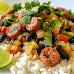 - 1 cup long-grain rice - 1 can (15 oz) black beans, drained and rinsed - 2 smoked turkey sausages, sliced Long-grain rice is perfect for this dish. It cooks well and stays fluffy. Black beans add creaminess and protein. You can use canned beans for ease. Smoked turkey sausages give a nice flavor and texture. Feel free to swap them for other sausages you love. - 1 teaspoon ground cumin - 1 teaspoon smoked paprika - 1/2 teaspoon cayenne pepper (adjust to taste) Spices are key to flavor. Ground cumin adds warmth and earthiness. Smoked paprika gives a rich, smoky taste. Cayenne pepper adds a little heat. Adjust the cayenne to suit your taste. You can make it mild or spicy. - 1 medium onion, chopped - 2 cloves garlic, minced - 1 bell pepper (red or green), diced - Fresh cilantro for garnish - Lime wedges for serving Fresh ingredients bring color and taste. Onions and garlic add depth and aroma. Bell peppers add crunch and sweetness. Cilantro gives a fresh finish. Lime wedges add a bright, zesty touch. Using fresh produce makes this dish more vibrant and tasty. {{ingredient_image_1}} - First, pour 2 cups of vegetable broth into a medium saucepan. - Heat the broth until it boils. - Add 1 cup of long-grain rice to the boiling broth. - Stir the rice once and reduce the heat to low. - Cover the saucepan and let it simmer for 15 to 20 minutes. - Check that the liquid is absorbed and the rice is fluffy. - Remove the rice from heat and let it sit for 5 minutes with the lid on. - In a large skillet, add 1 tablespoon of olive oil and heat it. - Once the oil is hot, add the sliced smoked turkey sausages. - Cook the sausages until they are browned, about 4 to 5 minutes. - Remove the sausages from the skillet and set them aside on a plate. - In the same skillet, add the chopped onion, minced garlic, and diced bell pepper. - Cook the vegetables for about 5 minutes, stirring often. - You want the onion to turn soft and see-through. - Next, sprinkle in 1 teaspoon of ground cumin, 1 teaspoon of smoked paprika, and 1/2 teaspoon of cayenne pepper. - Stir well to mix the spices with the vegetables. - Add 1 can of black beans, drained and rinsed, along with the browned sausage. - Mix everything together and cook for another 3 to 4 minutes. - Ensure the mixture is heated well before serving. To make this dish shine, you can adjust the spice levels. If you like it spicy, add more cayenne pepper. For less heat, use a smaller amount. Taste as you go, and find what suits you best. Ensuring fluffy rice is key. After cooking, let it sit covered for five minutes. This helps the rice absorb steam. When it’s time to serve, fluff it gently with a fork. This will keep it light and fluffy. You can make this dish ahead of time. Cook the rice and sausage mixture earlier in the day. Just reheat when you are ready to eat. This makes busy days easier. For storing leftovers, place them in an airtight container. You can keep them in the fridge for up to three days. When reheating, add a splash of broth to keep it moist. This dish pairs well with a simple salad. A fresh green salad adds a nice crunch. You can also serve it with cornbread for a comforting meal. For garnishing ideas, sprinkle fresh cilantro on top. You can also add lime wedges for that tangy kick. These small touches make the meal look and taste fantastic. Pro Tips Cook Rice with Broth: Using vegetable broth instead of water adds depth of flavor to the rice, enhancing the overall taste of the dish. Choose Quality Sausages: Opt for high-quality smoked turkey sausages for better flavor and texture; look for ones with minimal additives. Adjust Spice Levels: The cayenne pepper can be adjusted according to your heat preference; taste the mixture before serving to find the perfect balance. Garnish for Freshness: Fresh cilantro and lime not only add color but also a refreshing taste that brightens the dish, so don't skip this step! {{image_2}} You can change up the beans in this dish. Instead of black beans, try pinto or kidney beans. They add a different taste and texture. Each type of bean brings its own charm to the meal. For the sausage, consider using chicken or pork sausage. You can even use a spicy sausage for a kick. This simple swap can really change the flavor. If you want a vegetarian version, skip the sausage. You can add more beans or some tofu for protein. This keeps it filling and tasty. For a vegan option, use plant-based sausage. This allows you to enjoy the same flavors without animal products. You can also use vegetable broth instead of chicken broth. If you're watching carbs, use cauliflower rice instead of regular rice. This will keep the dish light but still very filling. To give your meal a smoky flavor, add chipotle peppers. You can use chipotle in adobo sauce for a rich taste. Just a little can make a big difference. You can also add tropical fruits, like pineapple. Chopped pineapple adds sweetness that pairs well with the spices. This twist brings a fun, fresh vibe to the dish. To cool and store leftovers, let the dish reach room temperature. Then, place it in an airtight container. This will keep it fresh longer. I recommend using glass or BPA-free plastic containers. They help prevent spills and keep odors in check. You can store it in the fridge for up to four days. To freeze the dish, let it cool completely. Portion it into freezer-safe bags or containers. Be sure to remove as much air as possible. Label them with the date and contents. For defrosting, place the container in the fridge overnight. When ready to reheat, warm it on the stove or in the microwave until hot. In the fridge, Black Beans and Rice with Sausage lasts about four days. If you freeze it, it can last up to three months. Watch for signs of spoilage, like a sour smell or mold. If you see either, it's best to throw it away. Your health is important! It takes about 10 minutes to prep and 25 minutes to cook. You will spend around 35 minutes from start to finish. The rice cooks for 15 to 20 minutes. While it simmers, you can sauté the sausage and veggies. This timing makes it a quick meal option. Yes, you can use canned black beans. They save time and are very convenient. Just rinse and drain them before adding to the dish. Canned beans are already cooked, so they heat up quickly. This helps cut down on cooking time. For best flavor, choose low-sodium options. You can serve this dish with a variety of sides. A fresh salad pairs well and adds a nice crunch. Cornbread is another great choice for a comforting meal. You can also add sliced avocado for creaminess. Try a simple salsa for extra flavor. These sides enhance the meal and bring different textures. This blog post covers the essential parts of making a delicious dish with black beans and rice. I shared the key ingredients you need, like long-grain rice and spices, plus step-by-step cooking instructions. You’ll also find tips for perfecting and storing your meal. Remember, you can make this dish your own by swapping ingredients and trying new flavors. Enjoy experimenting with different variations to keep things fun in the kitchen. Whatever you choose, this dish is sure to satisfy!