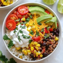 - 1 cup jasmine rice - 1 pound ground beef or turkey - 1 tablespoon olive oil - 1 packet taco seasoning - 1 cup black beans, rinsed and drained - 1 cup corn kernels - 1 cup cherry tomatoes, halved - 1 avocado, diced - ½ cup shredded cheese (cheddar or Mexican blend) - ¼ cup sour cream - ¼ cup fresh cilantro, chopped - Lime wedges, for serving - Salt and pepper to taste If you want to skip meat, try using lentils or mushrooms. These provide protein and taste great. For gluten-free options, use gluten-free taco seasoning and ensure your beans are pure. Quinoa can replace rice for a fun twist. For a bolder taste, add cumin or smoked paprika. These spices boost flavor without much effort. If you want to try new brands, look for organic taco seasonings. They often have cleaner ingredients. You can also adjust spice levels by adding chili powder or cayenne pepper. {{ingredient_image_1}} First, rinse the jasmine rice. Use cold water until it runs clear. This step removes extra starch. Next, put the rice in a medium pot. Add 2 cups of water and a pinch of salt. Bring it to a boil over high heat. Then, lower the heat to low. Cover the pot and let it simmer for 15 minutes. After this time, the rice will be tender. Take it off the heat and let it sit, covered, for 5 more minutes. Fluff the rice with a fork before serving. In a large skillet, heat 1 tablespoon of olive oil over medium heat. Add the ground beef or turkey. Cook it for about 5 to 7 minutes. Break the meat apart with a spoon as it cooks. It should turn brown all over. If there is excess fat, drain it properly. This step helps keep your meal healthy and tasty. Now, it’s time to add flavor. Sprinkle the taco seasoning over the cooked meat. Pour in ½ cup of water and stir well. Let the mixture simmer for 5 minutes. This helps the meat soak up the seasoning. In four bowls, start with a base of jasmine rice. Top each bowl with equal amounts of seasoned meat, black beans, corn, halved cherry tomatoes, diced avocado, and shredded cheese. Finish each bowl with a drizzle of sour cream and a sprinkle of fresh cilantro. Serve lime wedges on the side for an extra burst of flavor. Enjoy your taco rice bowls! To make great rice, use the right water to rice ratio. For jasmine rice, use two cups of water for one cup of rice. This will give you fluffy rice. After cooking, let it rest for five minutes. Fluff the rice with a fork to separate the grains. This keeps the rice light and airy. To boost the meat flavor, try adding garlic powder, onion powder, or smoked paprika. These spices bring depth to your dish. When cooking, choose sautéing over boiling. Sautéing gives meat a nice brown crust. This crust adds a lot of flavor to your taco rice bowls. For serving, use colorful bowls to make your meal pop. Layer the ingredients in the bowls for a nice look. You can also serve taco rice bowls family-style. Place all the ingredients on a table and let everyone build their own bowl. This makes dinner fun and engaging for everyone! Pro Tips Perfectly Fluffy Rice: Rinse your jasmine rice thoroughly to remove excess starch. This will help achieve a fluffier texture once cooked. Meat Alternatives: If you're looking for a healthier option, ground turkey or chicken can be used instead of beef, while still providing great flavor. Customizable Bowls: Encourage everyone to personalize their bowls with their favorite toppings like jalapeños, salsa, or different types of cheese. Fresh Ingredients: Use ripe avocados and fresh cilantro for the best flavor. This will elevate the taste of the entire dish! {{image_2}} You can easily make taco rice bowls vegetarian. Use plant-based meat like lentils or soy crumbles. These options bring good texture and taste. For toppings, think about using grilled peppers, zucchini, and mushrooms. Adding black beans and corn keeps the flavor strong. Don’t forget fresh avocado and diced tomatoes for extra freshness! To make your taco rice bowls vegan, swap out dairy products. Use dairy-free cheese and sour cream. They melt and taste great, just like the real thing. Add more veggie toppings, like roasted sweet potatoes or chickpeas. These will boost protein and flavor. You can even sprinkle some nutritional yeast for a cheesy taste! Taco rice bowls can change based on different cuisines. For a spicy twist, try adding jalapeños or hot sauce. You can also make a Greek version with feta, olives, and tzatziki. If you prefer mild flavors, use sweet corn and mild cheese. The options are endless, and you can mix and match! To store leftovers, let the taco rice bowls cool first. Place them in an airtight container. You can keep them in the fridge for up to three days. When ready to eat, just reheat in the microwave. The shelf life of taco rice bowls is short. They taste best when fresh, but they still work well for a few days. You can freeze individual components for later use. Cooked rice, seasoned meat, and beans freeze well. Just make sure they are cooled before you freeze them. Use freezer bags for easier storage. When it’s time to eat, thaw overnight in the fridge. Reheat in the microwave or on the stove until hot. To make taco rice bowls ahead of time, cook the rice and meat in batches. Store them separately in the fridge. This way, you can mix and match throughout the week. For easy meal assembly, keep toppings like cheese and avocado ready to go. Just add them fresh when you are ready to serve. This saves time and keeps your meals fresh and tasty. To make taco rice bowls gluten-free, swap the taco seasoning with a gluten-free brand. Look for mixes that use corn starch instead of wheat flour. You can also make your own by blending spices like cumin, paprika, and garlic powder. Ensure other ingredients, like canned beans and corn, are labeled gluten-free. Always check labels for cross-contamination. Yes, you can make taco rice bowls ahead of time. Cook the rice and meat and store them separately in airtight containers. Keep the toppings fresh by storing them in the fridge. When you're ready to eat, simply heat the meat and rice in the microwave. This keeps everything tasty and fresh. You can get creative with toppings for taco rice bowls. Try adding sliced jalapeños for heat, or pickled onions for tang. Fresh corn salsa adds crunch. You can also use different types of cheese, like queso fresco. For a refreshing touch, consider diced cucumbers or a dollop of guacamole. Enjoy mixing and matching! In this blog post, we covered how to create delicious taco rice bowls. We discussed key ingredients, substitutions for different diets, and cooking tips. You can enjoy savory flavors while tailoring the dish to your taste. Whether you prefer meat, go vegetarian, or embrace vegan options, there are plenty of choices. Remember to store leftovers correctly for later meals. I hope you feel inspired to cook and share these tasty bowls with family and friends! Enjoy your culinary adventure.