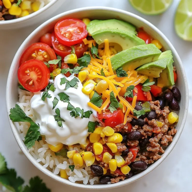 - 1 cup jasmine rice - 1 pound ground beef or turkey - 1 tablespoon olive oil - 1 packet taco seasoning - 1 cup black beans, rinsed and drained - 1 cup corn kernels - 1 cup cherry tomatoes, halved - 1 avocado, diced - ½ cup shredded cheese (cheddar or Mexican blend) - ¼ cup sour cream - ¼ cup fresh cilantro, chopped - Lime wedges, for serving - Salt and pepper to taste If you want to skip meat, try using lentils or mushrooms. These provide protein and taste great. For gluten-free options, use gluten-free taco seasoning and ensure your beans are pure. Quinoa can replace rice for a fun twist. For a bolder taste, add cumin or smoked paprika. These spices boost flavor without much effort. If you want to try new brands, look for organic taco seasonings. They often have cleaner ingredients. You can also adjust spice levels by adding chili powder or cayenne pepper. {{ingredient_image_1}} First, rinse the jasmine rice. Use cold water until it runs clear. This step removes extra starch. Next, put the rice in a medium pot. Add 2 cups of water and a pinch of salt. Bring it to a boil over high heat. Then, lower the heat to low. Cover the pot and let it simmer for 15 minutes. After this time, the rice will be tender. Take it off the heat and let it sit, covered, for 5 more minutes. Fluff the rice with a fork before serving. In a large skillet, heat 1 tablespoon of olive oil over medium heat. Add the ground beef or turkey. Cook it for about 5 to 7 minutes. Break the meat apart with a spoon as it cooks. It should turn brown all over. If there is excess fat, drain it properly. This step helps keep your meal healthy and tasty. Now, it’s time to add flavor. Sprinkle the taco seasoning over the cooked meat. Pour in ½ cup of water and stir well. Let the mixture simmer for 5 minutes. This helps the meat soak up the seasoning. In four bowls, start with a base of jasmine rice. Top each bowl with equal amounts of seasoned meat, black beans, corn, halved cherry tomatoes, diced avocado, and shredded cheese. Finish each bowl with a drizzle of sour cream and a sprinkle of fresh cilantro. Serve lime wedges on the side for an extra burst of flavor. Enjoy your taco rice bowls! To make great rice, use the right water to rice ratio. For jasmine rice, use two cups of water for one cup of rice. This will give you fluffy rice. After cooking, let it rest for five minutes. Fluff the rice with a fork to separate the grains. This keeps the rice light and airy. To boost the meat flavor, try adding garlic powder, onion powder, or smoked paprika. These spices bring depth to your dish. When cooking, choose sautéing over boiling. Sautéing gives meat a nice brown crust. This crust adds a lot of flavor to your taco rice bowls. For serving, use colorful bowls to make your meal pop. Layer the ingredients in the bowls for a nice look. You can also serve taco rice bowls family-style. Place all the ingredients on a table and let everyone build their own bowl. This makes dinner fun and engaging for everyone! Pro Tips Perfectly Fluffy Rice: Rinse your jasmine rice thoroughly to remove excess starch. This will help achieve a fluffier texture once cooked. Meat Alternatives: If you're looking for a healthier option, ground turkey or chicken can be used instead of beef, while still providing great flavor. Customizable Bowls: Encourage everyone to personalize their bowls with their favorite toppings like jalapeños, salsa, or different types of cheese. Fresh Ingredients: Use ripe avocados and fresh cilantro for the best flavor. This will elevate the taste of the entire dish! {{image_2}} You can easily make taco rice bowls vegetarian. Use plant-based meat like lentils or soy crumbles. These options bring good texture and taste. For toppings, think about using grilled peppers, zucchini, and mushrooms. Adding black beans and corn keeps the flavor strong. Don’t forget fresh avocado and diced tomatoes for extra freshness! To make your taco rice bowls vegan, swap out dairy products. Use dairy-free cheese and sour cream. They melt and taste great, just like the real thing. Add more veggie toppings, like roasted sweet potatoes or chickpeas. These will boost protein and flavor. You can even sprinkle some nutritional yeast for a cheesy taste! Taco rice bowls can change based on different cuisines. For a spicy twist, try adding jalapeños or hot sauce. You can also make a Greek version with feta, olives, and tzatziki. If you prefer mild flavors, use sweet corn and mild cheese. The options are endless, and you can mix and match! To store leftovers, let the taco rice bowls cool first. Place them in an airtight container. You can keep them in the fridge for up to three days. When ready to eat, just reheat in the microwave. The shelf life of taco rice bowls is short. They taste best when fresh, but they still work well for a few days. You can freeze individual components for later use. Cooked rice, seasoned meat, and beans freeze well. Just make sure they are cooled before you freeze them. Use freezer bags for easier storage. When it’s time to eat, thaw overnight in the fridge. Reheat in the microwave or on the stove until hot. To make taco rice bowls ahead of time, cook the rice and meat in batches. Store them separately in the fridge. This way, you can mix and match throughout the week. For easy meal assembly, keep toppings like cheese and avocado ready to go. Just add them fresh when you are ready to serve. This saves time and keeps your meals fresh and tasty. To make taco rice bowls gluten-free, swap the taco seasoning with a gluten-free brand. Look for mixes that use corn starch instead of wheat flour. You can also make your own by blending spices like cumin, paprika, and garlic powder. Ensure other ingredients, like canned beans and corn, are labeled gluten-free. Always check labels for cross-contamination. Yes, you can make taco rice bowls ahead of time. Cook the rice and meat and store them separately in airtight containers. Keep the toppings fresh by storing them in the fridge. When you're ready to eat, simply heat the meat and rice in the microwave. This keeps everything tasty and fresh. You can get creative with toppings for taco rice bowls. Try adding sliced jalapeños for heat, or pickled onions for tang. Fresh corn salsa adds crunch. You can also use different types of cheese, like queso fresco. For a refreshing touch, consider diced cucumbers or a dollop of guacamole. Enjoy mixing and matching! In this blog post, we covered how to create delicious taco rice bowls. We discussed key ingredients, substitutions for different diets, and cooking tips. You can enjoy savory flavors while tailoring the dish to your taste. Whether you prefer meat, go vegetarian, or embrace vegan options, there are plenty of choices. Remember to store leftovers correctly for later meals. I hope you feel inspired to cook and share these tasty bowls with family and friends! Enjoy your culinary adventure.