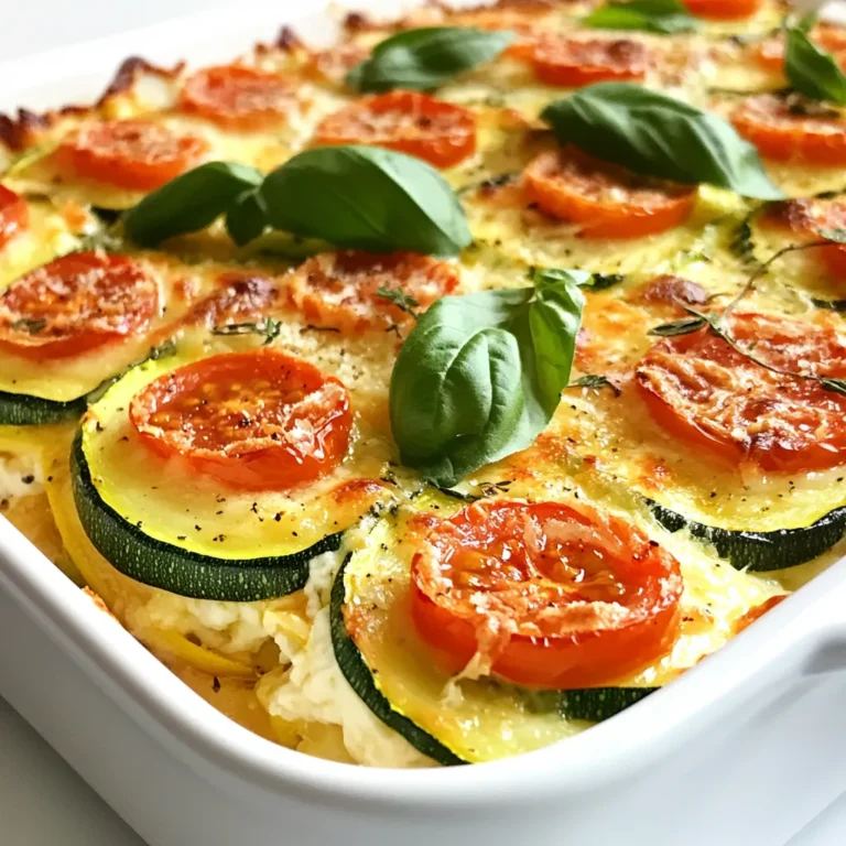 - 2 cups cooked chicken, shredded - 1 cup mozzarella cheese, shredded - ½ cup parmesan cheese, grated - 1 cup ricotta cheese - 4 medium zucchinis, sliced - 1 cup cherry tomatoes, halved - 1 teaspoon garlic powder - 1 teaspoon Italian seasoning - Salt and pepper to taste - 2 tablespoons olive oil I love using these simple, fresh ingredients for my Chicken Zucchini Bake. The dish starts with tender chicken and rich cheeses that melt beautifully. You can shred leftover chicken or cook fresh chicken. It saves time and tastes great. Next, we have the zucchinis. They add a lovely crunch and flavor to the bake. I slice them thinly to ensure they cook evenly. Cherry tomatoes give a burst of sweetness. Their juicy flavor pairs well with the creamy cheeses. For the seasonings, garlic powder and Italian seasoning bring out the best in this dish. A pinch of salt and pepper rounds it out. Olive oil helps sauté the zucchini, making them tender and flavorful. Using fresh ingredients makes a big difference in taste. Trust me; this bake will warm your heart! {{ingredient_image_1}} - Preheat your oven to 375°F (190°C). - In a large skillet, add two tablespoons of olive oil. Heat over medium. - Add four sliced zucchinis to the skillet. Sauté for about 5-7 minutes until soft. - Season your zucchini with one teaspoon of garlic powder, one teaspoon of Italian seasoning, salt, and pepper. Mix well and remove from heat. - In a baking dish, layer the sautéed zucchini evenly on the bottom. - In a mixing bowl, combine two cups of shredded cooked chicken, one cup of ricotta cheese, half a cup of mozzarella cheese, and half a cup of parmesan cheese. - Mix this chicken and cheese blend until fully combined. - Spread the chicken and cheese mixture over the zucchini layer. - Top with one cup of halved cherry tomatoes. Sprinkle the remaining mozzarella and parmesan cheese on top. - Cover your baking dish with aluminum foil. Bake in the preheated oven for 25 minutes. - After 25 minutes, remove the foil. Bake for an additional 10-15 minutes. Look for bubbly, golden cheese on top. To make your Chicken Zucchini Bake perfect, start with fully cooked chicken. Cooked chicken shreds easily and mixes well with cheese. Fresh mozzarella is key for a great melt. It makes the dish creamy and rich. Using fresh cheese enhances both taste and texture. Want to spice things up? Add crushed red pepper for heat. It brings a nice kick to the dish. You can also try different cheeses for variety. Cheddar or gouda can change the flavor profile completely. Mixing cheeses can make the bake even more exciting. A dish looks more inviting when it’s pretty. Use fresh basil leaves for a bright garnish. They add a pop of color and a hint of flavor. Serving in individual portions also looks stylish. It makes each serving special and easy to enjoy. Pro Tips Choose Fresh Zucchini: Select firm and bright green zucchinis for the best flavor and texture in your bake. Cook Chicken Ahead: Using leftover or rotisserie chicken can save time and enhance the dish’s flavor. Experiment with Cheeses: Feel free to mix in other cheeses like cheddar or feta for a unique twist on the classic flavor. Rest Before Serving: Allow the bake to sit for a few minutes after baking to help it set and make serving easier. {{image_2}} You can easily make this dish vegetarian. Simply swap out the chicken for sautéed mushrooms or tofu. Mushrooms add a rich umami flavor, while tofu provides a nice texture. Both choices keep the dish hearty and satisfying. Just sauté the mushrooms or tofu until golden before mixing them with the cheese. If you want a low-carb option, use eggplant instead of zucchini. Slice the eggplant thin and treat it the same way you would zucchini. Eggplant soaks up flavor well and keeps the dish filling. Just remember to salt the slices and let them sit for a bit to draw out extra moisture. Cheese can change the taste of this bake. Try using goat cheese or feta for a tangy twist. These cheeses add a unique flavor that pairs well with the other ingredients. You can mix them in or sprinkle them on top for a fun surprise in every bite. Store your Chicken Zucchini Bake in an airtight container. It stays fresh for up to 3 days. This way, you can enjoy it later without losing flavor. For longer storage, freeze the bake in portions. This makes it easy to reheat later. You can wrap each portion in plastic wrap and place it in a freezer bag. It will keep well for about 2 months. When you're ready to eat, reheat the bake in the oven. This method helps keep the cheese bubbly and the zucchini tender. Preheat the oven to 350°F (175°C) and bake for about 20 minutes. You’ll love the taste as if it just came out of the oven! It's recommended to use cooked chicken for best results. Raw chicken will not cook fully in the oven. Using cooked chicken saves time and ensures safety. You can use rotisserie chicken or leftovers for great taste. Pair with a side salad or garlic bread. A fresh salad adds crunch and color. Garlic bread offers a tasty, buttery side. Both options balance the creamy bake well. Look for bubbly, golden cheese and tender zucchini. The cheese should melt and brown nicely. You can also poke a zucchini slice to check for tenderness. This shows the bake is ready to enjoy! This blog post covers a simple yet delicious Chicken Zucchini Bake. You learned about the key ingredients, including chicken, cheese, and fresh veggies. I shared easy preparation steps and useful tips to make it perfect. You can even try variations, like vegetarian or low-carb options. In the end, this dish is tasty, flexible, and great for any meal. Enjoy cooking and sharing this delightful meal!