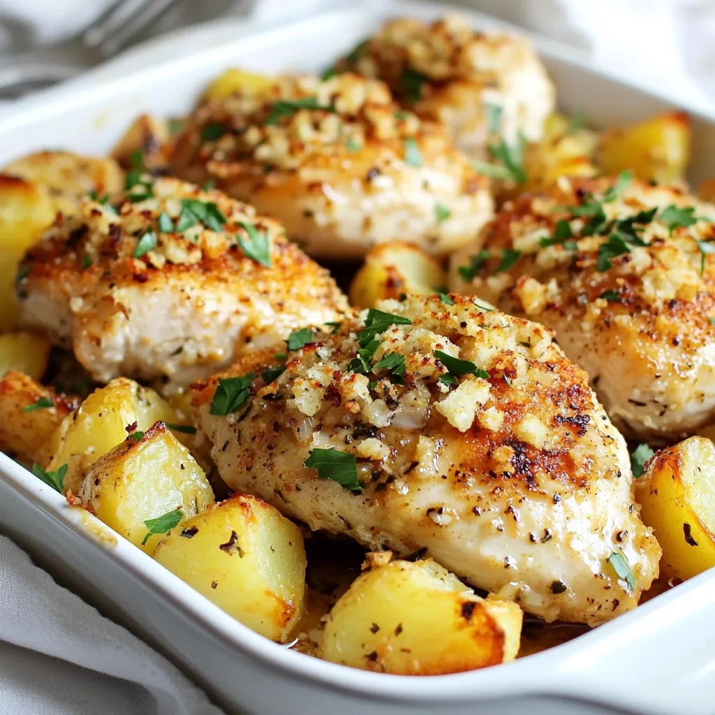 - 4 boneless, skinless chicken breasts - 4 medium-sized potatoes, diced into 1-inch cubes - 6 cloves garlic, minced - 1 cup grated Parmesan cheese - 1/2 cup plain breadcrumbs - 1/4 cup olive oil - 1 tablespoon fresh rosemary, chopped (or 1 teaspoon dried) - 1 teaspoon dried thyme - 1 teaspoon paprika - Salt and pepper to taste - Fresh parsley for garnish (optional) To create this delightful dish, gather these fresh ingredients. The chicken and potatoes are the stars here. The garlic adds great flavor, while Parmesan gives a rich taste. Breadcrumbs help create a crispy coat. Fresh herbs like rosemary and thyme bring a nice aroma. Don't forget salt and pepper for seasoning. Before starting, wash your potatoes and chicken. Dice the potatoes into even cubes for uniform cooking. Mince the garlic finely to spread that wonderful taste. With these ingredients ready, you’ll set the stage for a delicious meal that everyone will love. {{ingredient_image_1}} First, set your oven to 400°F (200°C). This temperature helps the chicken cook through and brown nicely. An even heat is key. Make sure the oven is fully heated before you bake. In a bowl, mix minced garlic, olive oil, rosemary, thyme, paprika, salt, and pepper. This blend adds great flavor to the chicken. Place the chicken breasts in the bowl, and coat them well with the mixture. Make sure each piece is covered. Take another bowl and toss diced potatoes with olive oil, salt, and pepper. Add half of the Parmesan cheese here. This helps the potatoes get a tasty crust. Stir until all pieces are well-coated for even flavor. In a shallow dish, mix the remaining Parmesan cheese with breadcrumbs. Now, take each coated chicken breast and press it into the breadcrumb mix. Ensure you cover each piece evenly. This step gives the chicken a nice, crispy texture. Grab a large baking dish. Place the chicken breasts in the center. Surround them with the seasoned potatoes. Keep some space between the chicken and potatoes for even cooking. This layout helps everything cook well. Now, place the baking dish in the hot oven. Bake for 25-30 minutes. Check the chicken and potatoes. They should be golden and cooked through. A meat thermometer can help. Chicken should reach 165°F (75°C). - Ideal cooking temperatures: Cook chicken at 400°F (200°C). This keeps it juicy and tender. - How to prevent overcooking: Use a meat thermometer. Aim for an internal temperature of 165°F (74°C). Remove it from the oven once it reaches this point. - Additional spices and herbs to try: You can add garlic powder, onion powder, or even a dash of cayenne for heat. Fresh basil or parsley also works great. - Suggestions for marinades: A mix of lemon juice, olive oil, and herbs adds a lovely zing. Marinade for at least 30 minutes for the best flavor. - Tips for crispy vs. soft potatoes: For crispy potatoes, cut them smaller and add more oil. For softer potatoes, keep them larger and reduce oil. - Choosing the right type of potato: Use Yukon Gold or red potatoes for a creamy texture. Russet potatoes are great for crispiness. Pro Tips Choose the Right Chicken: Use fresh, high-quality chicken breasts for the best flavor and texture. Even Potato Sizes: Cut your potatoes into uniform 1-inch cubes to ensure they cook evenly alongside the chicken. Breadcrumb Coating: For extra crunch, consider using panko breadcrumbs instead of regular breadcrumbs. Rest Before Serving: Allow the dish to rest for a few minutes after baking; this helps lock in flavors and moisture. {{image_2}} You can make this dish even better by adding vegetables. Try using: - Carrots, diced - Broccoli florets - Bell peppers, sliced - Green beans These veggies add color and nutrients. Cook them for about 15-20 minutes. Keep an eye on them. You want them tender but not mushy. Add them to the baking dish at the same time as the potatoes. If you want to switch things up, use other proteins. You can try: - Turkey cutlets - Pork chops - Firm tofu for a vegetarian option Adjust cooking times based on the protein you choose. Turkey may take a bit longer, while tofu cooks faster. Always check that your protein is cooked fully before serving. There are also ways to modify this dish for special diets. For gluten-free options, use gluten-free breadcrumbs. If you want a vegan version, replace the chicken and cheese with chickpeas and nutritional yeast. Both adjustments keep the flavors nice and tasty while meeting dietary needs. Store any leftovers in an airtight container. This keeps them fresh and safe. The dish lasts up to three days in the fridge. Always cool it down before sealing the container. To freeze, place the cooled dish in a freezer-safe bag. Remove as much air as possible to prevent freezer burn. You can store it for up to three months. When ready to eat, thaw it overnight in the fridge. To maintain flavor and texture, reheat in the oven at 350°F (175°C). This helps keep the chicken moist and the potatoes crispy. You can also microwave it, but be cautious not to overcook. Always check the dish is hot all the way through. It takes about 40 minutes to cook Garlic Parmesan Chicken and Potatoes. Here’s the breakdown: - Prep Time: 15 minutes - Cooking Time: 25-30 minutes You can prepare the chicken and potatoes while the oven heats. This way, you save time. Yes, you can use frozen chicken. However, it requires extra cooking time. Make sure to check the internal temperature. Chicken should reach 165°F (75°C). If you cook from frozen, add about 10-15 minutes to the total cooking time. Here are some great side dishes to serve: - Steamed broccoli - Mixed green salad - Roasted carrots - Garlic bread These dishes balance the flavors and add more colors to your plate. You can prep Garlic Parmesan Chicken and Potatoes ahead of time. Here are some tips: - Marinate the chicken: Coat it with the garlic mixture and store in the fridge. - Prep the potatoes: Toss them with oil and seasoning, then cover and chill. You can cook it the next day. Just remember to let it sit at room temperature for about 15 minutes before baking. You now have a great recipe for Garlic Parmesan Chicken and Potatoes. We covered the best ingredients, from chicken to garlic. I shared easy steps for cooking and gave tips for juiciness and flavor. You can even switch up the dish with veggies or different meats. Remember, good storage helps keep your leftovers fresh. This recipe is simple, tasty, and perfect for any meal. Enjoy making it, and don’t hesitate to experiment with your own ideas!
