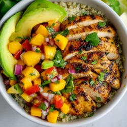 - 2 boneless, skinless chicken breasts - 2 tablespoons jerk seasoning - 1 tablespoon olive oil - 1 cup quinoa, rinsed - 2 cups chicken broth (or water) To make jerk chicken, you need chicken breasts and jerk seasoning. Jerk seasoning has spices like allspice, thyme, and pepper. It gives the chicken a spicy and smoky flavor. Olive oil helps the seasoning stick and keeps the chicken moist. Rinsed quinoa cooks fluffy and adds a nutty taste. - 1 ripe mango, diced - 1 red bell pepper, diced - 1/2 red onion, finely chopped - 1 jalapeño, deseeded and minced - 1/4 cup fresh cilantro, chopped - 2 tablespoons lime juice - Salt and pepper to taste Mango salsa adds freshness to the dish. The ripe mango gives sweetness. Red bell pepper adds crunch and color. Red onion provides a sharp taste, while jalapeño adds heat. Fresh cilantro, lime juice, and salt balance the flavors. Toss these together for a zesty mix. - 1 avocado, sliced (for topping) - Lime wedges (for garnish) Avocado brings creaminess to the bowl. Lime wedges enhance the dish's brightness. Both toppings make your meal more appealing and delicious. Enjoy customizing your bowl! {{ingredient_image_1}} Start by preheating your grill or grill pan over medium-high heat. This helps achieve a nice char. In a small bowl, mix the jerk seasoning with olive oil. Coat the chicken breasts well with this mixture. Make sure every part is covered. Place the chicken on the grill. Cook for about 6-7 minutes on each side. The chicken should reach 165°F (75°C) inside. After cooking, let it rest for a few minutes before slicing. This keeps it juicy. While the chicken cooks, let’s prepare the quinoa. In a medium saucepan, bring chicken broth or water to a boil. Rinse the quinoa before adding it to the boiling liquid. Once added, reduce the heat to low. Cover the saucepan and let it simmer for about 15 minutes. This will make the quinoa fluffy. After 15 minutes, check to ensure all the liquid is absorbed. Fluff it with a fork to separate the grains. Now, let’s make the mango salsa. In a large bowl, combine the diced mango, red bell pepper, red onion, jalapeño, and fresh cilantro. Squeeze in the lime juice, then add a pinch of salt and pepper. Toss everything gently to mix. This salsa adds a fresh and zesty flavor to your bowls. It’s time to assemble your bowls! Start by placing a generous scoop of quinoa at the bottom of each bowl. Next, add slices of jerk chicken on top. Then, pile on a generous serving of mango salsa. This creates a colorful and tasty dish. Finally, garnish each bowl with sliced avocado and a lime wedge. This adds extra flavor and looks beautiful. Enjoy your vibrant and tasty meal! Grilling the chicken right makes a big difference. Start with a hot grill. Preheat it to medium-high heat. This helps to sear the chicken well. Searing locks in juices and keeps the meat tender. Coat the chicken evenly with olive oil and jerk seasoning. This adds flavor and helps it not stick. Grill each side for 6-7 minutes. Check the internal temperature; it should reach 165°F (75°C). Let the chicken rest after grilling. This allows the juices to settle, making your slices juicy and tasty. To cook fluffy quinoa, rinse it well first. Rinsing removes the bitter outer coating. In a medium pot, bring chicken broth or water to a boil. Add the rinsed quinoa, then reduce the heat. Cover the pot and let it simmer for about 15 minutes. Avoid lifting the lid while cooking; this keeps the steam in. When done, fluff the quinoa with a fork. This will make it light and airy, perfect for your bowls. Marinades are key for great flavor. The jerk seasoning adds spice and depth to your chicken. You can marinate the chicken for a few hours or overnight. This gives the flavors time to soak in. If you want to get creative, try adding lime juice or garlic to the marinade. These ingredients boost the taste even more. Remember, the longer you marinate, the better the flavor. This makes your jerk chicken unforgettable. Pro Tips Marinate for More Flavor: Let the chicken marinate in the jerk seasoning and olive oil for at least an hour or overnight for deeper flavor penetration. Perfectly Cooked Quinoa: To ensure quinoa is perfectly fluffy, remember to rinse it thoroughly before cooking to remove its natural coating, which can make it taste bitter. Customize Your Salsa: Feel free to add other ingredients to your mango salsa like diced cucumber or corn for extra texture and flavor. Serving Suggestions: For a heartier meal, serve the bowls with roasted sweet potatoes or black beans for added nutrition and flavor. {{image_2}} If you want to switch the chicken, consider using turkey. It cooks similarly and absorbs flavors well. You can also use firm tofu. Simply press it to remove excess water. Then, marinate it with jerk seasoning. Grill it just like chicken for a tasty dish. For a vegan option, try using jackfruit. It has a meaty texture and soaks up flavors nicely. Shred it after cooking to mimic pulled chicken. Cauliflower is another great choice. Roast it with jerk seasoning for a spicy, crunchy bite. You can mix up the salsa for variety. Try adding pineapple for a sweet twist. You can also use diced tomatoes for a classic flavor. For a spicier kick, add more jalapeños or some diced habaneros. Explore different herbs too, like mint or basil, for a fresh taste. To store leftovers, let the jerk chicken and mango salsa cool down. Place them in airtight containers. Keep the chicken and salsa separate to maintain freshness. Store them in the fridge for up to three days. If you have quinoa left, store it in a separate container as well. When you are ready to eat leftovers, take them out of the fridge. For the chicken, reheat it in the oven at 350°F for about 10-15 minutes. You can also use a microwave; just heat it in short bursts to avoid drying it out. For quinoa, add a splash of water before reheating to keep it moist. Mango salsa is best served cold, so enjoy it straight from the fridge! You can freeze jerk chicken for up to three months. Wrap it well in plastic wrap and then foil. You can freeze quinoa too; it lasts about two months. However, mango salsa does not freeze well. The texture changes after thawing. It’s best to make fresh salsa when you want to enjoy your bowls again. Jerk seasoning is a mix of bold spices. It often contains allspice, thyme, and chili peppers. You may also find garlic, ginger, and scallions in many recipes. This blend gives jerk chicken its spicy and sweet flavor. Each cook may have their own twist, so flavors can vary. Yes, you can prepare parts of this dish ahead of time. You can marinate the chicken with jerk seasoning a day before cooking. Also, you can make the mango salsa a few hours in advance. Just store it in the fridge until you are ready to serve. The quinoa can be cooked ahead as well. To lower the spice in jerk chicken, use less jerk seasoning. You can also remove the seeds from the jalapeño. If you want more heat, add extra jalapeño or use a spicier jerk blend. The mango salsa adds sweetness, which helps balance the heat. Many sides complement jerk chicken mango salsa bowls. A simple green salad pairs nicely. You can also serve rice and beans for extra texture. Grilled vegetables add a lovely touch too. If you want something light, try serving with a lime wedge or avocado slices. We explored how to make jerk chicken mango salsa bowls. First, we covered key ingredients and step-by-step instructions. Then, we shared tips to perfect your dishes and offered variations for different diets. Finally, I provided storage info and answered common questions. With these insights, you can create tasty, fun meals with ease. Enjoy this flavor-packed dish any time!