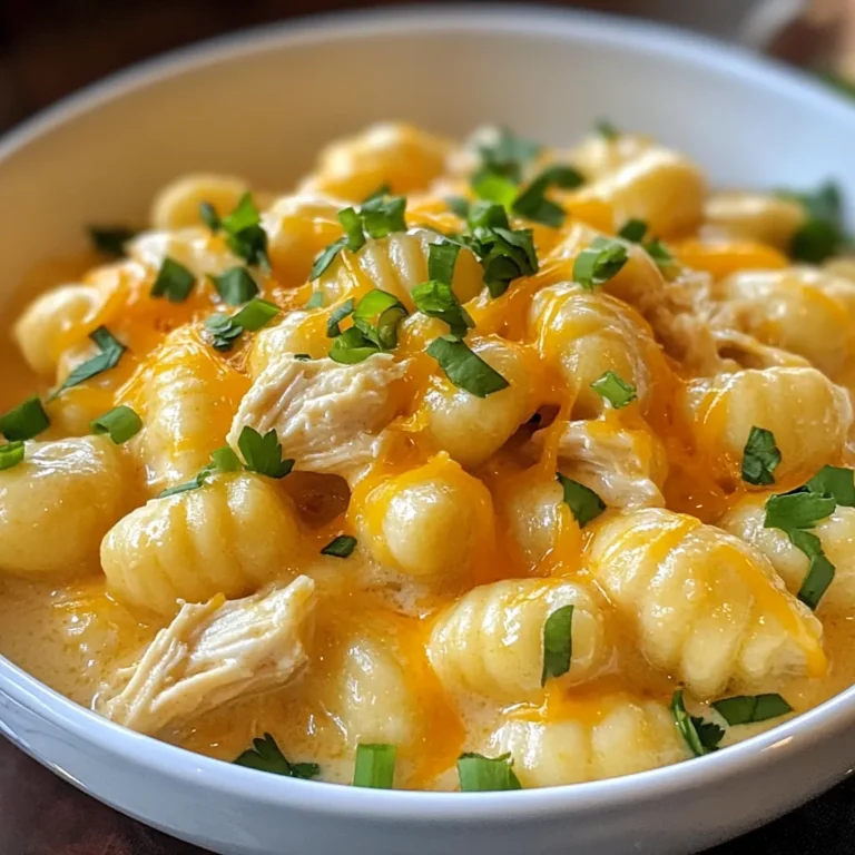 To make Creamy Crack Chicken Gnocchi, gather these key ingredients: - 1 lb gnocchi (store-bought or homemade) - 2 cups cooked chicken, shredded - 4 oz cream cheese, softened - 1 cup chicken broth - 1 cup heavy cream - 1 cup shredded cheddar cheese - 1 teaspoon garlic powder - 1 teaspoon onion powder - 1 teaspoon Italian seasoning - Salt and pepper to taste - 2 green onions, sliced (for garnish) - Fresh parsley, chopped (for garnish) You can customize this dish with some optional ingredients: - Cooked bacon bits for extra flavor - Spinach or kale for added greens - Sun-dried tomatoes for a tangy twist - Different cheese like mozzarella or Parmesan Garnishing adds a nice touch to your dish. Here are some ideas: - Sliced green onions for a fresh crunch - Chopped fresh parsley for color - A sprinkle of red pepper flakes for heat - Grated Parmesan cheese for extra richness {{ingredient_image_1}} To start, boil salted water in a large pot. Once it bubbles, add 1 lb of gnocchi. Cook them until they float to the top, following package instructions. This usually takes just a few minutes. Drain the gnocchi and put them aside for now. In the same pot, keep the heat on medium. Add 2 cups of shredded chicken, 4 oz of softened cream cheese, and 1 cup of chicken broth. Pour in 1 cup of heavy cream too. Stir everything until the cream cheese melts. This creates a rich, creamy base. Next, mix in 1 teaspoon of garlic powder, 1 teaspoon of onion powder, and 1 teaspoon of Italian seasoning. Add salt and pepper to taste. Let it simmer for about 5 minutes, stirring occasionally. Now, it’s time to make it all come together. Gradually stir in 1 cup of shredded cheddar cheese. Keep stirring until it melts and the sauce becomes silky. Gently fold the cooked gnocchi into the creamy chicken sauce. Ensure every piece of gnocchi is coated well. Let it simmer for another 2-3 minutes. Taste it, and adjust the seasonings if needed. Serve the dish hot, garnished with sliced green onions and fresh parsley for a burst of color. - Use fresh or good-quality gnocchi. Homemade is best if you have time. - Cook gnocchi in boiling, salted water. It helps keep the flavor bright. - Watch for the gnocchi to float. This means they are done cooking. - Drain them gently. Avoid crushing the gnocchi to keep them intact. - Start with softened cream cheese. This helps it melt smoothly. - Use full-fat heavy cream. It gives the sauce a rich texture. - Stir the mixture constantly as it cooks. This helps mix the flavors well. - Gradually add cheese, allowing it to melt before adding more. This ensures creaminess. - Don’t rush the melting process. If you heat it too fast, it may curdle. - Avoid overcooking the gnocchi. They can become mushy if left in water too long. - Don’t skip seasoning. Salt and pepper enhance every flavor in the dish. - Always taste as you go. Adjust seasoning to suit your taste. Pro Tips Choose the Right Gnocchi: For the best texture, opt for fresh gnocchi if available, as it will hold up better in the creamy sauce compared to dried varieties. Customize Your Proteins: Feel free to substitute the shredded chicken with rotisserie chicken or even turkey for a different flavor profile. Make it Extra Creamy: Adding a splash of white wine to the sauce can enhance the flavor and creaminess, just let it simmer a bit longer to cook off the alcohol. Adjust Seasonings: Always taste your sauce before serving; you might want to add more salt, pepper, or even a dash of hot sauce for a kick! {{image_2}} You can easily switch up the protein in this dish. Instead of chicken, use turkey or shredded pork. Both options work well and add unique flavors. You can also try using rotisserie chicken for a quick fix. It saves time and still delivers great taste. For a twist, consider diced bacon or sausage for a smoky touch. If you prefer a vegetarian meal, I have great options for you. Replace the chicken with sautéed mushrooms or spinach. Both add depth and nutrition. You can also use chickpeas for a hearty protein source. Just make sure to tweak the seasoning to match your new ingredients. This keeps the flavors rich and exciting. Enhancing flavors is simple with a few fun additions. Try adding sun-dried tomatoes for a tangy kick. Fresh herbs like basil or thyme can brighten the dish. A splash of lemon juice adds freshness too. If you enjoy spice, consider red pepper flakes or jalapeños. Each addition creates a unique twist to the creamy goodness. To store leftovers, let the dish cool down first. Then, place it in an airtight container. This keeps it fresh for up to three days. Make sure to store it in the fridge. Label the container with the date, so you know when you made it. When you're ready to enjoy your leftovers, heat them gently. You can use the stove or microwave. If using the stove, add a splash of chicken broth. This helps keep the sauce creamy. Stir often until it's hot. In the microwave, cover the dish with a lid. Heat in short bursts, stirring in between. You can freeze this dish, but it may change the texture. If you decide to freeze it, use a freezer-safe container. Make sure to leave space for expansion. This meal can last up to three months in the freezer. When ready to eat, thaw it overnight in the fridge before reheating. Yes, you can use frozen gnocchi. Just cook them straight from the freezer. Follow the package instructions for best results. Frozen gnocchi is quick and easy to use. It saves time, and they taste great in this dish. You can make this dish healthier by swapping some ingredients. Use low-fat cream cheese and heavy cream. Replace chicken broth with low-sodium broth. You can add more veggies too. Spinach or broccoli works well and adds nutrients. Creamy Crack Chicken Gnocchi pairs well with a fresh salad. A simple green salad balances the creamy flavors. Garlic bread is another great option. It soaks up the extra sauce perfectly. You can also serve it with steamed vegetables for a complete meal. This blog post covered how to make Creamy Chicken Gnocchi. We discussed the complete ingredient list, cooking steps, and tips for perfect results. You learned about variations, storage, and common questions to help you succeed. Cooking can be fun and easy. Enjoy making this dish your own with different flavors. Keeping these tips in mind will help you create something tasty. Now, gather your ingredients and start cooking!