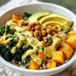 To make the Anti-Inflammatory Glow Bowl, you will need: - 1 cup quinoa, rinsed - 2 cups vegetable broth - 1 cup kale, chopped - 1 cup roasted sweet potatoes, diced - 1/2 cup chickpeas, drained and rinsed - 1/4 cup walnuts, roughly chopped - 1/4 avocado, sliced - 2 tablespoons tahini - 1 tablespoon lemon juice - 1 teaspoon turmeric powder - 1/2 teaspoon ginger powder - 1/2 teaspoon cumin - Salt and pepper to taste - Fresh cilantro for garnish Each ingredient in this bowl offers great health perks. Quinoa is high in protein and fiber. It helps with digestion and keeps you full. Kale is packed with vitamins A, C, and K. It supports your immune system and skin health. Sweet potatoes are rich in beta-carotene. They boost your vision and skin health. Chickpeas add protein and fiber. They help in weight management and heart health. Walnuts are good for your brain. They provide healthy fats. Turmeric is known for its anti-inflammatory properties. Ginger supports digestion and reduces nausea. Cumin aids in digestion and boosts your immune system. Tahini adds creaminess and is high in calcium. Lemon juice adds flavor and vitamin C. Each ingredient works together to make you feel great. When selecting ingredients, freshness is key. Look for quinoa that is plump and free of debris. Choose kale that is dark green and crisp. For sweet potatoes, pick ones that feel heavy for their size. They should have smooth skin without blemishes. When buying chickpeas, opt for those in cans with low sodium. For walnuts, choose raw or lightly roasted ones. They should smell nutty and fresh. For spices, buy from a store with high turnover. Fresh spices have better flavor and health benefits. Always check for organic options when possible. This ensures fewer chemicals in your food. {{ingredient_image_1}} To cook quinoa, start by rinsing it well in water. This removes the bitter coating. In a medium saucepan, mix 1 cup of rinsed quinoa with 2 cups of vegetable broth. Bring the pot to a boil over medium heat. Once it boils, lower the heat to a simmer. Cover the pot with a lid. Let it cook for 15 minutes or until fluffy. When done, remove it from heat. Fluff the quinoa with a fork and set it aside. First, preheat your oven to 400&deg;F (200&deg;C). Peel and dice the sweet potatoes into small cubes. Spread the cubes on a baking sheet. Drizzle olive oil over them and sprinkle with salt and pepper. Add half of the turmeric powder to enhance flavor. Roast the sweet potatoes for 25-30 minutes. Make sure to flip them halfway for even cooking. They should be tender and slightly caramelized when done. Chop the kale into bite-sized pieces. Heat a skillet on medium heat. Add the chopped kale to the pan. Sprinkle with the remaining turmeric, ginger, and cumin for added taste. Saut&eacute; the kale for 3-5 minutes until it wilts. Stir occasionally to prevent burning. Season with salt and pepper to your liking. This step brings out the delicious flavors in the kale. These steps create a flavorful base for your Anti-Inflammatory Glow Bowl. Enjoy each bite packed with nutrients! You can easily change this glow bowl. Start by swapping the quinoa for brown rice or farro. Choose your favorite leafy greens, like spinach or arugula. You can also add different veggies, such as bell peppers or zucchini. If you love spice, add some chili flakes or jalape&ntilde;os. For protein, use black beans or lentils instead of chickpeas. The tahini dressing is also flexible. Try adding garlic or herbs for more flavor. Make it your own! Meal prep makes this glow bowl easy to enjoy all week. Cook a batch of quinoa and store it in the fridge. Roast sweet potatoes and kale ahead of time too. Keep each ingredient in separate containers. This way, you can mix and match every day. It&rsquo;s also great for lunch! Just heat the ingredients and add the dressing when you are ready to eat. You can prep all the ingredients on a Sunday and have meals ready for days. A beautiful plate makes food taste better. Start with a base of quinoa in a bowl. Arrange the kale and sweet potatoes on top. Add chickpeas and avocado slices in a fan shape. Sprinkle the chopped walnuts on the side for crunch. Finish with a drizzle of tahini dressing. Add fresh cilantro on top for color. Use a large, shallow bowl for a stunning look. You can even use a colorful plate to make it pop. Enjoy your masterpiece! Pro Tips Soak Quinoa: Soaking quinoa for at least 30 minutes before cooking helps to remove the bitter saponins and can make it easier to digest. Customize Your Veggies: Feel free to swap out the kale and sweet potatoes for other seasonal vegetables like spinach or butternut squash for variety. Perfect Tahini Dressing: If your tahini dressing is too thick, add a little more water or lemon juice to achieve your desired consistency. Storage Tips: This glow bowl keeps well in the fridge for up to 3 days. Store components separately to maintain freshness. {{image_2}} This glow bowl is naturally gluten-free. Quinoa, the base of this dish, is a great choice. Make sure to check your vegetable broth for gluten. Most brands are safe, but it&rsquo;s best to confirm. This recipe is already vegan! You get protein from chickpeas and quinoa. If you want, swap tahini with almond butter for a different flavor. You can also add more veggies like bell peppers or carrots for added nutrients. You can be creative with toppings. Instead of walnuts, try pumpkin seeds for crunch. Swap avocado with sliced radishes for a fresh bite. If you like more spice, add diced jalape&ntilde;os. For a creamier dressing, mix in some yogurt or cashew cream. Feel free to mix and match ingredients based on what you like. Each choice can change the taste and make it your own! To keep your Anti-Inflammatory Glow Bowl fresh, store leftovers in an airtight container. Make sure to separate the quinoa, roasted sweet potatoes, and kale if you can. This helps each ingredient stay fresh longer. Refrigerate the container for up to three days. When you are ready to eat, reheat your glow bowl gently. Use a microwave or a skillet. If using a microwave, heat in short bursts. Stir between each burst to avoid hot spots. For a skillet, add a splash of vegetable broth to keep it moist. This way, the flavors stay vibrant. If you want to freeze parts of your glow bowl, that works too! Freeze cooked quinoa and roasted sweet potatoes in separate bags. These can last up to three months in the freezer. When you&rsquo;re ready to eat, thaw them in the fridge overnight. Reheat as mentioned above for the best taste and texture. Anti-inflammatory ingredients help reduce inflammation in your body. They can improve your health. In this glow bowl, we use: - Quinoa - Kale - Sweet potatoes - Chickpeas - Walnuts - Turmeric - Ginger Quinoa is a whole grain packed with protein. Kale is full of vitamins and minerals. Sweet potatoes have fiber and antioxidants. Chickpeas provide protein and help with digestion. Walnuts are rich in healthy fats. Turmeric and ginger fight inflammation and add flavor. Yes, you can make this dish ahead of time. It is perfect for meal prep. Cook the quinoa and sweet potatoes in advance. Store them in airtight containers in the fridge. You can also saut&eacute; the kale ahead of time. Just reheat it before serving. When ready to eat, assemble your glow bowl. Add the tahini dressing and toppings right before serving. This keeps everything fresh and tasty. To lower calories in the glow bowl, make a few easy swaps. Here are some tips: - Use less quinoa or switch to cauliflower rice. - Cut down on walnuts or skip them. - Use less tahini or make a lighter dressing with yogurt. - Add more veggies, like cucumbers or bell peppers. These changes can help you enjoy your glow bowl while keeping it light and healthy. You learned about key ingredients and their health benefits for the glow bowl. I shared ways to cook each component for tasty results. We discussed customizing, meal prep, and plating ideas to fit your style. You now know gluten-free and vegan options to try. Remember, a glow bowl is flexible and fun. Use the tips and tricks shared to make it your own. Enjoy every bite and feel great knowing you made a healthy choice!